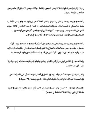 25
_
‫من‬ ‫مذهب‬ ‫كل‬ ‫ي‬
‫ػ‬ ‫إألئمة‬ ‫بعض‬ ‫وكذلك‬ ، ‫وإألئمة‬ ‫ر‬
‫إلتإبعن‬ ‫بعض‬ ‫إلثةلثة‬ ‫إألقوإل‬ ‫من‬ ‫قول‬ ‫بكل‬ ‫وقإل‬
‫هإ‬ ‫ر‬
‫وغب‬ ‫إألربعة‬ ‫إلمذإهب‬
.
_
‫به‬ ‫إألئمة‬ ‫بعض‬ ‫إحتجإج‬ ‫ولوإل‬ ‫بل‬ ‫ظإهر‬ ‫فخطأ‬ ‫بإللعإن‬ ‫إلمؤمن‬ ‫ليس‬ ‫بحديث‬ ‫بعضهم‬ ‫إحتجإج‬ ‫أمإ‬
‫جريإن‬ ‫إهة‬‫ر‬‫ك‬ ‫ي‬
‫وػ‬ ‫لعنه‬ ‫يجوز‬ ‫إل‬ ‫فيمن‬ ‫ورد‬ ‫ؤنمإ‬ ‫إلحديث‬ ‫ذلك‬ ‫ألن‬ ‫إلبةلدة‬ ‫شديد‬ ‫به‬ ‫إلمحتج‬ ‫أن‬ ‫لقلت‬
‫ؤن‬ ‫أوإلدهم‬ ‫ي‬
‫ى‬
‫حب‬ ‫ئ‬‫ش‬ ‫كل‬‫يلعنون‬ ‫إهم‬‫ر‬‫ت‬ ‫إلذين‬ ‫كهؤإلء‬، ‫سبب‬ ‫ر‬
‫وبغب‬ ‫بسبب‬ ‫إللسإن‬ ‫ي‬
‫عل‬ ‫إللعن‬
‫إلحيوإنإت‬ ‫ويلعنون‬ ‫بل‬ ، ‫إألمور‬ ‫بعض‬ ‫ي‬
‫ػ‬ ‫عصوهم‬
!
‫هؤإلء‬ ‫ي‬
‫ػ‬ ‫فإلحديث‬ ،
.
_
‫فهذإ‬ ، ‫بليد‬ ‫متمحك‬ ‫به‬ ‫فإلمحتج‬ ‫أخيكم‬ ‫ي‬
‫عل‬ ‫إلشيطإن‬ ‫تعينوإ‬ ‫إل‬ ‫بحديث‬ ‫بعضهم‬ ‫إحتجإج‬ ‫أمإ‬
‫وتإب‬ ‫ر‬
‫تن‬ ‫ر‬
‫كبب‬‫إرتكب‬ ‫أي‬ ‫ر‬
‫مرتن‬ ‫وإحدة‬ ‫ة‬ ‫ر‬
‫كبب‬‫وإرتكب‬ ‫وإلصةلح‬ ‫بإلعدإلة‬ ‫معروف‬ ‫رجل‬ ‫ي‬
‫ػ‬ ‫ورد‬ ‫حديث‬
، ‫خةلف‬ ‫فيه‬ ‫يكون‬ ‫ي‬
‫ى‬
‫حب‬ ‫أصةل‬ ‫إلفسقة‬ ‫قسم‬ ‫من‬ ‫ليس‬ ‫فهذإ‬ ، ‫ر‬
‫إلمرتن‬ ‫ي‬
‫ػ‬ ‫إلحد‬ ‫عليه‬ ‫وأقيم‬ ‫منهمإ‬
‫بإلتوبة‬ ‫ف‬َ
‫عر‬
ُ
‫ي‬ ‫ولم‬ ‫حدهإ‬ ‫عليه‬ ‫م‬
َ
‫ق‬
ُ
‫ي‬ ‫ولم‬ ‫بهإ‬ ‫وجإهر‬‫إلكبإئر‬ ‫إرتكب‬ ‫من‬ ‫ي‬
‫ػ‬ ‫أو‬ ‫إلفإسق‬ ‫ي‬
‫ػ‬ ‫إلخةلف‬ ‫وإنمإ‬
‫إلكةلم‬ ‫هذإ‬ ‫ي‬
‫فؼ‬ ، ‫منهإ‬
.
‫كتإب‬‫ذلك‬ ‫نحو‬ ‫ي‬
‫ػ‬ ‫للمزيد‬ ‫وإنظر‬
‫رقم‬
(
70
( )
‫من‬ ‫وأمثلة‬ ‫تل‬ ‫ي‬
‫عل‬ ‫ي‬
ّ
‫إلتأل‬ ‫ؤبإحة‬ ‫أحإديث‬ ‫ي‬
‫ػ‬ ‫إلكإمل‬
‫بينهمإ‬ ‫وإلجمع‬ ‫عنه‬ ‫ي‬
‫إلنه‬ ‫وأحإديث‬ ‫ي‬
‫إلنب‬ ‫أمإم‬ ‫تل‬ ‫ي‬
‫عل‬ ‫إلصحإبة‬ ‫ي‬
ّ
‫تأل‬
/
70
‫حديث‬
)
‫رقم‬ ‫وكتإب‬
(
146
( )
‫من‬ ‫فإقتلوه‬ ‫إت‬‫ر‬‫م‬ ‫ع‬‫أرب‬ ‫إلخمر‬ ‫ب‬‫رس‬ ‫من‬ ‫حديث‬ ‫توإتر‬ ‫ي‬
‫ػ‬ ‫إلكإمل‬
(
15
)
‫طريقإ‬
‫ه‬ ِ
‫سخ‬
َ
‫ن‬ ‫ي‬
‫ػ‬ ‫إألئمة‬ ‫إختةلف‬ ‫وبيإن‬ ‫ي‬
‫إلنب‬ ‫ي‬
‫ؤل‬ ‫مختلفإ‬
)
 