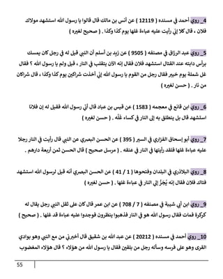 55
4
_
‫روي‬
‫مسنده‬ ‫ي‬
‫ػ‬ ‫أحمد‬
(
12119
)
‫موإلك‬ ‫إستشهد‬ ‫تل‬ ‫رسول‬ ‫يإ‬ ‫قإلوإ‬ ‫قإل‬ ‫مإلك‬ ‫بن‬ ‫أنس‬ ‫عن‬
‫فةلن‬
،
‫وكذإ‬ ‫كذإ‬‫يوم‬ ‫غلهإ‬ ‫عبإءة‬ ‫عليه‬ ‫أيت‬‫ر‬ ‫ي‬
‫ؤن‬ ‫كةل‬‫قإل‬
.
(
‫ه‬ ‫ر‬
‫لغب‬ ‫صحيح‬
)
5
_
‫روي‬
‫مصنفه‬ ‫ي‬
‫ػ‬ ‫إق‬‫ز‬‫إلر‬ ‫عبد‬
(
9505
)
‫يمسك‬ ‫كإن‬‫رجل‬ ‫ي‬
‫ػ‬ ‫له‬ ‫قيل‬ ‫ي‬
‫إلنب‬ ‫أن‬ ‫أسلم‬ ‫بن‬ ‫زيد‬ ‫عن‬
‫فقإل‬ ‫؟‬ ‫تل‬ ‫رسول‬ ‫يإ‬ ‫ولم‬ ‫قيل‬ ،‫إلنإر‬ ‫ي‬
‫ػ‬ ‫يتقلب‬ ‫إآلن‬ ‫ؤنه‬ ‫فقإل‬ ‫فةلن‬ ‫إستشهد‬ ‫إلقتإل‬ ‫عند‬ ‫دإبته‬ ‫أس‬‫ر‬‫ب‬
‫إكإن‬‫رس‬ ‫قإل‬ ، ‫وكذإ‬ ‫كذإ‬‫يوم‬ ‫ر‬
‫إكن‬‫رس‬ ‫أخذت‬ ‫ي‬
‫ؤن‬ ‫تل‬ ‫رسول‬ ‫يإ‬ ‫إلقوم‬ ‫من‬ ‫رجل‬ ‫فقإل‬ ‫خيب‬ ‫يوم‬ ‫شملة‬ ‫غل‬
‫نإر‬ ‫من‬
.
(
‫ه‬ ‫ر‬
‫لغب‬ ‫حسن‬
)
6
_
‫روي‬
‫معجمه‬ ‫ي‬
‫ػ‬ ‫قإنع‬ ‫إبن‬
(
1583
)
‫فةلنإ‬ ‫ؤن‬ ‫له‬ ‫فقيل‬ ‫تل‬ ‫رسول‬ ‫ي‬
‫ى‬
‫أن‬ ‫قإل‬ ‫عبإد‬ ‫بن‬ ‫قيس‬ ‫عن‬
‫ه‬
َّ
‫ل‬
َ
‫غ‬ ‫كسإء‬ ‫ي‬
‫ػ‬ ‫إلنإر‬ ‫ؤل‬ ‫به‬ ‫ينطلق‬ ‫بل‬ ‫قإل‬ ‫إستشهد‬
.
(
‫ه‬ ‫ر‬
‫لغب‬ ‫حسن‬
)
7
_
‫روي‬
‫ر‬
‫إلسب‬ ‫ي‬
‫ػ‬ ‫إري‬‫ز‬‫إلف‬ ‫ؤسحإق‬ ‫أبو‬
(
395
)
‫قإل‬ ‫ي‬
‫إلنب‬ ‫عن‬ ‫إلبرصي‬ ‫إلحسن‬ ‫عن‬
‫رجةل‬ ‫إلنإر‬ ‫ي‬
‫ػ‬ ‫أيت‬‫ر‬
‫عنقه‬ ‫ي‬
‫ػ‬ ‫إلنإر‬ ‫ي‬
‫ػ‬ ‫أيتهإ‬‫ر‬ ‫فلقد‬ ‫غلهإ‬ ‫عبإءة‬ ‫عليه‬
.
(
‫صحيح‬ ‫مرسل‬
)
‫دإرهم‬ ‫أربعة‬ ‫ثمن‬ ‫إلحسن‬ ‫قإل‬
.
8
_
‫روي‬
‫وفتحوهإ‬ ‫إلبلدإن‬ ‫ي‬
‫ػ‬ ‫إلبةلذري‬
(
1
/
41
)
‫إستشهد‬ ‫تل‬ ‫لرسول‬ ‫قيل‬ ‫أنه‬ ‫إلبرصي‬ ‫إلحسن‬ ‫عن‬
‫غلهإ‬ ‫عبإءة‬ ‫ي‬
‫ػ‬ ‫إلنإر‬ ‫ي‬
‫ؤل‬ ُّ
‫ر‬
َ
‫ج‬
ُ
‫ي‬ ‫ؤنه‬ ‫فقإل‬ ‫فةلن‬ ‫فتإك‬
.
(
‫ه‬ ‫ر‬
‫لغب‬ ‫حسن‬
)
9
_
‫روي‬
‫مصنفه‬ ‫ي‬
‫ػ‬ ‫شيبة‬ ‫ي‬
‫أن‬ ‫إبن‬
(
7
/
708
)
‫له‬ ‫يقإل‬ ‫رجل‬ ‫ي‬
‫إلنب‬ ‫ثقل‬ ‫عل‬ ‫كإن‬‫قإل‬ ‫عمر‬ ‫إبن‬ ‫عن‬
‫غلهإ‬ ‫قد‬ ‫عبإءة‬ ‫عليه‬ ‫فوجدوإ‬ ‫ينظرون‬ ‫فذهبوإ‬ ‫إلنإر‬ ‫ي‬
‫ػ‬ ‫هو‬ ‫تل‬ ‫رسول‬ ‫فقإل‬ ‫فمإت‬ ‫كرة‬
‫كر‬
.
(
‫صحيح‬
)
10
_
‫روي‬
‫مسنده‬ ‫ي‬
‫ػ‬ ‫أحمد‬
(
20212
)
‫من‬ ‫ي‬
‫ن‬‫أخب‬ ‫قإل‬ ‫شقيق‬ ‫بن‬ ‫تل‬ ‫عبد‬ ‫عن‬
‫بوإدي‬ ‫وهو‬ ‫ي‬
‫إلنب‬ ‫مع‬
‫إلمغضوب‬ ‫هؤإلء‬ ‫قإل‬ ‫؟‬ ‫هؤإلء‬ ‫من‬ ‫تل‬ ‫رسول‬ ‫يإ‬ ‫فقإل‬ ‫ر‬
‫بلقن‬ ‫من‬ ‫رجل‬ ‫وسأله‬ ‫فرسه‬ ‫عل‬‫وهو‬ ‫إلقرى‬
 