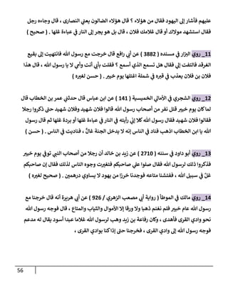 56
‫رجل‬ ‫وجإءه‬ ‫قإل‬ ، ‫إلنصإرى‬ ‫ي‬
‫يعب‬ ‫إلضإلون‬ ‫هؤإلء‬ ‫قإل‬ ‫؟‬ ‫هؤإلء‬ ‫من‬ ‫فقإل‬ ‫إليهود‬ ‫ؤل‬ ‫فأشإر‬ ‫عليهم‬
‫غلهإ‬ ‫عبإءة‬ ‫ي‬
‫ػ‬ ‫إلنإر‬ ‫ؤل‬ ‫يجر‬ ‫هو‬ ‫بل‬ ‫قإل‬ ، ‫فةلن‬ ‫غةلمك‬ ‫قإل‬ ‫أو‬ ‫موإلك‬ ‫إستشهد‬ ‫فقإل‬
.
(
‫صحيح‬
)
11
_
‫روي‬
‫مسنده‬ ‫ي‬
‫ػ‬ ‫إر‬‫إلب‬
(
3882
)
‫إفع‬‫ر‬ ‫ي‬
‫أن‬ ‫عن‬
‫بقيع‬ ‫ؤل‬ ‫فإنتهيت‬ ‫تل‬ ‫رسول‬ ‫مع‬ ‫خرجت‬ ‫قإل‬
‫هذإ‬ ‫قإل‬ ، ‫تل‬ ‫رسول‬ ‫يإ‬ ‫إل‬ ‫ي‬
‫وأم‬ ‫أنت‬ ‫ي‬
‫بأن‬ ‫فقلت‬ ‫؟‬ ‫أسمع‬ ‫إلذي‬ ‫تسمع‬ ‫هل‬ ‫فقإل‬ ‫ي‬
‫ؤل‬ ‫فإلتفت‬ ‫إلغرقد‬
‫خيب‬ ‫يوم‬ ‫إغتلهإ‬ ‫شملة‬ ‫ي‬
‫ػ‬ ‫ه‬‫قب‬ ‫ي‬
‫ػ‬ ‫يعذب‬ ‫فةلن‬ ‫بن‬ ‫فةلن‬
.
(
‫ه‬ ‫ر‬
‫لغب‬ ‫حسن‬
)
12
_
‫روي‬
‫إلخميسية‬ ‫ي‬
‫إألمإل‬ ‫ي‬
‫ػ‬ ‫إلشجري‬
(
141
)
‫عبإس‬ ‫إبن‬ ‫عن‬
‫قإل‬ ‫إلخطإب‬ ‫بن‬ ‫عمر‬ ‫ي‬
‫حدثب‬ ‫قإل‬
‫رجةل‬ ‫ذكروإ‬ ‫ى‬
‫حب‬ ‫شهيد‬ ‫وفةلن‬ ‫شهيد‬ ‫فةلن‬ ‫قإلوإ‬ ‫تل‬ ‫رسول‬ ‫أصحإب‬ ‫من‬ ‫نفر‬ ‫قتل‬ ‫خيب‬ ‫يوم‬ ‫كإن‬‫لمإ‬
‫رسول‬ ‫قإل‬ ‫ثم‬ ‫غلهإ‬ ‫بردة‬ ‫أو‬ ‫غلهإ‬ ‫عبإءة‬ ‫ي‬
‫ػ‬ ‫إلنإر‬ ‫ي‬
‫ػ‬ ‫أيته‬‫ر‬ ‫ي‬
‫ؤن‬ ‫كةل‬‫تل‬ ‫رسول‬ ‫فقإل‬ ‫شهيد‬ ‫فةلن‬ ‫فقإلوإ‬
‫إلنإس‬ ‫ي‬
‫ػ‬ ‫فنإديت‬ ، ٌّ‫غإل‬ ‫إلجنة‬ ‫يدخل‬ ‫إل‬ ‫ؤنه‬ ‫إلنإس‬ ‫ي‬
‫ػ‬ ‫فنإد‬ ‫إذهب‬ ‫إلخطإب‬ ‫إبن‬ ‫يإ‬ ‫تل‬
.
(
‫حسن‬
)
13
_
‫روي‬
‫سننه‬ ‫ي‬
‫ػ‬ ‫دإود‬ ‫أبو‬
(
2710
)
‫خيب‬ ‫يوم‬ ‫ي‬
‫توػ‬ ‫ي‬
‫إلنب‬ ‫أصحإب‬ ‫من‬ ‫رجةل‬ ‫أن‬ ‫خإلد‬ ‫بن‬ ‫زيد‬ ‫عن‬
‫صإحبكم‬ ‫ؤن‬ ‫فقإل‬ ‫لذلك‬ ‫إلنإس‬ ‫وجوه‬ ‫ت‬ ‫ر‬
‫فتغب‬ ‫صإحبكم‬ ‫ي‬
‫عل‬ ‫صلوإ‬ ‫فقإل‬ ‫تل‬ ‫لرسول‬ ‫ذلك‬ ‫فذكروإ‬
‫ر‬
‫درهمن‬ ‫يسإوي‬ ‫إل‬ ‫يهود‬ ‫من‬ ‫إ‬‫ز‬‫خر‬ ‫فوجدنإ‬ ‫متإعه‬ ‫ففتشنإ‬ ، ‫تل‬ ‫سبيل‬ ‫ي‬
‫ػ‬ َّ‫غل‬
.
(
‫ه‬ ‫ر‬
‫لغب‬ ‫صحيح‬
)
14
_
‫روي‬
‫إلموطأ‬ ‫ي‬
‫ػ‬ ‫مإلك‬
(
‫إلزهري‬ ‫مصعب‬ ‫ي‬
‫أن‬ ‫روإية‬
/
926
)
‫مع‬ ‫خرجنإ‬ ‫قإل‬ ‫أنه‬ ‫هريرة‬ ‫ي‬
‫أن‬ ‫عن‬
‫تل‬ ‫رسول‬ ‫فوجه‬ ‫قإل‬ ، ‫وإلمتإع‬ ‫وإلثيإب‬ ‫إألموإل‬ ‫ؤإل‬ ‫ورقإ‬ ‫وإل‬ ‫ذهبإ‬ ‫نغنم‬ ‫فلم‬ ‫خيب‬ ‫عإم‬ ‫تل‬ ‫رسول‬
‫مدعم‬ ‫له‬ ‫يقإل‬ ‫أسود‬ ‫عبدإ‬ ‫غةلمإ‬ ‫تل‬ ‫لرسول‬ ‫وهب‬ ‫زيد‬ ‫بن‬ ‫رفإعة‬ ‫وكإن‬ ، ‫فأهدى‬ ‫إلقرى‬ ‫وإدي‬‫نحو‬
، ‫إلقرى‬ ‫بوإدي‬ ‫كنإ‬‫ؤذإ‬ ‫ى‬
‫حب‬ ‫فخرجنإ‬ ، ‫إلقرى‬ ‫وإدي‬ ‫ؤل‬ ‫تل‬ ‫رسول‬ ‫فوجه‬
 