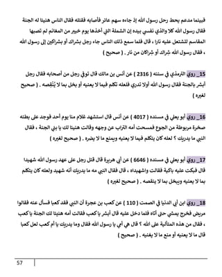 57
‫إلجنة‬ ‫له‬ ‫هنيئإ‬ ‫إلنإس‬ ‫فقإل‬ ‫فقتله‬ ‫فأصإبه‬ ‫عإئر‬ ‫سهم‬ ‫جإءه‬ ‫ؤذ‬ ‫تل‬ ‫رسول‬ ‫رحل‬ ‫يحط‬ ‫مدعم‬ ‫فبينمإ‬
‫تصبهإ‬ ‫لم‬ ‫إلمغإنم‬ ‫من‬ ‫خيب‬ ‫يوم‬ ‫أخذهإ‬ ‫ي‬
‫ى‬
‫إلب‬ ‫إلشملة‬ ‫ؤن‬ ‫بيده‬ ‫ي‬
‫نفس‬ ‫وإلذي‬ ‫كةل‬‫تل‬ ‫رسول‬ ‫فقإل‬
‫تل‬ ‫رسول‬ ‫ؤل‬ ‫ر‬
‫إكن‬‫بش‬ ‫أو‬ ‫إك‬‫بش‬ ‫رجل‬ ‫جإء‬ ‫إلنإس‬ ‫ذلك‬ ‫سمع‬ ‫فلمإ‬ ‫قإل‬ ، ‫إ‬‫ر‬‫نإ‬ ‫عليه‬ ‫لتشتعل‬ ‫إلمقإسم‬
‫نإر‬ ‫من‬ ‫إكإن‬ ِ
‫رس‬‫أو‬ ‫إك‬ ِ
‫رس‬ ‫تل‬ ‫رسول‬ ‫فقإل‬ ،
.
(
‫صحيح‬
)
15
_
‫روي‬
‫سننه‬ ‫ي‬
‫ػ‬ ‫مذي‬ ‫ى‬
‫إلب‬
(
2316
)
‫رجل‬ ‫فقإل‬ ‫أصحإبه‬ ‫من‬ ‫رجل‬ ‫ي‬
‫توػ‬ ‫قإل‬ ‫مإلك‬ ‫بن‬ ‫أنس‬ ‫عن‬
‫صه‬ ِ
‫ق‬
ْ
‫ن‬
ُ
‫ي‬ ‫إل‬ ‫بمإ‬ ‫بخل‬ ‫أو‬ ‫يعنيه‬ ‫إل‬ ‫فيمإ‬ ‫تكلم‬ ‫فلعله‬ ‫تدري‬ ‫أوإل‬ ‫تل‬ ‫رسول‬ ‫فقإل‬ ‫بإلجنة‬ ‫أبش‬
.
(
‫صحيح‬
‫ه‬ ‫ر‬
‫لغب‬
)
16
_
‫روي‬
‫مسنده‬ ‫ي‬
‫ػ‬ ‫ي‬
‫يعل‬ ‫أبو‬
(
4017
)
‫بطنه‬ ‫عل‬ ‫فوجد‬ ‫أحد‬ ‫يوم‬ ‫منإ‬ ‫غةلم‬ ‫إستشهد‬ ‫قإل‬ ‫أنس‬ ‫عن‬
‫فقإل‬ ، ‫إلجنة‬ ‫ي‬
‫بب‬ ‫يإ‬ ‫لك‬ ‫هنيئإ‬ ‫وقإلت‬ ‫وجهه‬ ‫عن‬ ‫إب‬ ‫ى‬
‫إلب‬ ‫أمه‬ ‫فمسحت‬ ‫إلجوع‬ ‫من‬ ‫مربوطة‬ ‫صخرة‬
‫ه‬‫يرص‬ ‫إل‬ ‫مإ‬ ‫ويمنع‬ ‫يعنيه‬ ‫إل‬ ‫فيمإ‬ ‫يتكلم‬ ‫كإن‬‫لعله‬ ‫؟‬ ‫يدريك‬ ‫مإ‬ ‫ي‬
‫إلنب‬
.
(
‫ه‬ ‫ر‬
‫لغب‬ ‫صحيح‬
)
17
_
‫روي‬
‫مسنده‬ ‫ي‬
‫ػ‬ ‫ي‬
‫يعل‬ ‫أبو‬
(
6646
)
‫شهيدإ‬ ‫تل‬ ‫رسول‬ ‫عهد‬ ‫عل‬ ‫رجل‬ ‫قتل‬ ‫قإل‬ ‫هريرة‬ ‫ي‬
‫أن‬ ‫عن‬
‫يتكلم‬ ‫كإن‬‫ولعله‬ ‫شهيد‬ ‫أنه‬ ‫يدريك‬ ‫مإ‬ ‫مه‬ ‫ي‬
‫إلنب‬ ‫فقإل‬ ‫قإل‬ ، ‫وإشهيدإه‬ ‫فقإلت‬ ‫بإكية‬ ‫عليه‬ ‫فبكت‬ ‫قإل‬
‫ينقصه‬ ‫إل‬ ‫بمإ‬ ‫ويبخل‬ ‫يعنيه‬ ‫إل‬ ‫بمإ‬
.
(
‫ه‬ ‫ر‬
‫لغب‬ ‫صحيح‬
)
18
_
‫روي‬
‫إلصمت‬ ‫ي‬
‫ػ‬ ‫إلدنيإ‬ ‫ي‬
‫أن‬ ‫إبن‬
(
110
)
‫فقإلوإ‬ ‫عنه‬ ‫فسأل‬ ‫كعبإ‬‫فقد‬ ‫ي‬
‫إلنب‬ ‫أن‬ ‫عجرة‬ ‫بن‬ ‫كعب‬‫عن‬
‫كعب‬‫يإ‬ ‫إلجنة‬ ‫لك‬ ‫هنيئإ‬ ‫أمه‬ ‫فقإلت‬ ‫كعب‬‫يإ‬ ‫أبش‬ ‫قإل‬ ‫عليه‬ ‫دخل‬ ‫فلمإ‬ ‫أتإه‬ ‫ى‬
‫حب‬ ‫ي‬
‫يمس‬ ‫فخرج‬ ‫مريض‬
‫كعبإ‬‫لعل‬ ‫كعب‬‫أم‬ ‫يإ‬ ‫يدريك‬ ‫ومإ‬ ‫فقإل‬ ‫تل‬ ‫رسول‬ ‫يإ‬ ‫ي‬
‫أم‬ ‫ي‬
‫ه‬ ‫قإل‬ ‫؟‬ ‫تل‬ ‫عل‬ ‫إلمتألية‬ ‫هذه‬ ‫من‬ ‫فقإل‬ ،
‫يغنيه‬ ‫إل‬ ‫مإ‬ ‫منع‬ ‫أو‬ ‫يعنيه‬ ‫إل‬ ‫مإ‬ ‫قإل‬
.
(
‫صحيح‬
)
 