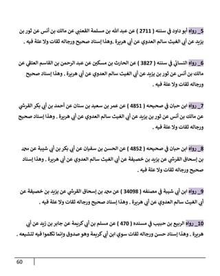 60
5
_
‫روإه‬
‫سننه‬ ‫ي‬
‫ػ‬ ‫دإود‬ ‫أبو‬
(
2711
)
‫بن‬ ‫ثور‬ ‫عن‬ ‫أنس‬ ‫بن‬ ‫مإلك‬ ‫عن‬ ‫ي‬
‫إلقعنب‬ ‫مسلمة‬ ‫بن‬ ‫تل‬ ‫عبد‬ ‫عن‬
‫هريرة‬ ‫ي‬
‫أن‬ ‫عن‬ ‫إلعدوي‬ ‫سإلم‬ ‫إلغيث‬ ‫ي‬
‫أن‬ ‫عن‬ ‫يزيد‬
.
‫فيه‬ ‫علة‬ ‫وإل‬ ‫ثقإت‬ ‫ورجإله‬ ‫صحيح‬ ‫ؤسنإد‬ ‫وهذإ‬
.
6
_
‫روإه‬
‫سننه‬ ‫ي‬
‫ػ‬ ‫ي‬
‫ئ‬
‫إلنسإن‬
(
3827
)
‫عن‬ ‫ي‬
‫ى‬
‫إلعتؼ‬ ‫إلقإسم‬ ‫بن‬ ‫إلرحمن‬ ‫عبد‬ ‫عن‬ ‫ر‬
‫مسكن‬ ‫بن‬ ‫إلحإرث‬ ‫عن‬
‫هريرة‬ ‫ي‬
‫أن‬ ‫عن‬ ‫إلعدوي‬ ‫سإلم‬ ‫إلغيث‬ ‫ي‬
‫أن‬ ‫عن‬ ‫يزيد‬ ‫بن‬ ‫ثور‬ ‫عن‬ ‫أنس‬ ‫بن‬ ‫مإلك‬
.
‫صحيح‬ ‫ؤسنإد‬ ‫وهذإ‬
‫فيه‬ ‫علة‬ ‫وإل‬ ‫ثقإت‬ ‫ورجإله‬
.
7
_
‫روإه‬
‫صحيحه‬ ‫ي‬
‫ػ‬ ‫حبإن‬ ‫إبن‬
(
4851
)
‫ي‬
‫إلقرش‬ ‫بكر‬ ‫ي‬
‫أن‬ ‫بن‬ ‫أحمد‬ ‫عن‬ ‫سنإن‬ ‫بن‬ ‫سعيد‬ ‫بن‬ ‫عمر‬ ‫عن‬
‫هريرة‬ ‫ي‬
‫أن‬ ‫عن‬ ‫إلعدوي‬ ‫سإلم‬ ‫إلغيث‬ ‫ي‬
‫أن‬ ‫عن‬ ‫يزيد‬ ‫بن‬ ‫ثور‬ ‫عن‬ ‫أنس‬ ‫بن‬ ‫مإلك‬ ‫عن‬
.
‫صحيح‬ ‫ؤسنإد‬ ‫وهذإ‬
‫فيه‬ ‫علة‬ ‫وإل‬ ‫ثقإت‬ ‫ورجإله‬
.
8
_
‫روإه‬
‫صحيحه‬ ‫ي‬
‫ػ‬ ‫حبإن‬ ‫إبن‬
(
4852
)
‫دمحم‬ ‫عن‬ ‫شيبة‬ ‫ي‬
‫أن‬ ‫بن‬ ‫بكر‬ ‫ي‬
‫أن‬ ‫عن‬ ‫سفيإن‬ ‫بن‬ ‫إلحسن‬ ‫عن‬
‫هريرة‬ ‫ي‬
‫أن‬ ‫عن‬ ‫إلعدوي‬ ‫سإلم‬ ‫إلغيث‬ ‫ي‬
‫أن‬ ‫عن‬ ‫خصيفة‬ ‫بن‬ ‫يزيد‬ ‫عن‬ ‫ي‬
‫إلقرش‬ ‫ؤسحإق‬ ‫بن‬
.
‫ؤسنإد‬ ‫وهذإ‬
‫فيه‬ ‫علة‬ ‫وإل‬ ‫ثقإت‬ ‫ورجإله‬ ‫صحيح‬
.
9
_
‫روإه‬
‫مصنفه‬ ‫ي‬
‫ػ‬ ‫شيبة‬ ‫ي‬
‫أن‬ ‫إبن‬
(
34098
)
‫عن‬ ‫خصيفة‬ ‫بن‬ ‫يزيد‬ ‫عن‬ ‫ي‬
‫إلقرش‬ ‫ؤسحإق‬ ‫بن‬ ‫دمحم‬ ‫عن‬
‫هريرة‬ ‫ي‬
‫أن‬ ‫عن‬ ‫إلعدوي‬ ‫سإلم‬ ‫إلغيث‬ ‫ي‬
‫أن‬
.
‫فيه‬ ‫علة‬ ‫وإل‬ ‫ثقإت‬ ‫ورجإله‬ ‫صحيح‬ ‫ؤسنإد‬ ‫وهذإ‬
.
10
_
‫روإه‬
‫مسنده‬ ‫ي‬
‫ػ‬ ‫حبيب‬ ‫بن‬ ‫إلربيع‬
(
470
)
‫ي‬
‫أن‬ ‫عن‬ ‫زيد‬ ‫بن‬ ‫جإبر‬ ‫عن‬ ‫كريمة‬ ‫ي‬
‫أن‬ ‫بن‬ ‫مسلم‬ ‫عن‬
‫هريرة‬
.
‫لتشيعه‬ ‫فيه‬ ‫تكلموإ‬ ‫وإنمإ‬ ‫صدوق‬ ‫وهو‬ ‫كريمة‬ ‫ي‬
‫أن‬ ‫إبن‬ ‫سوي‬ ‫ثقإت‬ ‫ورجإله‬ ‫حسن‬ ‫ؤسنإد‬ ‫وهذإ‬
.
 