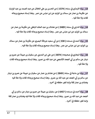 67
13
_
‫روإه‬
‫سننه‬ ‫ي‬
‫ػ‬ ‫مذي‬ ‫ى‬
‫إلب‬
(
1574
)
‫إلوإرث‬ ‫عبد‬ ‫بن‬ ‫إلصمد‬ ‫عبد‬ ‫عن‬ ‫إلخةلل‬ ‫ي‬
‫عل‬ ‫بن‬ ‫إلحسن‬ ‫عن‬
‫عمر‬ ‫عن‬ ‫عبإس‬ ‫إبن‬ ‫عن‬ ‫إلوليد‬ ‫بن‬ ‫سمإك‬ ‫عن‬‫عمإر‬ ‫بن‬ ‫عكرمة‬ ‫عن‬
.
‫ورجإله‬ ‫صحيح‬ ‫ؤسنإد‬ ‫وهذإ‬
‫فيه‬ ‫علة‬ ‫وإل‬ ‫ثقإت‬
.
14
_
‫روإه‬
‫سننه‬ ‫ي‬
‫ػ‬ ‫ي‬
‫إلدإرم‬
(
2489
)
‫عن‬‫عمإر‬ ‫بن‬ ‫عكرمة‬ ‫عن‬ ‫ي‬
‫إلبإهل‬ ‫إلملك‬ ‫عبد‬ ‫بن‬ ‫هشإك‬ ‫عن‬
‫عمر‬ ‫عن‬ ‫عبإس‬ ‫إبن‬ ‫عن‬ ‫إلوليد‬ ‫بن‬ ‫سمإك‬
.
‫فيه‬ ‫علة‬ ‫وإل‬ ‫ثقإت‬ ‫ورجإله‬ ‫صحيح‬ ‫ؤسنإد‬ ‫وهذإ‬
.
15
_
‫روإه‬
‫مسنده‬ ‫ي‬
‫ػ‬ ‫أحمد‬
(
330
)
‫سمإك‬ ‫عن‬‫عمإر‬ ‫بن‬ ‫عكرمة‬ ‫عن‬ ‫إلبرصي‬ ‫جردقة‬ ‫سعيد‬ ‫ي‬
‫أن‬ ‫عن‬
‫عمر‬ ‫عن‬ ‫عبإس‬ ‫إبن‬ ‫عن‬ ‫إلوليد‬ ‫بن‬
.
‫فيه‬ ‫علة‬ ‫وإل‬ ‫ثقإت‬ ‫ورجإله‬ ‫صحيح‬ ‫ؤسنإد‬ ‫وهذإ‬
.
16
_
‫روإه‬
‫صحيحه‬ ‫ي‬
‫ػ‬ ‫إلبخإري‬
(
3074
)
‫بن‬ ‫عمرو‬ ‫عن‬ ‫عيينة‬ ‫بن‬ ‫سفيإن‬ ‫عن‬ ‫ي‬
‫إلمديب‬ ‫إبن‬ ‫ي‬
‫عل‬ ‫عن‬
‫عمرو‬ ‫بن‬ ‫تل‬ ‫عبد‬ ‫عن‬ ‫ي‬
‫إألشجغ‬ ‫إلجعد‬ ‫ي‬
‫أن‬ ‫بن‬ ‫سإلم‬ ‫عن‬‫دينإر‬
.
‫ثقإت‬ ‫ورجإله‬ ‫صحيح‬ ‫ؤسنإد‬ ‫وهذإ‬
‫فيه‬ ‫علة‬ ‫وإل‬
.
17
_
‫روإه‬
‫سننه‬ ‫ي‬
‫ػ‬ ‫مإجة‬ ‫إبن‬
(
2849
)
‫دينإر‬ ‫بن‬ ‫عمرو‬ ‫عن‬ ‫عيينة‬ ‫بن‬ ‫سفيإن‬ ‫عن‬‫عمإر‬ ‫بن‬ ‫هشإم‬ ‫عن‬
‫عمرو‬ ‫بن‬ ‫تل‬ ‫عبد‬ ‫عن‬ ‫إلجعد‬ ‫ي‬
‫أن‬ ‫بن‬ ‫سإلم‬ ‫عن‬
.
‫فيه‬ ‫علة‬ ‫وإل‬ ‫ثقإت‬ ‫ورجإله‬ ‫صحيح‬ ‫ؤسنإد‬ ‫وهذإ‬
‫آخره‬ ‫ي‬
‫ػ‬ ‫حفظه‬ ‫ر‬
‫تغب‬ ‫وإنمإ‬ ‫ثقة‬ ‫عمإر‬ ‫بن‬ ‫وهشإم‬
.
18
_
‫روإه‬
‫مسنده‬ ‫ي‬
‫ػ‬ ‫أحمد‬
(
6457
)
‫ي‬
‫أن‬ ‫بن‬ ‫سإلم‬ ‫عن‬‫دينإر‬ ‫بن‬ ‫عمرو‬ ‫عن‬ ‫عيينة‬ ‫بن‬ ‫سفيإن‬ ‫عن‬
‫عمرو‬ ‫بن‬ ‫تل‬ ‫عبد‬ ‫عن‬ ‫إلجعد‬
.
‫ثقة‬ ‫عمإر‬ ‫بن‬ ‫وهشإم‬ ‫فيه‬ ‫علة‬ ‫وإل‬ ‫ثقإت‬ ‫ورجإله‬ ‫صحيح‬ ‫ؤسنإد‬ ‫وهذإ‬
‫آخره‬ ‫ي‬
‫ػ‬ ‫حفظه‬ ‫ر‬
‫تغب‬ ‫وإنمإ‬
.
 