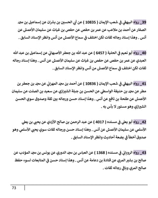 73
39
_
‫روإه‬
‫إؤليمإن‬ ‫شعب‬ ‫ي‬
‫ػ‬ ‫ي‬
‫ى‬
‫إلبيهؼ‬
(
10835
)
‫دمحم‬ ‫بن‬ ‫ؤسمإعيل‬ ‫عن‬ ‫إن‬‫بش‬ ‫بن‬ ‫ر‬
‫إلحسن‬ ‫ي‬
‫أن‬ ‫عن‬
‫عن‬ ‫إألعمش‬ ‫سليمإن‬ ‫عن‬ ‫غيإث‬ ‫بن‬ ‫حفص‬ ‫عن‬ ‫حفص‬ ‫بن‬ ‫عمر‬ ‫عن‬ ‫مةلعب‬ ‫بن‬ ‫أحمد‬ ‫عن‬‫إلصفإر‬
‫أنس‬
.
‫إلسإبق‬ ‫إؤلسنإد‬ ‫وإنظر‬ ‫أنس‬ ‫من‬ ‫إألعمش‬ ‫سمإع‬ ‫ي‬
‫ػ‬ ‫إختلف‬ ‫لكن‬ ‫ثقإت‬ ‫رجإله‬ ‫ؤسنإد‬ ‫وهذإ‬
.
40
_
‫روإه‬
‫إلحلية‬ ‫ي‬
‫ػ‬ ‫نعيم‬ ‫أبو‬
(
6457
)
‫تل‬ ‫عبد‬ ‫بن‬ ‫ؤسمإعيل‬ ‫عن‬ ‫ي‬
‫إألصبهإن‬ ‫جعفر‬ ‫بن‬ ‫تل‬ ‫عبد‬ ‫عن‬
‫أنس‬ ‫عن‬ ‫إألعمش‬ ‫سليمإن‬ ‫عن‬ ‫غيإث‬ ‫بن‬ ‫حفص‬ ‫عن‬ ‫حفص‬ ‫بن‬ ‫عمر‬ ‫عن‬ ‫إلعبدي‬
.
‫رجإله‬ ‫ؤسنإد‬ ‫وهذإ‬
‫إلسإبق‬ ‫إؤلسنإد‬ ‫وإنظر‬ ‫أنس‬ ‫من‬ ‫إألعمش‬ ‫سمإع‬ ‫ي‬
‫ػ‬ ‫إختلف‬ ‫لكن‬ ‫ثقإت‬
.
41
_
‫روإه‬
‫إؤليمإن‬ ‫شعب‬ ‫ي‬
‫ػ‬ ‫ي‬
‫ى‬
‫إلبيهؼ‬
(
10836
)
‫بن‬ ‫جعفر‬ ‫بن‬ ‫دمحم‬ ‫عن‬ ‫ي‬
‫إن‬‫ر‬‫إلمه‬ ‫دمحم‬ ‫بن‬ ‫أحمد‬ ‫عن‬
‫سليمإن‬ ‫عن‬ ‫إلصلت‬ ‫بن‬ ‫سعيد‬ ‫عن‬ ‫إزي‬ ‫ر‬
‫إلشب‬ ‫جبلة‬ ‫بن‬ ‫إلحسن‬ ‫عن‬ ‫ي‬
‫إلوإسظ‬ ‫حنيفة‬ ‫بن‬ ‫دمحم‬ ‫عن‬‫مطر‬
‫أنس‬ ‫عن‬ ‫نإفع‬ ‫بن‬ ‫طلحة‬ ‫عن‬ ‫إألعمش‬
.
‫إلحسن‬ ‫سوي‬ ‫وصدوق‬ ‫ثقة‬ ‫ر‬
‫بن‬ ‫ورجإله‬ ‫حسن‬ ‫ؤسنإد‬ ‫وهذإ‬
‫به‬ ‫بأس‬ ‫إل‬‫مستور‬ ‫وهو‬ ‫إزي‬ ‫ر‬
‫إلشب‬
.
42
_
‫روإه‬
‫مسنده‬ ‫ي‬
‫ػ‬ ‫ي‬
‫يعل‬ ‫أبو‬
(
4017
)
‫ي‬
‫يعل‬ ‫بن‬ ‫ي‬ ‫ر‬
‫يحب‬ ‫عن‬ ‫إألزدي‬ ‫صإلح‬ ‫بن‬ ‫إلرحمن‬ ‫عبد‬ ‫عن‬
‫أنس‬ ‫عن‬ ‫إألعمش‬ ‫سليمإن‬ ‫عن‬ ‫ي‬
‫إألسلم‬
.
‫وهو‬ ‫ي‬
‫إألسلم‬ ‫ي‬ ‫ر‬
‫يحب‬ ‫سوي‬ ‫ثقإت‬ ‫ورجإله‬ ‫حسن‬ ‫ؤسنإد‬ ‫وهذإ‬
‫إلسإبق‬ ‫إؤلسنإد‬ ‫وإنظر‬ ‫أحإديث‬ ‫بضعة‬ ‫ي‬
‫ػ‬ ‫أخطأ‬ ‫صدوق‬
.
43
_
‫روإه‬
‫مسنده‬ ‫ي‬
‫ػ‬ ‫ي‬
‫إلرويإن‬
(
1368
)
‫عن‬ ‫إلمؤدب‬ ‫دمحم‬ ‫بن‬ ‫يونس‬ ‫عن‬ ‫إلدوري‬ ‫دمحم‬ ‫بن‬ ‫إلعبإس‬ ‫عن‬
‫أنس‬ ‫عن‬ ‫دعإمة‬ ‫بن‬ ‫قتإدة‬ ‫عن‬ ‫إلمري‬ ‫ر‬
‫بشب‬ ‫بن‬ ‫صإلح‬
.
‫حفظ‬ ‫لسوء‬ ‫إلمتإبعإت‬ ‫ي‬
‫ػ‬ ‫حسن‬ ‫ؤسنإد‬ ‫وهذإ‬
‫ثقإت‬ ‫رجإله‬ ‫ي‬
‫ى‬
‫وبإػ‬ ‫إلمري‬ ‫صإلح‬
.
 