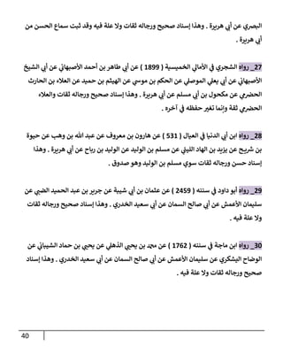40
‫هريرة‬ ‫ي‬
‫أب‬ ‫عن‬ ‫إلبرصي‬
.
‫من‬ ‫إلحسن‬ ‫سمإع‬ ‫ثبت‬ ‫وقد‬ ‫فيه‬ ‫علة‬ ‫وإل‬ ‫ثقإت‬ ‫ورجإله‬ ‫صحيح‬ ‫ؤسنإد‬ ‫وهذإ‬
‫هريرة‬ ‫ي‬
‫أب‬
.
27
_
‫روإه‬
‫إلخميسية‬ ‫ي‬
‫إألمإل‬ ‫ي‬
‫ض‬ ‫إلشجري‬
(
1899
)
‫إلشيخ‬ ‫ي‬
‫أب‬ ‫عن‬ ‫ي‬
‫إألصبهإب‬ ‫أحمد‬ ‫بن‬ ‫طإهر‬ ‫ي‬
‫أب‬ ‫عن‬
‫إلحإرث‬ ‫بن‬ ‫إلعةلء‬ ‫عن‬ ‫حميد‬ ‫بن‬ ‫إلهيثم‬ ‫عن‬ ‫ي‬
‫موخ‬ ‫بن‬ ‫إلحكم‬ ‫عن‬ ‫ي‬
‫إلموصل‬ ‫ي‬
‫يعل‬ ‫ي‬
‫أب‬ ‫عن‬ ‫ي‬
‫إألصبهإب‬
‫هريرة‬ ‫ي‬
‫أب‬ ‫عن‬ ‫مسلم‬ ‫ي‬
‫أب‬ ‫بن‬ ‫مكحول‬ ‫عن‬ ‫ي‬
‫م‬‫إلحرص‬
.
‫وإلعةلء‬ ‫ثقإت‬ ‫ورجإله‬ ‫صحيح‬ ‫ؤسنإد‬ ‫وهذإ‬
‫آخره‬ ‫ي‬
‫ض‬ ‫حفظه‬ ‫ر‬
‫تغي‬ ‫وإنمإ‬ ‫ثقة‬ ‫ي‬
‫م‬‫إلحرص‬
.
28
_
‫روإه‬
‫إلعيإل‬ ‫ي‬
‫ض‬ ‫إلدنيإ‬ ‫ي‬
‫أب‬ ‫إبن‬
(
531
)
‫حيوة‬ ‫عن‬ ‫وهب‬ ‫بن‬ ‫تل‬ ‫عبد‬ ‫عن‬ ‫معروف‬ ‫بن‬ ‫هإرون‬ ‫عن‬
‫هريرة‬ ‫ي‬
‫أب‬ ‫عن‬ ‫ربإح‬ ‫بن‬ ‫إلوليد‬ ‫عن‬ ‫إلوليد‬ ‫بن‬ ‫مسلم‬ ‫عن‬ ‫ي‬
‫ر‬
‫إلليب‬ ‫إلهإد‬ ‫بن‬ ‫يزيد‬ ‫عن‬ ‫ح‬ ‫ي‬ ‫ر‬
‫ش‬ ‫بن‬
.
‫وهذإ‬
‫صدوق‬ ‫وهو‬ ‫إلوليد‬ ‫بن‬ ‫مسلم‬ ‫سوي‬ ‫ثقإت‬ ‫ورجإله‬ ‫حسن‬ ‫ؤسنإد‬
.
29
_
‫روإه‬
‫سننه‬ ‫ي‬
‫ض‬ ‫دإود‬ ‫أبو‬
(
2459
)
‫عن‬ ‫ي‬
‫إلضب‬ ‫إلحميد‬ ‫عبد‬ ‫بن‬ ‫جرير‬ ‫عن‬ ‫شيبة‬ ‫ي‬
‫أب‬ ‫بن‬ ‫عثمإن‬ ‫عن‬
‫إلخدري‬ ‫سعيد‬ ‫ي‬
‫أب‬ ‫عن‬ ‫إلسمإن‬ ‫صإلح‬ ‫ي‬
‫أب‬ ‫عن‬ ‫إألعمش‬ ‫سليمإن‬
.
‫ثقإت‬ ‫ورجإله‬ ‫صحيح‬ ‫ؤسنإد‬ ‫وهذإ‬
‫فيه‬ ‫علة‬ ‫وإل‬
.
30
_
‫روإه‬
‫سننه‬ ‫ي‬
‫ض‬ ‫مإجة‬ ‫إبن‬
(
1762
)
‫عن‬ ‫ي‬
‫إلشيبإب‬ ‫حمإد‬ ‫بن‬ ‫ي‬ ‫ر‬
‫يحب‬ ‫عن‬ ‫ي‬
‫إلذهل‬ ‫ي‬ ‫ر‬
‫يحب‬ ‫بن‬ ‫دمحم‬ ‫عن‬
‫إلخدري‬ ‫سعيد‬ ‫ي‬
‫أب‬ ‫عن‬ ‫إلسمإن‬ ‫صإلح‬ ‫ي‬
‫أب‬ ‫عن‬ ‫إألعمش‬ ‫سليمإن‬ ‫عن‬ ‫إليشكري‬ ‫إلوضإح‬
.
‫ؤسنإد‬ ‫وهذإ‬
‫فيه‬ ‫علة‬ ‫وإل‬ ‫ثقإت‬ ‫ورجإله‬ ‫صحيح‬
.
 