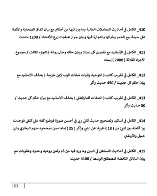153
410
_
‫وإألئمة‬ ‫إلصحإبة‬ ‫إتفإق‬ ‫بيإن‬ ‫مع‬ ‫أحكإم‬ ‫من‬ ‫فيهإ‬ ‫ورد‬ ‫ومإ‬ ‫إلمإلية‬ ‫إلمعإمةلت‬ ‫أحإديث‬ ‫ي‬
‫ف‬ ‫إلكإمل‬
‫إألعضإء‬ ‫ع‬
‫زر‬ ‫عمليإت‬‫جوإز‬ ‫وبيإن‬ ‫فيهإ‬ ‫وإلتجإرة‬ ‫إئهإ‬ ‫ر‬
‫وش‬‫إلخمر‬ ‫بيع‬ ‫حرمة‬ ‫ي‬
‫عل‬
/
1200
‫حديث‬
411
_
‫روإته‬ ‫وحإل‬ ‫حإله‬ ‫وبيإن‬ ‫ؤسنإد‬ ‫كل‬‫تفصيل‬ ‫مع‬ ‫إألسإنيد‬ ‫ي‬
‫ف‬ ‫إلكإمل‬
/
‫إلثإلث‬ ‫إلجزء‬
/
‫مجموع‬
‫إلثةلثة‬ ‫إء‬‫ز‬‫إألج‬
(
7000
)
‫ؤسنإد‬
412
_
‫كتإب‬‫تقريب‬ ‫ي‬
‫ف‬ ‫إلكإمل‬
(
‫خزيمة‬ ‫إلبن‬ ‫إلرب‬ ‫صفإت‬ ‫وإثبإت‬ ‫إلتوحيد‬
)
‫مع‬ ‫إألسإنيد‬ ‫بحذف‬
‫حديث‬ ‫كل‬‫حكم‬ ‫بيإن‬
/
450
‫وأثر‬ ‫حديث‬
413
_
‫كتإب‬‫تقريب‬ ‫ي‬
‫ف‬ ‫إلكإمل‬
(
‫ي‬
‫للدإرقطب‬ ‫إلصفإت‬
)
‫حديث‬ ‫كل‬‫حكم‬ ‫بيإن‬ ‫مع‬ ‫إألسإنيد‬ ‫بحذف‬
/
50
‫وأثر‬ ‫حديث‬
414
_
‫فوجدت‬ ‫ي‬
‫كتف‬ ‫ي‬
‫عل‬ ‫كفه‬‫فوضع‬ ‫صورة‬ ‫أحسن‬ ‫ي‬
‫ف‬ ‫ي‬
‫رب‬ ‫ي‬
‫أتإب‬ ‫حديث‬ ‫وتصحيح‬ ‫أسإنيد‬ ‫ي‬
‫ف‬ ‫إلكإمل‬
‫من‬ َّ
‫ي‬ ‫ي‬
‫ثدب‬ ‫ر‬
‫بي‬ ‫أنإمله‬ ‫برد‬
(
18
)
‫كر‬ِ
‫وذ‬ ‫ي‬
‫إلنب‬ ‫عن‬ ‫طريقإ‬
(
25
)
‫وإبن‬ ‫إلبخإري‬ ‫منهم‬ ‫صححوه‬ ‫ممن‬ ‫ؤمإمإ‬
‫مذي‬ ‫ر‬
‫وإلي‬ ‫حنبل‬
415
_
‫مع‬ ‫وعقوبإت‬ ‫وحدود‬ ‫ووعيد‬ ‫ولعن‬ ‫ذم‬ ‫من‬ ‫فيه‬ ‫ورد‬ ‫ومإ‬ ‫إلدين‬ ‫ي‬
‫ف‬ ‫إلتسإهل‬ ‫أحإديث‬ ‫ي‬
‫ف‬ ‫إلكإمل‬
‫إلوسط‬ ‫لمصطلح‬ ‫إلنإقضة‬ ‫إلدإلئل‬ ‫بيإن‬
/
4100
‫حديث‬
 