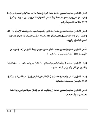 160
448
_
‫من‬ ‫إلمسجد‬ ‫ي‬
‫ف‬ ‫صةلتهإ‬ ‫من‬ ٌ ‫ر‬
‫خي‬ ‫بيتهإ‬ ‫ي‬
‫ف‬ ‫أة‬‫ر‬‫إلم‬ ‫صةلة‬ ‫حديث‬ ‫وتصحيح‬ ‫أسإنيد‬ ‫ي‬
‫ف‬ ‫إلكإمل‬
(
21
)
‫كر‬ِ
‫ذ‬ ‫مع‬ ‫ورة‬‫ض‬ ‫ر‬
‫لغي‬ ‫خروجهإ‬ ‫إهة‬‫ر‬‫وك‬ ‫ذلك‬ ‫ي‬
‫عل‬ ‫وإألئمة‬ ‫إلصحإبة‬ ‫إتفإق‬ ‫وبيإن‬ ‫ي‬
‫إلنب‬ ‫عن‬ ‫طريقإ‬
(
170
)
‫وأقوإلهم‬ ‫آثإرهم‬ ‫من‬ ‫مثإإل‬
449
_
‫من‬ ‫إؤلسةلم‬ ‫فيهدم‬ ‫أيهم‬‫ر‬‫ب‬ ‫إألمور‬ ‫يقيسون‬ ‫أنإس‬ ‫ي‬
‫ر‬
‫يأب‬ ‫حديث‬ ‫وتصحيح‬ ‫أسإنيد‬ ‫ي‬
‫ف‬ ‫إلكإمل‬
(
40
)
‫إإلحتمإإلت‬ ‫بإدخإل‬ ‫إلمتوإتر‬ ‫وتكذيب‬ ‫إلسي‬ ‫وهدم‬ ‫إلقرآن‬ ‫نقض‬ ‫ي‬
‫ف‬ ‫ر‬
‫إلمنإفقي‬ ‫عإدة‬ ‫وبيإن‬ ‫طريقإ‬
‫وإلهوي‬ ‫إج‬‫ز‬‫بإلم‬ ‫إلمجردة‬
450
_
‫من‬ ‫إلكإفر‬ ‫وجنة‬ ‫إلمؤمن‬ ‫سجن‬ ‫إلدنيإ‬ ‫حديث‬ ‫وتصحيح‬ ‫أسإنيد‬ ‫ي‬
‫ف‬ ‫إلكإمل‬
(
15
)
‫عن‬ ‫طريقإ‬
‫كر‬ِ
‫وذ‬ ‫ي‬
‫إلنب‬
(
60
)
‫به‬ ‫وإحتجوإ‬ ‫صححوه‬ ‫ممن‬ ‫ؤمإمإ‬
451
_
‫إلتشبه‬ ‫ي‬
‫ف‬ ‫ورد‬ ‫ومإ‬ ‫منهم‬ ‫فهو‬ ‫بقوم‬ ‫تشبه‬ ‫ومن‬ ‫وإلنصإري‬ ‫بإليهود‬ ‫هوإ‬َّ‫ب‬
َ
‫ش‬
َ
‫ت‬ ‫إل‬ ‫أحإديث‬ ‫ي‬
‫ف‬ ‫إلكإمل‬
‫ووعيد‬ ‫وذم‬ ‫ي‬
‫نه‬ ‫من‬ ‫بإلكإفرين‬
/
180
‫حديث‬
452
_
‫من‬ ‫إلنإر‬ ‫من‬ ‫لالعقإب‬ ٌ‫ويل‬ ‫حديث‬ ‫وتصحيح‬ ‫أسإنيد‬ ‫ي‬
‫ف‬ ‫إلكإمل‬
(
22
)
‫كر‬ِ
‫وذ‬ ‫ي‬
‫إلنب‬ ‫عن‬ ‫طريقإ‬
(
100
)
‫به‬ ‫وإحتجوإ‬ ‫صححوه‬ ‫ممن‬ ‫ؤمإم‬
453
_
‫من‬
ً
‫بإ‬
ُ
‫ح‬ ‫تزدد‬
ً
‫إ‬ّ‫ب‬ ِ
‫غ‬‫ر‬
ُ
‫ز‬ ‫حديث‬ ‫وتصحيح‬ ‫أسإنيد‬ ‫ي‬
‫ف‬ ‫إلكإمل‬
(
20
)
‫شدة‬ ‫وبيإن‬ ‫ي‬
‫إلنب‬ ‫عن‬ ‫طريقإ‬
‫ضعيف‬ ‫أنه‬ ‫زعم‬ ‫من‬ ‫تعنت‬
 
