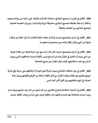 162
460
_
‫تقريب‬ ‫ي‬
‫ف‬ ‫إلكإمل‬
(
‫إلبخإري‬ ‫صحيح‬
)
‫ومتون‬ ‫روإيإت‬ ‫من‬ ‫فيه‬ ‫مإ‬ ‫ي‬
‫عل‬ ‫وإؤلبقإء‬ ‫إألسإنيد‬ ‫بحذف‬
‫وأحكإم‬
/
‫وإألسإنيد‬ ‫إلروإة‬ ‫محذوفة‬ ‫إلبخإري‬ ‫لصحيح‬ ‫مطإبقة‬ ‫نسخة‬
/
‫إلعملية‬ ‫إلعصمة‬ ‫بيإن‬ ‫مع‬
‫وإلخطأ‬ ‫إلضعف‬ ‫من‬ ‫إلبخإري‬ ‫لصحيح‬
461
_
‫من‬ ‫خليةل‬ ‫بكر‬ ‫أبإ‬ ‫إلتخذت‬ ‫خليةل‬ ‫متخذإ‬
ُ
‫كنت‬‫لو‬ ‫حديث‬ ‫وتصحيح‬ ‫أسإنيد‬ ‫ي‬
‫ف‬ ‫إلكإمل‬
(
29
)
‫كر‬ِ
‫وذ‬ ‫ي‬
‫إلنب‬ ‫عن‬ ‫طريقإ‬
(
80
)
‫به‬ ‫وإحتجوإ‬ ‫صححوه‬ ‫ممن‬ ‫ؤمإمإ‬
462
_
‫من‬ ‫فبلغه‬ ‫حديثإ‬ ‫ي‬
‫مب‬ ‫سمع‬ ‫أ‬‫ر‬‫إم‬ ‫تل‬
َّ
‫نِص‬ ‫حديث‬ ‫وتصحيح‬ ‫أسإنيد‬ ‫ي‬
‫ف‬ ‫إلكإمل‬
(
39
)
‫طريقإ‬
‫يردون‬ ‫إلذين‬ ‫ر‬
‫إلمنإفقي‬ ‫وخبث‬ ‫إلكتإبة‬ ‫وليس‬ ‫إلسمإع‬ ‫وإلسي‬ ‫إلقرآن‬ ‫ي‬
‫ف‬ ‫إألصل‬ ‫أن‬ ‫وبيإن‬ ‫ي‬
‫إلنب‬ ‫عن‬
‫إلصحإبة‬ ‫جميع‬ ‫عن‬ ‫إلقرآن‬ ‫توإتر‬ ‫ؤثبإت‬ ‫إستطإعتهم‬ ‫عدم‬ ‫مع‬ ‫إلسي‬
463
_
‫أة‬‫ر‬‫إلم‬ ‫رفع‬ ‫حرمة‬ ‫ي‬
‫عل‬ ‫وإتفإقهم‬ ‫إل‬ ‫أم‬ ‫هو‬ ‫أعورة‬ ‫أة‬‫ر‬‫إلم‬ ‫صوت‬ ‫ي‬
‫ف‬ ‫إألئمة‬ ‫إختةلف‬ ‫بيإن‬ ‫ي‬
‫ف‬ ‫إلكإمل‬
‫كر‬ِ
‫ذ‬ ‫مع‬ ‫إلقرآن‬ ‫إءة‬‫ر‬‫وق‬ ‫بإألذإن‬ ‫ولو‬ ‫بتنغيم‬ ‫صوتهإ‬
(
130
)
‫عإدة‬ ‫وبيإن‬ ‫وأقوإلهم‬ ‫آثإرهم‬ ‫من‬ ‫مثإإل‬
‫إلدين‬ ‫أئمة‬ ‫أكإبر‬ ‫كإنوإ‬‫وإن‬ ‫فيهم‬ِ‫خإل‬ ُ‫م‬ ‫إتهإم‬ ‫ي‬
‫ف‬ ‫إلحدثإء‬
464
_
‫عدم‬ ‫وبيإن‬ ‫عذإبهم‬ ‫بعد‬ ‫إلنإر‬ ‫من‬ ‫ر‬
‫إلمسلمي‬ ‫من‬ ‫ر‬
‫ي‬ِ‫ذنب‬ ُ‫إلم‬ ‫إج‬‫ر‬‫وإخ‬ ‫إلشفإعة‬ ‫أحإديث‬ ‫ي‬
‫ف‬ ‫إلكإمل‬
‫ؤيمإن‬ ‫من‬ ‫ذرة‬ ‫ي‬
‫معب‬ ‫وبيإن‬ ‫بإلكلية‬ ‫إلنإر‬ ‫ؤدخإلهم‬ ‫لعدم‬ ‫لهم‬ ‫بإلشفإعة‬ ‫حديث‬ ‫ورود‬
/
250
‫حديث‬
 