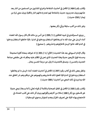 34
‫رقم‬ ‫وكتإب‬
(
464
)
(
‫بعد‬ ‫إلنإر‬ ‫من‬ ‫ر‬
‫إلمسلمي‬ ‫من‬ ‫ر‬
‫ي‬ِ‫ذنب‬ ُ‫إلم‬ ‫إج‬‫ر‬‫وإخ‬ ‫إلشفإعة‬ ‫أحإديث‬ ‫ي‬
‫ف‬ ‫إلكإمل‬
‫من‬ ‫ذرة‬ ‫ي‬
‫معب‬ ‫وبيإن‬ ‫بإلكلية‬ ‫إلنإر‬ ‫ؤدخإلهم‬ ‫لعدم‬ ‫لهم‬ ‫بإلشفإعة‬ ‫حديث‬ ‫ورود‬ ‫عدم‬ ‫وبيإن‬ ‫عذإبهم‬
‫ؤيمإن‬
/
250
‫حديث‬
)
‫بعضهإ‬ ‫كر‬ِ
‫ذ‬ ‫ي‬
‫ر‬
‫ويأب‬ ‫سإبقة‬ ‫كتب‬‫من‬ ‫ذلك‬ ‫ر‬
‫وغي‬
.
_
‫ر‬
‫إلغإفلي‬ ‫تنبيه‬ ‫ي‬
‫ف‬ ‫إلسمرقندي‬ ‫وروي‬
(
1
/
299
)
‫إلعلمإء‬ ‫تل‬ ‫رسول‬ ‫قإل‬ ‫قإل‬ ‫مإلك‬ ‫بن‬ ‫أنس‬ ‫عن‬
‫ودخلوإ‬ ‫إلسلطإن‬ ‫خإلطوإ‬ ‫فؤذإ‬ ، ‫إلدنيإ‬ ‫ي‬
‫ف‬ ‫ويدخلوإ‬ ‫إلسلطإن‬ ‫يخإلطوإ‬ ‫لم‬ ‫مإ‬ ‫تل‬ ‫عبإد‬ ‫ي‬
‫عل‬ ‫إلرسل‬ ‫أمنإء‬
‫وإحذروهم‬ ‫لوهم‬ ‫ر‬
‫فإعي‬ ‫إلرسل‬ ‫خإنوإ‬ ‫فقد‬ ‫إلدنيإ‬ ‫ي‬
‫ف‬
.
(
‫صحيح‬
)
‫إلحديث‬ ‫هذإ‬ ‫بعد‬ ‫ي‬
‫إلسيوط‬ ‫إؤلمإم‬ ‫وقإل‬
(
‫إلئلل‬
/
1
/
201
( )
‫صحيحة‬ ‫ة‬ ‫ر‬
‫كثي‬‫بمعنإه‬ ‫شوإهد‬ ‫له‬
‫صنإعة‬ ‫مقتص‬ ‫عل‬ ‫له‬ ‫يحكم‬ ‫عليه‬ ‫إلكةلم‬ ‫ي‬
‫ف‬ ‫نحن‬ ‫إلذي‬ ‫إلحديث‬ ‫وهذإ‬ ‫حديثإ‬ ‫ر‬
‫إألربعي‬ ‫فوق‬ ‫وحسنه‬
‫بإلحسن‬ ‫إلحديث‬
)
،
‫بحإل‬ ‫إلحسن‬ ‫درجة‬ ‫عن‬ ‫ل‬‫يي‬ ‫إل‬ ‫فإلحديث‬ ‫وصدق‬
.
‫رقم‬ ‫كتإب‬ ‫ي‬
‫ف‬ ‫ذلك‬ ‫بعض‬ ‫وإنظر‬
(
297
( )
‫يخإلطوإ‬ ‫لم‬ ‫مإ‬ ‫إلرسل‬ ‫أمنإء‬ ‫إلعلمإء‬ ‫أحإديث‬ ‫ي‬
‫ف‬ ‫إلكإمل‬
‫عند‬ ‫إلخلق‬ ‫ر‬
‫ش‬ ‫وهم‬ ‫دينكم‬ ‫ي‬
‫عل‬ ‫وإتهموهم‬ ‫فإحذروهم‬ ‫ذلك‬ ‫فعلوإ‬ ‫فؤذإ‬ ‫إلدنيإ‬ ‫ي‬
‫ف‬ ‫ويدخلوإ‬ ‫إلسلطإن‬
‫أحإديث‬ ‫من‬ ‫ي‬
‫إلمعب‬ ‫ذلك‬ ‫ي‬
‫ف‬ ‫ورد‬ ‫ومإ‬ ‫تل‬
/
300
‫حديث‬
)
‫وكتإب‬
‫رقم‬
(
505
)
(
‫ي‬
‫تعإل‬ ‫قوله‬ ‫أن‬ ‫وإألئمة‬ ‫إلصحإبة‬ ‫إتفإق‬ ‫ي‬
‫ف‬ ‫إلكإمل‬
(
‫وسطإ‬ ‫أمة‬
)
‫عدوإل‬ ‫ي‬
‫يعب‬
‫كر‬ِ
‫ذ‬ ‫مع‬ ‫ر‬
‫فإسقي‬ ‫ر‬
‫غي‬
(
180
)
‫ي‬
‫ف‬ ‫إلحدثإء‬ ‫كذب‬ ‫ي‬
‫عل‬ ‫ذلك‬ ‫أثر‬ ‫وبيإن‬ ‫وأقوإلهم‬ ‫آثإرهم‬ ‫من‬ ‫مثإإل‬
‫إلوسطية‬ ‫بدعوي‬ ‫إلمتوإتر‬ ‫وهدم‬ ‫إلقرآن‬ ‫تحريف‬ ‫ي‬
‫عل‬ ‫إآلية‬ ‫بهذه‬ ‫إإلحتجإج‬
)
 