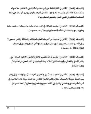 35
‫رقم‬ ‫وكتإب‬
(
508
)
(
‫صوته‬ ‫عةل‬ ‫خطب‬ ‫ؤذإ‬ ‫ي‬
‫إلنب‬ ‫كإن‬‫حديث‬ ‫ثبوت‬ ‫ي‬
‫عل‬ ‫إألئمة‬ ‫إتفإق‬ ‫ي‬
‫ف‬ ‫إلكإمل‬
‫كر‬ِ
‫ذ‬ ‫مع‬ ‫جيش‬ ‫ر‬ ِ
‫نذ‬ ُ‫م‬ ‫كأنه‬‫غضبه‬ ‫وإشتد‬
(
80
)
‫عإدة‬ ‫ي‬
‫عل‬ ‫ذلك‬ ‫أثر‬ ‫وبيإن‬ ‫وأقوإلهم‬ ‫آثإرهم‬ ‫من‬ ‫مثإإل‬
‫بهإ‬ ‫ر‬
‫إلعإملي‬ ‫وتبغيض‬ ‫إلسي‬ ‫تقبيح‬ ‫ي‬
‫ف‬ ‫ر‬
‫وإلمنإفقي‬ ‫إلحدثإء‬
)
‫رقم‬ ‫وكتإب‬
(
415
( )
‫إلكإمل‬
‫ي‬
‫ف‬
‫وحدود‬ ‫ووعيد‬ ‫ولعن‬ ‫ذم‬ ‫من‬ ‫فيه‬ ‫ورد‬ ‫ومإ‬ ‫إلدين‬ ‫ي‬
‫ف‬ ‫إلتسإهل‬ ‫أحإديث‬
‫إلوسط‬ ‫لمصطلح‬ ‫إلنإقضة‬ ‫إلدإلئل‬ ‫بيإن‬ ‫مع‬ ‫وعقوبإت‬
/
4100
‫حديث‬
)
‫رقم‬ ‫وكتإب‬
(
389
( )
‫إل‬ ‫ر‬
‫أجمعي‬ ‫وإلنإس‬ ‫وإلمةلئكة‬ ‫تل‬ ‫لعنة‬ ‫فعليه‬ ‫علمإ‬ ‫كتم‬‫من‬ ‫أحإديث‬ ‫ي‬
‫ف‬ ‫إلكإمل‬
‫تحريف‬ ‫ي‬
‫ف‬ ‫وإلفسق‬ ‫إلنفإق‬ ‫أهل‬ ‫يستعملهإ‬ ‫طرق‬ ‫ر‬
‫عش‬‫أشهر‬ ‫بيإن‬ ‫مع‬ ‫شيئإ‬ ‫عمله‬ ‫من‬ ‫تل‬ ‫يقبل‬
‫إلدإلئل‬
/
570
‫وحديث‬ ‫آية‬
)
‫رقم‬ ‫وكتإب‬
(
304
( )
‫ي‬
‫ر‬
‫حب‬ ‫إلسإعة‬ ‫تقوم‬ ‫وإل‬ ‫إلفإسق‬ ‫دح‬ ُ‫م‬ ‫ؤذإ‬ ‫يغضب‬ ‫تل‬ ‫ؤن‬ ‫أحإديث‬ ‫ي‬
‫ف‬ ‫إلكإمل‬
‫أحإديث‬ ‫من‬ ‫ي‬
‫إلمعب‬ ‫ذلك‬ ‫ي‬
‫ف‬ ‫ورد‬ ‫ومإ‬ ‫وسإدة‬ ‫أعةلمإ‬ ‫إلمنإفقون‬ ‫ويكون‬ ‫وإلفحش‬ ‫إلفسق‬ ‫ر‬
‫ينتش‬
/
1350
‫حديث‬
)
‫رقم‬ ‫وكتإب‬
(
438
)
(
‫زمإن‬ ‫ي‬
‫ر‬
‫ويأب‬ ‫أوإلهمإ‬ ‫من‬ ٌّ ‫ر‬
‫ش‬ ‫إهمإ‬‫ر‬‫أخ‬ ‫ر‬
‫جإهليتي‬ ‫ر‬
‫بي‬
ُ
‫ثت‬ ِ
‫ع‬
ُ
‫ب‬ ‫أحإديث‬ ‫ي‬
‫ف‬ ‫إلكإمل‬
‫ي‬
‫ف‬ ‫ر‬
‫إلمنإفقي‬ ‫عإدة‬ ‫وبيإن‬ ‫إلعإمة‬ ‫أمر‬ ‫ي‬
‫ف‬ ‫إلتإفه‬ ‫إلفإسق‬ ‫ويتكلم‬ ‫إ‬‫ر‬‫منك‬ ‫وإلمعروف‬ ‫معروفإ‬ ‫إلمنكر‬ ‫ر‬
‫يصي‬
‫وإلتعظيم‬ ‫وإلتفخيم‬ ‫إلمدح‬ ‫ألفإظ‬ ‫ي‬
‫ؤل‬ ‫ك‬ ‫ر‬
‫وإلش‬ ‫وإلفحش‬ ‫إلفسق‬ ‫أحكإم‬ ‫قلب‬
/
1050
‫حديث‬
)
.
‫سإبقة‬ ‫كتب‬‫من‬ ‫ذلك‬ ‫ر‬
‫وغي‬
.
 