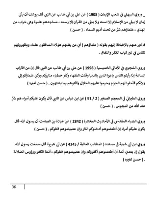 36
_
‫إؤليمإن‬ ‫شعب‬ ‫ي‬
‫ف‬ ‫ي‬
‫ر‬
‫إلبيهف‬ ‫وروي‬
(
1908
)
‫ي‬
‫ر‬
‫يأب‬ ‫أن‬ ‫يوشك‬ ‫قإل‬ ‫ي‬
‫إلنب‬ ‫عن‬ ‫طإلب‬ ‫ي‬
‫أب‬ ‫بن‬ ‫ي‬
‫عل‬ ‫عن‬
‫من‬ ‫إب‬‫ر‬‫خ‬ ‫ي‬
‫وه‬ ‫عإمرة‬ ‫مسإجدهم‬ ، ‫رسمه‬ ‫ؤإل‬ ‫إلقرآن‬ ‫من‬ ‫ي‬
‫ر‬
‫يبف‬ ‫وإل‬ ‫إسمه‬ ‫ؤإل‬ ‫إؤلسةلم‬ ‫من‬ ‫ي‬
‫ر‬
‫يبف‬ ‫إل‬ ‫زمإن‬
‫إلسمإء‬ ‫أديم‬ ‫تحت‬ ‫من‬ ُّ ‫ر‬
‫ش‬ ‫علمإؤهم‬ ، ‫إلهدي‬
.
(
‫حسن‬
)
‫بقوله‬ ‫ؤليهم‬ ‫بإؤلضإفة‬ ‫عنهم‬‫فأخي‬
(
‫علمإؤهم‬
)
‫ويظهرونهم‬ ‫علمإء‬ ‫إلمنإفقون‬ ‫هؤإلء‬ ‫يظنهم‬ ‫من‬ ‫أي‬
‫وإلنفإق‬‫إلكفر‬ ‫ثيإب‬ ‫ر‬
‫غي‬ ‫ي‬
‫ف‬ ‫للنإس‬
.
‫إلشجري‬ ‫وروي‬
‫إلخميسية‬ ‫ي‬
‫إألمإل‬ ‫ي‬
‫ف‬
(
1998
)
‫قإل‬ ‫ي‬
‫إلنب‬ ‫عن‬ ‫طإلب‬ ‫ي‬
‫أب‬ ‫بن‬ ‫ي‬
‫عل‬ ‫عن‬
‫إب‬ ‫ر‬
‫إقي‬ ‫من‬ ‫ؤن‬
‫إلنإس‬ ‫أيتم‬‫ر‬ ‫ؤذإ‬ ‫إلسإعة‬
‫ي‬
‫ؤل‬ ‫علمإؤكم‬ ‫كن‬
‫ور‬ ‫كم‬
‫منإبر‬ ‫خطبإء‬ ‫ر‬
‫وكي‬ ‫إلفقهإء‬ ‫وقلت‬ ‫بإلدنيإ‬ ‫إلدين‬ ‫بإعوإ‬
‫يشتهون‬ ‫بمإ‬ ‫وأفتوهم‬ ‫إلحةلل‬ ‫عليهم‬ ‫وحرموإ‬ ‫إم‬‫ر‬‫إلح‬ ‫لهم‬ ‫فأحلوإ‬ ‫وإلتكم‬
.
(
‫ه‬ ‫ر‬
‫لغي‬ ‫حسن‬
)
‫ر‬
‫إلصغي‬ ‫إلمعجم‬ ‫ي‬
‫ف‬ ‫ي‬
‫إب‬‫إلطي‬ ‫وروي‬
(
2
/
91
)
ٌّ ‫ر‬
‫ش‬ ‫هم‬ ‫إء‬‫ر‬‫أم‬ ‫عليكم‬ ‫يكون‬ ‫قإل‬ ‫ي‬
‫إلنب‬ ‫عن‬ ‫عبإس‬ ‫إبن‬ ‫عن‬
‫إلمجوس‬ ‫من‬ ‫تل‬ ‫عند‬
.
(
‫حسن‬
)
‫و‬
‫إلمختإرة‬ ‫إألحإديث‬ ‫ي‬
‫ف‬ ‫ي‬
‫إلمقدىس‬ ‫إلضيإء‬ ‫روي‬
(
2842
)
‫قإل‬ ‫تل‬ ‫رسول‬ ‫أن‬ ‫إلصإمت‬ ‫بن‬ ‫عبإدة‬ ‫عن‬
‫قتلوكم‬ ‫عصيتموهم‬ ‫وإن‬‫إلنإر‬ ‫أدخلوكم‬ ‫أطعتموهم‬ ‫ؤن‬ ‫إء‬‫ر‬‫أم‬ ‫عليكم‬ ‫يكون‬
.
(
‫حسن‬
)
‫مسنده‬ ‫ي‬
‫ف‬ ‫شيبة‬ ‫ي‬
‫أب‬ ‫إبن‬ ‫وروي‬
(
‫إلعإلية‬ ‫إلمطإلب‬
/
4345
)
‫تل‬ ‫رسول‬ ‫سمعت‬ ‫قإل‬ ‫هريرة‬ ‫ي‬
‫أب‬ ‫عن‬
‫إلضةللة‬ ‫ورؤوس‬‫إلكفر‬ ‫أئمة‬ ، ‫قتلوكم‬ ‫عصيتموهم‬ ‫وإن‬ ‫أكفروكم‬ ‫أطعتموهم‬ ‫أن‬ ‫أئمة‬ ‫بعدي‬ ‫ؤن‬ ‫يقول‬
.
(
‫ه‬ ‫ر‬
‫لغي‬ ‫حسن‬
)
 