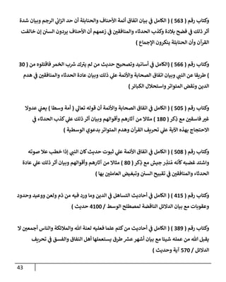 43
‫رقم‬ ‫وكتإب‬
(
563
( )
‫شدة‬ ‫وبيإن‬ ‫إلرجم‬ ‫ي‬
‫إب‬‫ز‬‫إل‬ ‫حد‬ ‫أن‬ ‫وإلحنإبلة‬ ‫إألحنإف‬ ‫أئمة‬ ‫إتفإق‬ ‫بيإن‬ ‫ي‬
‫ف‬ ‫إلكإمل‬
‫خإلفت‬ ‫ؤن‬ ‫إلسي‬ ‫يردون‬ ‫إألحنإف‬ ‫أن‬ ‫زعمهم‬ ‫ي‬
‫ف‬ ‫ر‬
‫وإلمنإفقي‬ ‫إلحدثإء‬ ‫وكذب‬ ‫بةلدة‬ ‫فضح‬ ‫ي‬
‫ف‬ ‫ذلك‬ ‫أثر‬
‫إؤلجمإع‬ ‫ينكرون‬ ‫إلحنإبلة‬ ‫وأن‬ ‫إلقرآن‬
)
‫وكتإب‬
‫رقم‬
(
566
( )
‫من‬ ‫فإقتلوه‬ ‫إلخمر‬ ‫ب‬ ‫ر‬
‫ش‬ ‫ك‬ ‫ر‬
‫يي‬ ‫لم‬ ‫من‬ ‫حديث‬ ‫وتصحيح‬ ‫أسإنيد‬ ‫ي‬
‫ف‬ ‫إلكإمل‬
(
30
)
‫هدم‬ ‫ي‬
‫ف‬ ‫ر‬
‫وإلمنإفقي‬ ‫إلحدثإء‬ ‫عإدة‬ ‫وبيإن‬ ‫ذلك‬ ‫ي‬
‫عل‬ ‫وإألئمة‬ ‫إلصحإبة‬ ‫إتفإق‬ ‫وبيإن‬ ‫ي‬
‫إلنب‬ ‫عن‬ ‫طريقإ‬
‫إلكبإئر‬ ‫وإستحةلل‬‫إلمتوإتر‬ ‫ونقض‬ ‫إلدين‬
)
‫وكتإب‬
‫رقم‬
(
505
)
(
‫ي‬
‫تعإل‬ ‫قوله‬ ‫أن‬ ‫وإألئمة‬ ‫إلصحإبة‬ ‫إتفإق‬ ‫ي‬
‫ف‬ ‫إلكإمل‬
(
‫وسطإ‬ ‫أمة‬
)
‫عدوإل‬ ‫ي‬
‫يعب‬
‫كر‬ِ
‫ذ‬ ‫مع‬ ‫ر‬
‫فإسقي‬ ‫ر‬
‫غي‬
(
180
)
‫ي‬
‫ف‬ ‫إلحدثإء‬ ‫كذب‬ ‫ي‬
‫عل‬ ‫ذلك‬ ‫أثر‬ ‫وبيإن‬ ‫وأقوإلهم‬ ‫آثإرهم‬ ‫من‬ ‫مثإإل‬
‫إلوسطية‬ ‫بدعوي‬ ‫إلمتوإتر‬ ‫وهدم‬ ‫إلقرآن‬ ‫تحريف‬ ‫ي‬
‫عل‬ ‫إآلية‬ ‫بهذه‬ ‫إإلحتجإج‬
)
‫رقم‬ ‫وكتإب‬
(
508
)
(
‫صوته‬ ‫عةل‬ ‫خطب‬ ‫ؤذإ‬ ‫ي‬
‫إلنب‬ ‫كإن‬‫حديث‬ ‫ثبوت‬ ‫ي‬
‫عل‬ ‫إألئمة‬ ‫إتفإق‬ ‫ي‬
‫ف‬ ‫إلكإمل‬
‫كر‬ِ
‫ذ‬ ‫مع‬ ‫جيش‬ ‫ر‬ ِ
‫نذ‬ ُ‫م‬ ‫كأنه‬‫غضبه‬ ‫وإشتد‬
(
80
)
‫عإدة‬ ‫ي‬
‫عل‬ ‫ذلك‬ ‫أثر‬ ‫وبيإن‬ ‫وأقوإلهم‬ ‫آثإرهم‬ ‫من‬ ‫مثإإل‬
‫بهإ‬ ‫ر‬
‫إلعإملي‬ ‫وتبغيض‬ ‫إلسي‬ ‫تقبيح‬ ‫ي‬
‫ف‬ ‫ر‬
‫وإلمنإفقي‬ ‫إلحدثإء‬
)
‫رقم‬ ‫وكتإب‬
(
415
( )
‫إلكإمل‬
‫ي‬
‫ف‬
‫وحدود‬ ‫ووعيد‬ ‫ولعن‬ ‫ذم‬ ‫من‬ ‫فيه‬ ‫ورد‬ ‫ومإ‬ ‫إلدين‬ ‫ي‬
‫ف‬ ‫إلتسإهل‬ ‫أحإديث‬
‫إلوسط‬ ‫لمصطلح‬ ‫إلنإقضة‬ ‫إلدإلئل‬ ‫بيإن‬ ‫مع‬ ‫وعقوبإت‬
/
4100
‫حديث‬
)
‫رقم‬ ‫وكتإب‬
(
389
( )
‫إل‬ ‫ر‬
‫أجمعي‬ ‫وإلنإس‬ ‫وإلمةلئكة‬ ‫تل‬ ‫لعنة‬ ‫فعليه‬ ‫علمإ‬ ‫كتم‬‫من‬ ‫أحإديث‬ ‫ي‬
‫ف‬ ‫إلكإمل‬
‫تحريف‬ ‫ي‬
‫ف‬ ‫وإلفسق‬ ‫إلنفإق‬ ‫أهل‬ ‫يستعملهإ‬ ‫طرق‬ ‫ر‬
‫عش‬‫أشهر‬ ‫بيإن‬ ‫مع‬ ‫شيئإ‬ ‫عمله‬ ‫من‬ ‫تل‬ ‫يقبل‬
‫إلدإلئل‬
/
570
‫وحديث‬ ‫آية‬
)
 