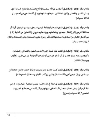 48
‫رقم‬ ‫وكتإب‬
(
304
( )
‫ي‬
‫ر‬
‫حب‬ ‫إلسإعة‬ ‫تقوم‬ ‫وإل‬ ‫إلفإسق‬ ‫دح‬ ُ‫م‬ ‫ؤذإ‬ ‫يغضب‬ ‫تل‬ ‫ؤن‬ ‫أحإديث‬ ‫ي‬
‫ف‬ ‫إلكإمل‬
‫أحإديث‬ ‫من‬ ‫ي‬
‫إلمعب‬ ‫ذلك‬ ‫ي‬
‫ف‬ ‫ورد‬ ‫ومإ‬ ‫وسإدة‬ ‫أعةلمإ‬ ‫إلمنإفقون‬ ‫ويكون‬ ‫وإلفحش‬ ‫إلفسق‬ ‫ر‬
‫ينتش‬
/
1350
‫حديث‬
)
‫رقم‬ ‫وكتإب‬
(
322
( )
‫أو‬ ‫بلة‬
ُ
‫ق‬ ‫وإن‬ ‫إلزنإ‬ ‫من‬ ‫شيئإ‬ ‫إستحل‬ ‫من‬ ‫أن‬ ‫وإألئمة‬ ‫إلصحإبة‬ ‫إتفإق‬ ‫ي‬
‫ف‬ ‫إلكإمل‬
‫كر‬ِ
‫ذ‬ ‫مع‬ ‫ر‬
َ
‫ف‬
َ
‫ك‬‫معإنقة‬
(
260
)
‫ثمإنية‬ ‫من‬ ‫إلتمثيل‬ ‫زنإ‬ ‫ي‬
‫ف‬ ‫يجتمع‬ ‫مإ‬ ‫وبيإن‬ ‫منهم‬ ‫وإمإمإ‬ ‫صحإبيإ‬
(
8
)
‫بإلقتل‬ ‫إلمستحل‬ ‫ر‬
‫وغي‬ ‫إلمستحل‬ ‫عقوبة‬‫وجوإز‬‫ر‬
َ
‫ف‬
َ
‫ك‬‫فقد‬ ‫منهإ‬ ‫وإحدة‬ ‫إستحل‬ ‫من‬ ‫إلكبإئر‬ ‫أفحش‬ ‫من‬
/
750
‫حديث‬
‫وأثر‬
)
‫رقم‬ ‫وكتإب‬
(
305
( )
‫ر‬
‫كي‬ ‫ر‬
‫وإلمش‬ ‫وإلنصإري‬ ‫إليهود‬ ‫من‬ ‫ألحد‬ ‫ي‬
‫إلنب‬ ‫تهنئة‬ ‫عدم‬ ‫ؤثبإت‬ ‫ي‬
‫ف‬ ‫إلكإمل‬
‫مكذوب‬ ‫طريق‬ ‫من‬ ‫ولو‬ ‫إألئمة‬ ‫أو‬ ‫إلصحإبة‬ ‫أو‬ ‫ي‬
‫إلنب‬ ‫عن‬ ‫بذلك‬ ‫أثر‬ ‫أو‬ ‫حديث‬ ‫ورود‬ ‫وعدم‬ ‫بأعيإدهم‬
‫ذلك‬ ‫دإللة‬ ‫وبيإن‬
)
‫رقم‬ ‫وكتإب‬
(
309
( )
‫ي‬
‫ف‬ ‫إلمدينة‬ ‫ي‬
‫ف‬ ‫للزنإ‬ ‫مر‬
ُ
‫إلح‬ ‫إيإت‬‫ر‬‫إل‬ ‫بيوت‬ ‫وجود‬ ‫حديث‬ ‫كذب‬‫ؤثبإت‬ ‫ي‬
‫ف‬ ‫إلكإمل‬
‫إلمحرمإت‬ ‫وإستحةلل‬‫إلكبإئر‬ ‫بإرتكإب‬ ‫ي‬
‫إلنب‬ ‫إتهم‬ ‫فقد‬ ‫بذلك‬ ‫آمن‬ ‫من‬ ‫أن‬ ‫وبيإن‬ ‫ي‬
‫إلنب‬ ‫عهد‬
)
‫رقم‬ ‫وكتإب‬
(
407
( )
‫إلرحم‬ ‫إء‬‫إستي‬ ‫وأن‬ ‫محضة‬ ‫تعبدية‬ ‫إلنسإء‬ ‫عدة‬ ‫ي‬
‫ف‬ ‫إلعلة‬ ‫أن‬ ‫ؤثبإت‬ ‫ي‬
‫ف‬ ‫إلكإمل‬
‫إت‬‫ر‬‫و‬‫إلِص‬ ‫مصطلح‬ ‫ي‬
‫عل‬ ‫ذلك‬ ‫أثر‬ ‫وبيإن‬ ‫عليهإ‬ ‫متفق‬ ‫أدلة‬ ‫ة‬ ‫ر‬
‫بعش‬ ‫إلحإإلت‬ ‫بعض‬ ‫ي‬
‫ف‬ ‫فرعية‬ ‫علة‬
‫إلخمس‬
/
90
‫وإجمإع‬ ‫حديث‬
)
 