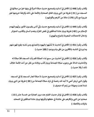 51
‫رقم‬ ‫وكتإب‬
(
448
)
(
‫ي‬
‫ف‬ ‫صةلتهإ‬ ‫من‬ ٌ ‫ر‬
‫خي‬ ‫بيتهإ‬ ‫ي‬
‫ف‬ ‫أة‬‫ر‬‫إلم‬ ‫صةلة‬ ‫حديث‬ ‫وتصحيح‬ ‫أسإنيد‬ ‫ي‬
‫ف‬ ‫إلكإمل‬
‫من‬ ‫إلمسجد‬
(
21
)
‫ر‬
‫لغي‬ ‫خروجهإ‬ ‫إهة‬‫ر‬‫وك‬ ‫ذلك‬ ‫ي‬
‫عل‬ ‫وإألئمة‬ ‫إلصحإبة‬ ‫إتفإق‬ ‫وبيإن‬ ‫ي‬
‫إلنب‬ ‫عن‬ ‫طريقإ‬
‫كر‬ِ
‫ذ‬ ‫مع‬ ‫ورة‬‫ض‬
(
170
)
‫وأقوإلهم‬ ‫آثإرهم‬ ‫من‬ ‫مثإإل‬
)
‫رقم‬ ‫وكتإب‬
(
449
)
(
‫فيهدم‬ ‫أيهم‬‫ر‬‫ب‬ ‫إألمور‬ ‫يقيسون‬ ‫أنإس‬ ‫ي‬
‫ر‬
‫يأب‬ ‫حديث‬ ‫وتصحيح‬ ‫أسإنيد‬ ‫ي‬
‫ف‬ ‫إلكإمل‬
‫من‬ ‫إؤلسةلم‬
(
40
)
‫إلمتوإتر‬ ‫وتكذيب‬ ‫إلسي‬ ‫وهدم‬ ‫إلقرآن‬ ‫نقض‬ ‫ي‬
‫ف‬ ‫ر‬
‫إلمنإفقي‬ ‫عإدة‬ ‫وبيإن‬ ‫طريقإ‬
‫وإلهوي‬ ‫إج‬‫ز‬‫بإلم‬ ‫إلمجردة‬ ‫إإلحتمإإلت‬ ‫بإدخإل‬
)
‫رقم‬ ‫وكتإب‬
(
451
)
(
‫منهم‬ ‫فهو‬ ‫بقوم‬ ‫تشبه‬ ‫ومن‬ ‫وإلنصإري‬ ‫بإليهود‬ ‫هوإ‬َّ‫ب‬
َ
‫ش‬
َ
‫ت‬ ‫إل‬ ‫أحإديث‬ ‫ي‬
‫ف‬ ‫إلكإمل‬
‫ووعيد‬ ‫وذم‬ ‫ي‬
‫نه‬ ‫من‬ ‫بإلكإفرين‬ ‫إلتشبه‬ ‫ي‬
‫ف‬ ‫ورد‬ ‫ومإ‬
/
180
‫حديث‬
)
‫رقم‬ ‫وكتإب‬
(
456
)
(
‫له‬ ‫صةلة‬ ‫فةل‬ ‫إلمسجد‬ ‫يأت‬ ‫فلم‬ ‫إلصةلة‬ ‫ندإء‬ ‫سمع‬ ‫من‬ ‫أحإديث‬ ‫ي‬
‫ف‬ ‫إلكإمل‬
‫خةلف‬ ‫إألئمة‬ ‫أحد‬ ‫عن‬ ‫نقل‬ ‫من‬ ‫وبةلدة‬ ‫كذب‬‫وبيإن‬ ‫إلجمإعة‬ ‫صةلة‬ ‫وجوب‬ ‫ي‬
‫عل‬ ‫إلدإلة‬ ‫وإألحإديث‬
‫ذلك‬
/
70
‫حديث‬
)
‫رقم‬ ‫وكتإب‬
(
457
)
(
‫إلمسجد‬ ‫ي‬
‫ف‬ ‫ؤإل‬ ‫إلمسجد‬ ‫لجإر‬ ‫صةلة‬ ‫إل‬ ‫حديث‬ ‫وتصحيح‬ ‫أسإنيد‬ ‫ي‬
‫ف‬ ‫إلكإمل‬
‫من‬ ‫إلجمإعة‬ ‫صةلة‬ ‫ترك‬ ‫ي‬
‫ف‬ ‫رخصة‬ ‫لك‬ ‫أجد‬ ‫إل‬ ‫ي‬
‫أعم‬ ‫لرجل‬ ‫ي‬
‫إلنب‬ ‫وقول‬
(
30
)
‫وبيإن‬ ‫ي‬
‫إلنب‬ ‫عن‬ ‫طريقإ‬
‫ضعيف‬ ‫أنه‬ ‫زعم‬ ‫من‬ ‫وجهإلة‬ ‫تعنت‬ ‫شدة‬
)
‫رقم‬ ‫وكتإب‬
(
458
)
(
‫ر‬
‫عش‬ ‫خمسة‬ ‫عن‬ ‫إلجنإزة‬ ‫مرور‬ ‫عند‬ ‫إلقيإم‬ ‫حديث‬ ‫توإتر‬ ‫ي‬
‫ف‬ ‫إلكإمل‬
(
15
)
‫إلتمحك‬ ‫ي‬
‫ف‬ ‫ر‬
‫إلمنإفقي‬ ‫عإدة‬ ‫وبيإن‬ ‫وتأويلهإ‬ ‫حفظهإ‬ ‫ي‬
‫ف‬ ‫عإئشة‬ ‫ي‬
‫عل‬ ‫وإنكإرهم‬ ‫ي‬
‫إلنب‬ ‫عن‬ ‫صحإبيإ‬
‫وإألخطإء‬ ‫بإلزإلت‬
)
 
