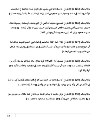 54
‫رقم‬ ‫وكتإب‬
(
325
( )
‫إستحبإب‬ ‫ي‬
‫ف‬ ‫ورد‬ ‫ومإ‬ ‫قدمإه‬ ‫تتورم‬ ‫ي‬
‫ر‬
‫حب‬ ‫ي‬
‫يصل‬ ‫ي‬
‫إلنب‬ ‫كإن‬‫أحإديث‬ ‫ي‬
‫ف‬ ‫إلكإمل‬
‫وغلو‬ ‫بدعة‬ ‫ذلك‬ ‫أن‬ ‫وزعم‬ ‫نإفق‬ ‫من‬ ‫حجج‬ ‫عن‬ ‫وإلجوإب‬ ‫إلتعبد‬ ‫ي‬
‫ف‬ ‫وإلشدة‬‫إؤلكثإر‬
/
480
‫حديث‬
)
‫رقم‬ ‫وكتإب‬
(
326
( )
‫فقإل‬ ‫وميمونة‬ ‫سلمة‬ ‫أم‬ ‫وعنده‬ ‫ي‬
‫إلنب‬ ‫ي‬
‫ر‬
‫أب‬ ‫ي‬
‫أعم‬ ‫أن‬ ‫حديث‬ ‫تصحيح‬ ‫ي‬
‫ف‬ ‫إلكإمل‬
‫ر‬
‫أربعي‬ ‫كر‬ِ
‫وذ‬ ‫إنه‬‫ِص‬‫تب‬ ‫ألستمإ‬ ‫أنتمإ‬ ‫أفعميإوإن‬ ‫فقإل‬ ‫يبِصنإ‬ ‫إل‬ ‫ي‬
‫أعم‬ ‫فقلن‬ ‫منه‬ ‫بإ‬ ِ
‫إحتج‬
(
40
)
‫ؤمإمإ‬
‫فقط‬ ‫ي‬
‫إلنب‬ ‫بأزوإج‬ ‫مخصوصإ‬ ‫ليس‬ ‫أنه‬ ‫وبيإن‬ ‫صححوه‬ ‫ممن‬
)
‫رقم‬ ‫وكتإب‬
(
327
( )
‫فيه‬ ‫يدخل‬ ‫إلموت‬ ‫إلحمو‬ ‫ي‬
‫إلنب‬ ‫قول‬ ‫ي‬
‫ف‬ ‫إلحمو‬ ‫أن‬ ‫إللغة‬ ‫أئمة‬ ‫إتفإق‬ ‫ي‬
‫ف‬ ‫إلكإمل‬
‫ر‬
‫وثةلثي‬ ‫خمسة‬ ‫كر‬ِ
‫ذ‬ ‫مع‬ ‫إبنه‬ ‫بزوجة‬ ‫خلوته‬ ‫وتحرم‬ ‫إلزوج‬ ‫أبو‬
(
35
)
‫ضعف‬ ‫شدة‬ ‫وبيإن‬ ‫منهم‬ ‫ؤمإمإ‬
‫تبعإت‬ ‫من‬ ‫تبعه‬ ‫ومإ‬ ‫خإلفهم‬ ‫من‬
)
‫رقم‬ ‫وكتإب‬
(
328
( )
‫آية‬ ‫تفصيل‬ ‫ي‬
‫ف‬ ‫إلكإمل‬
(
‫لينإ‬ ‫قوإل‬ ‫له‬ ‫فقوإل‬
)
‫مرة‬ ‫أول‬ ‫دعإه‬ ‫لمإ‬ ‫ذلك‬ ‫أن‬ ‫وبيإن‬
‫إألليم‬ ‫وإلعذإب‬ ‫إلجحيم‬ ‫ي‬
‫ف‬ ‫مخلد‬ ‫ؤنك‬ ‫وقإل‬ ‫إ‬‫ر‬‫كإف‬‫يموت‬ ‫أن‬ ‫عليه‬ ‫ودعإ‬ ‫لعنه‬ ‫يستجب‬ ‫لم‬ ‫فلمإ‬
/
30
‫و‬ ‫آية‬
40
‫أثر‬
)
‫رقم‬ ‫وكتإب‬
(
329
( )
‫ورد‬ ‫ومإ‬‫ي‬ ِ‫ك‬‫من‬ ‫ذرة‬ ‫مثقإل‬ ‫قلبه‬ ‫ي‬
‫ف‬ ‫كإن‬‫من‬ ‫إلجنة‬ ‫يدخل‬ ‫إل‬ ‫أحإديث‬ ‫ي‬
‫ف‬ ‫إلكإمل‬
‫ووعد‬ ‫وفضل‬‫أمر‬ ‫من‬ ‫إلتوإضع‬ ‫ي‬
‫وف‬ ‫ووعيد‬ ‫ولعن‬ ‫وذم‬ ‫ي‬
‫نه‬ ‫من‬ ‫إلتكي‬ ‫ي‬
‫ف‬
/
360
‫حديث‬
)
‫رقم‬ ‫وكتإب‬
(
330
( )
‫من‬ ‫ي‬ ِ‫ك‬‫من‬ ‫ذرة‬ ‫مثقإل‬ ‫قلبه‬ ‫ي‬
‫ف‬ ‫كإن‬‫من‬ ‫إلجنة‬ ‫يدخل‬ ‫إل‬ ‫حديث‬ ‫توإتر‬ ‫ي‬
‫ف‬ ‫إلكإمل‬
(
12
)
‫كر‬ِ
‫وذ‬ ‫ي‬
‫إلنب‬ ‫ي‬
‫ؤل‬ ‫مختلفإ‬ ‫طريقإ‬
(
50
)
‫به‬ ‫وإحتجوإ‬ ‫صححوه‬ ‫ممن‬ ‫ؤمإمإ‬
)
 
