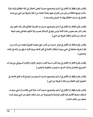 58
‫رقم‬ ‫وكتإب‬
(
368
( )
‫أة‬‫ر‬‫إم‬ ‫وأيمإ‬ ‫إلطةلق‬ ‫تل‬ ‫ي‬
‫ؤل‬ ‫إلحةلل‬ ‫أبغض‬ ‫حديث‬ ‫وتصحيح‬ ‫أسإنيد‬ ‫ي‬
‫ف‬ ‫إلكإمل‬
‫من‬ ‫إلجنة‬ ‫إئحة‬‫ر‬ ‫عليهإ‬ ‫إم‬‫ر‬‫فح‬ ‫ر‬‫ض‬ ‫ر‬
‫غي‬ ‫من‬ ‫طةلقإ‬ ‫زوجهإ‬ ‫سألت‬
(
25
)
‫بحث‬ ‫مع‬ ‫ي‬
‫إلنب‬ ‫عن‬ ‫طريقإ‬
‫وتحسينه‬ ‫إلعرش‬ ‫له‬ ‫ر‬
‫يهي‬ ‫إلطةلق‬ ‫حديث‬ ‫ي‬
‫ف‬ ‫ل‬ ّ
‫فص‬ ُ‫م‬
)
‫رقم‬ ‫وكتإب‬
(
370
( )
‫ولم‬ ‫ر‬
‫إلخي‬ ‫تل‬ ‫ر‬
ّ
‫قد‬ ‫ر‬
‫إلقإئلي‬ ‫إلقدرية‬ ‫ؤن‬ ‫حديث‬ ‫وتصحيح‬ ‫أسإنيد‬ ‫ي‬
‫ف‬ ‫إلكإمل‬
‫شيعة‬ ‫وهم‬ ‫ي‬
‫ر‬
‫شفإعب‬ ‫تنإلهم‬ ‫وإل‬ ‫نصيب‬ ‫إؤلسةلم‬ ‫ي‬
‫ف‬ ‫لهم‬ ‫وليس‬ ‫إألمة‬ ‫هذه‬ ‫مجوس‬ ‫هم‬ ‫ر‬
‫إلش‬ ‫يقدر‬
‫ر‬
‫ثمإني‬ ‫من‬ ‫إلدجإل‬
(
80
)
‫طريقإ‬
‫ي‬
‫إلنب‬ ‫عن‬
)
‫رقم‬ ‫وكتإب‬
(
374
( )
‫من‬ ‫إلنإر‬ ‫من‬ ‫مقعده‬ ‫فليتبوأ‬ ‫متعمدإ‬ َّ
‫ي‬
‫عل‬ ‫كذب‬‫من‬ ‫حديث‬ ‫توإتر‬ ‫ي‬
‫ف‬ ‫إلكإمل‬
(
50
)
‫إلغنإء‬ ‫ي‬
‫ف‬ ‫ذلك‬ ‫من‬ ‫يقع‬ ‫مإ‬ ‫ة‬ ‫ر‬
‫كي‬‫وبيإن‬ ‫فإعله‬ ‫كفر‬ ‫ي‬
‫ف‬ ‫إألئمة‬ ‫إختةلف‬ ‫وبيإن‬ ‫ي‬
‫إلنب‬ ‫ي‬
‫ؤل‬ ‫مختلفإ‬ ‫طريقإ‬
‫وإلتمثيل‬
)
‫رقم‬ ‫وكتإب‬
(
379
( )
‫كتإب‬‫نسبة‬ ‫كذب‬‫بيإن‬ ‫ي‬
‫ف‬ ‫إلكإمل‬
(
‫إؤليك‬ ‫نوإض‬
)
‫أن‬ ‫بيإن‬ ‫مع‬ ‫ي‬
‫إلسيوط‬ ‫لبلمإم‬
‫وإلتعزير‬ ‫للعقوبة‬ ‫مستوجب‬ ‫فسق‬ ‫وإلبذإء‬ ‫بإلفحش‬ ‫ح‬ ‫إلتِصي‬
)
‫رقم‬ ‫وكتإب‬
(
382
( )
‫ي‬
‫ف‬ ‫إألمعإء‬ ‫فتق‬ ‫مإ‬ ‫ؤإل‬ ‫إلرضإع‬ ‫من‬ ‫م‬ ّ
‫يحر‬ ‫إل‬ ‫حديث‬ ‫وتصحيح‬ ‫أسإنيد‬ ‫ي‬
‫ف‬ ‫إلكإمل‬
‫من‬ ‫إلفطإم‬ ‫قبل‬ ‫ر‬
‫إلحولي‬
(
16
)
‫ي‬
‫إلنب‬ ‫عن‬ ‫طريقإ‬
)
‫رقم‬ ‫وكتإب‬
(
383
( )
‫مرضت‬ ‫ي‬
‫ر‬
‫إبنب‬ ‫ؤن‬ ‫فقإلت‬ ‫ي‬
‫للنب‬ ‫أة‬‫ر‬‫إم‬ ‫أتت‬ ‫حديث‬ ‫وتصحيح‬ ‫أسإنيد‬ ‫ي‬
‫ف‬ ‫إلكإمل‬
‫ر‬
‫عش‬ ‫من‬ ‫وإلموصولة‬ ‫إلوإصلة‬ ‫فلعن‬ ‫فيه‬ ‫أفأصل‬ ‫شعرهإ‬ ‫فسقط‬
(
10
)
‫شدة‬ ‫وبيإن‬ ‫ي‬
‫إلنب‬ ‫عن‬ ‫طرق‬
‫ذلك‬ ‫خإلف‬ ‫من‬ ‫ضعف‬
)
 