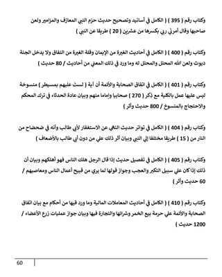 60
‫رقم‬ ‫وكتإب‬
(
395
( )
‫ولعن‬ ‫ر‬
‫إمي‬‫ز‬‫وإلم‬ ‫إلمعإزف‬ ‫ي‬
‫إلنب‬ ‫م‬ ّ
‫حر‬ ‫حديث‬ ‫وتصحيح‬ ‫أسإنيد‬ ‫ي‬
‫ف‬ ‫إلكإمل‬
‫ين‬ ‫ر‬
‫عش‬ ‫من‬ ‫بكشهإ‬ ‫ي‬
‫رب‬ ‫ي‬
‫أمرب‬ ‫وقإل‬ ‫صإحبهإ‬
(
20
)
‫ي‬
‫إلنب‬ ‫عن‬ ‫طريقإ‬
)
‫رقم‬ ‫وكتإب‬
(
400
( )
‫إلجنة‬ ‫يدخل‬ ‫وإل‬ ‫إلنفإق‬ ‫من‬ ‫ة‬ ‫ر‬
‫إلغي‬ ‫وقلة‬ ‫إؤليمإن‬ ‫من‬ ‫ة‬ ‫ر‬
‫إلغي‬ ‫أحإديث‬ ‫ي‬
‫ف‬ ‫إلكإمل‬
‫أحإديث‬ ‫من‬ ‫ي‬
‫إلمعب‬ ‫ذلك‬ ‫ي‬
‫ف‬ ‫ورد‬ ‫ومإ‬ ‫له‬ ‫وإلمحلل‬ ‫إلمحلل‬ ‫تل‬ ‫ولعن‬ ‫ديوث‬
/
80
‫حديث‬
)
‫رقم‬ ‫وكتإب‬
(
401
( )
‫آية‬ ‫أن‬ ‫وإألئمة‬ ‫إلصحإبة‬ ‫إتفإق‬ ‫ي‬
‫ف‬ ‫إلكإمل‬
(
‫بمسيطر‬ ‫عليهم‬
َ
‫لست‬
)
‫منسوخة‬
‫كر‬ِ
‫ذ‬ ‫مع‬ ‫بإلكلية‬ ‫عمل‬ ‫عليهإ‬ ‫ليس‬
(
270
)
‫إلمحكم‬ ‫ترك‬ ‫ي‬
‫ف‬ ‫إلحدثإء‬ ‫عإدة‬ ‫وبيإن‬ ‫منهم‬ ‫وإمإمإ‬ ‫صحإبيإ‬
‫بإلمنسوخ‬ ‫وإإلحتجإج‬
/
800
‫وأثر‬ ‫حديث‬
)
‫رقم‬ ‫وكتإب‬
(
404
( )
‫من‬ ‫ضحضإح‬ ‫ي‬
‫ف‬ ‫وأنه‬ ‫طإلب‬ ‫ي‬
‫ألب‬ ‫إإلستغفإر‬ ‫عن‬ ‫ي‬
‫إلنه‬ ‫حديث‬ ‫توإتر‬ ‫ي‬
‫ف‬ ‫إلكإمل‬
‫من‬ ‫إلنإر‬
(
15
)
‫بإألضعإف‬ ‫طإلب‬ ‫ي‬
‫أب‬ ‫دون‬ ‫من‬ ‫ي‬
‫عل‬ ‫ذلك‬ ‫أثر‬ ‫وبيإن‬ ‫ي‬
‫إلنب‬ ‫ي‬
‫ؤل‬ ‫مختلفإ‬ ‫طريقإ‬
)
‫رقم‬ ‫وكتإب‬
(
405
( )
‫أن‬ ‫وبيإن‬ ‫أهلكهم‬ ‫فهو‬ ‫إلنإس‬ ‫هلك‬ ‫إلرجل‬ ‫قإل‬ ‫ؤذإ‬ ‫حديث‬ ‫تفصيل‬ ‫ي‬
‫ف‬ ‫إلكإمل‬
‫ومعإصيهم‬ ‫إلنإس‬ ‫أعمإل‬ ‫قبيح‬ ‫من‬ ‫يري‬ ‫لمإ‬ ‫قولهإ‬ ‫وجوإز‬ ‫وإلعجب‬‫إلتكي‬ ‫سبيل‬ ‫ي‬
‫عل‬ ‫كإن‬‫ؤذإ‬ ‫ذلك‬
/
60
‫حديث‬
‫وأثر‬
)
‫رقم‬ ‫وكتإب‬
(
410
( )
‫إتفإق‬ ‫بيإن‬ ‫مع‬ ‫أحكإم‬ ‫من‬ ‫فيهإ‬ ‫ورد‬ ‫ومإ‬ ‫إلمإلية‬ ‫إلمعإمةلت‬ ‫أحإديث‬ ‫ي‬
‫ف‬ ‫إلكإمل‬
‫إألعضإء‬ ‫ع‬
‫زر‬ ‫عمليإت‬‫جوإز‬ ‫وبيإن‬ ‫فيهإ‬ ‫وإلتجإرة‬ ‫إئهإ‬ ‫ر‬
‫وش‬‫إلخمر‬ ‫بيع‬ ‫حرمة‬ ‫ي‬
‫عل‬ ‫وإألئمة‬ ‫إلصحإبة‬
/
1200
‫حديث‬
)
 