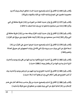 63
‫رقم‬ ‫وكتإب‬
(
159
( )
‫ورد‬ ‫أنه‬ ‫وبيإن‬ ‫إلرجإل‬ ‫شقإئق‬ ‫إلنسإء‬ ‫حديث‬ ‫وتصحيح‬ ‫أسإنيد‬ ‫ي‬
‫ف‬ ‫إلكإمل‬
‫إثة‬‫ر‬‫بإلو‬ ‫وإألمهإت‬ ‫إآلبإء‬ ‫مع‬ ‫إألبنإء‬ ‫وتشإبه‬ ‫مإع‬ ِ
‫إلج‬ ‫ي‬
‫عل‬ ‫إ‬‫ر‬‫مقصو‬ ‫مخصوصإ‬
)
‫رقم‬ ‫وكتإب‬
(
177
( )
‫من‬ ‫إلعورة‬ ‫من‬ ‫إلفخذ‬ ‫حديث‬ ‫توإتر‬ ‫ي‬
‫ف‬ ‫إلكإمل‬
(
12
)
‫ي‬
‫إلنب‬ ‫ي‬
‫ؤل‬ ‫مختلفإ‬ ‫طريقإ‬
‫كر‬ِ
‫وذ‬
(
40
)
‫خإلفه‬ ‫مإ‬ ‫ضعف‬ ‫شدة‬ ‫بيإن‬ ‫مع‬ ‫به‬ ‫وإحتجوإ‬ ‫صححوه‬ ‫ممن‬ ‫ؤمإمإ‬
)
‫رقم‬ ‫وكتإب‬
(
178
( )
‫من‬ ‫معه‬ ‫ومثله‬ ‫إلقرآن‬ ‫أوتيت‬ ‫حديث‬ ‫توإتر‬ ‫ي‬
‫ف‬ ‫إلكإمل‬
(
13
)
‫ي‬
‫ؤل‬ ‫مختلفإ‬ ‫طريقإ‬
‫كر‬ِ
‫وذ‬ ‫ي‬
‫إلنب‬
(
50
)
‫بيإن‬ ‫مع‬ ‫صححوه‬ ‫ممن‬ ‫ؤمإمإ‬
(
10
)
‫إلقرآن‬ ‫ر‬
‫غي‬ ٍّ
‫مروي‬ ‫ي‬
‫وىح‬ ‫لوجود‬ ‫عقلية‬ ‫أوجه‬
)
‫رقم‬ ‫وكتإب‬
(
179
( )
‫من‬ ‫إلقرآن‬ ‫ي‬
‫عل‬ ‫ي‬
‫ر‬
‫حديب‬ ‫إعرضوإ‬ ‫حديث‬ ‫وتصحيح‬ ‫أسإنيد‬ ‫ي‬
‫ف‬ ‫إلكإمل‬
(
9
)
‫إلعدإلة‬ ‫ي‬
‫معروف‬ ‫ر‬
‫غي‬ ‫ر‬
‫إلمجهولي‬ ‫روإيإت‬ ‫ي‬
‫ف‬ ‫قإله‬ ‫ي‬
‫إلنب‬ ‫وأن‬ ‫وروده‬ ‫سبب‬ ‫وبيإن‬ ‫ي‬
‫إلنب‬ ‫عن‬ ‫طرق‬ ‫تسعة‬
‫وإلثقة‬ ‫وإلعلم‬
)
‫رقم‬ ‫وكتإب‬
(
182
( )
‫وأحإديث‬ ‫ووعيد‬ ‫وذم‬ ‫ي‬
‫نه‬ ‫من‬ ‫فيهإ‬ ‫ورد‬ ‫ومإ‬ ‫وإألهوإء‬ ‫إلبدع‬ ‫أحإديث‬ ‫ي‬
‫ف‬ ‫إلكإمل‬
‫ووعد‬ ‫وفضل‬‫أمر‬ ‫من‬ ‫فيهإ‬ ‫ورد‬ ‫ومإ‬ ‫إلسي‬ ‫إتبإع‬
/
1300
‫حديث‬
)
‫رقم‬ ‫وكتإب‬
(
185
( )
‫بيإن‬ ‫وأحإديث‬ ‫ووعيد‬ ‫ولعن‬ ‫ذم‬ ‫من‬ ‫فيهم‬ ‫ورد‬ ‫ومإ‬ ‫إلخوإرج‬ ‫أحإديث‬ ‫ي‬
‫ف‬ ‫إلكإمل‬
‫أحدإ‬ ‫يقتلوإ‬ ‫لم‬ ‫وإن‬ ‫ي‬
‫إلنب‬ ‫أحكإم‬ ‫رفض‬ ‫هو‬ ‫إلخوإرج‬ ‫أصل‬ ‫أن‬
/
75
‫حديث‬
)
‫رقم‬ ‫وكتإب‬
(
186
( )
‫هدم‬ ‫ي‬
‫عل‬ ‫أعإن‬ ‫فقد‬ ‫بدعة‬ ‫صإحب‬ ‫ر‬
ّ
‫وق‬ ‫من‬ ‫حديث‬ ‫وتصحيح‬ ‫أسإنيد‬ ‫ي‬
‫ف‬ ‫إلكإمل‬
‫من‬ ‫إؤلسةلم‬
(
8
)
‫وأسإنيده‬ ‫طرقه‬ ‫جمع‬ ‫ي‬
‫ف‬ ‫فوه‬ ّ‫ضع‬ ‫من‬ ‫تهإون‬ ‫وبيإن‬ ‫ي‬
‫إلنب‬ ‫عن‬ ‫طرق‬ ‫ثمإنية‬
)
 