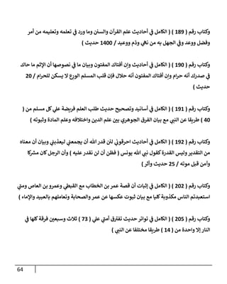 64
‫رقم‬ ‫وكتإب‬
(
189
( )
‫أمر‬ ‫من‬ ‫وتعليمه‬ ‫تعلمه‬ ‫ي‬
‫ف‬ ‫ورد‬ ‫ومإ‬ ‫وإلسي‬ ‫إلقرآن‬ ‫علم‬ ‫أحإديث‬ ‫ي‬
‫ف‬ ‫إلكإمل‬
‫ووعيد‬ ‫وذم‬ ‫ي‬
‫نه‬ ‫من‬ ‫به‬ ‫إلجهل‬ ‫ي‬
‫وف‬ ‫ووعد‬ ‫وفضل‬
/
1400
‫حديث‬
)
‫رقم‬ ‫وكتإب‬
(
190
( )
‫حإك‬ ‫مإ‬ ‫إؤلثم‬ ‫أن‬ ‫نصوصهإ‬ ‫ي‬
‫ف‬ ‫مإ‬ ‫وبيإن‬ ‫إلمفتون‬ ‫أفتإك‬ ‫وإن‬ ‫أحإديث‬ ‫ي‬
‫ف‬ ‫إلكإمل‬
‫إم‬‫ر‬‫للح‬ ‫يسكن‬ ‫إل‬ ‫ع‬ِ
‫إلور‬ ‫إلمسلم‬ ‫قلب‬ ‫فؤن‬ ‫حةلل‬ ‫أنه‬ ‫إلمفتون‬ ‫أفتإك‬ ‫وإن‬ ‫إم‬‫ر‬‫ح‬ ‫أنه‬ ‫صدرك‬ ‫ي‬
‫ف‬
/
20
‫حديث‬
)
‫رقم‬ ‫وكتإب‬
(
191
( )
‫من‬ ‫مسلم‬ ‫كل‬ ‫ي‬
‫عل‬ ‫فريضة‬ ‫إلعلم‬ ‫طلب‬ ‫حديث‬ ‫وتصحيح‬ ‫أسإنيد‬ ‫ي‬
‫ف‬ ‫إلكإمل‬
(
40
)
‫وثبوته‬ ‫إلمإدة‬ ‫وعلم‬ ‫وإختةلفه‬ ‫إلدين‬ ‫علم‬ ‫ر‬
‫بي‬ ‫إلجوهري‬ ‫إلفرق‬ ‫بيإن‬ ‫مع‬ ‫ي‬
‫إلنب‬ ‫عن‬ ‫طريقإ‬
)
‫رقم‬ ‫وكتإب‬
(
192
( )
‫معنإه‬ ‫أن‬ ‫وبيإن‬ ‫ي‬
‫ليعذبب‬ ‫ي‬
‫يجمعب‬ ‫أن‬ ‫تل‬‫قدر‬ ‫لي‬ ‫ي‬
‫إحرقوب‬ ‫أحإديث‬ ‫ي‬
‫ف‬ ‫إلكإمل‬
‫يونس‬ ‫تل‬ ‫ي‬
‫نب‬ ‫كقول‬‫إلقدرة‬ ‫وليس‬‫إلتقدير‬ ‫من‬
(
‫عليه‬‫نقدر‬ ‫لن‬ ‫أن‬ ‫فظن‬
)
‫كإ‬ ‫ر‬
‫مش‬ ‫كإن‬‫إلرجل‬ ‫وأن‬
‫موته‬ ‫قبل‬ ‫وآمن‬
/
25
‫حديث‬
‫وأثر‬
)
‫رقم‬ ‫وكتإب‬
(
202
( )
‫ي‬
‫ر‬
‫ومب‬ ‫إلعإص‬ ‫بن‬ ‫وعمرو‬ ‫ي‬
‫إلقبط‬ ‫مع‬ ‫إلخطإب‬ ‫بن‬ ‫عمر‬ ‫قصة‬ ‫أن‬ ‫ؤثبإت‬ ‫ي‬
‫ف‬ ‫إلكإمل‬
‫وإؤلمإء‬ ‫بإلعبيد‬ ‫وتعإملهم‬ ‫وإلصحإبة‬‫عمر‬ ‫عن‬ ‫عكسهإ‬ ‫ثبوت‬ ‫بيإن‬ ‫مع‬ ‫كليإ‬‫مكذوبة‬ ‫إلنإس‬ ‫إستعبدتم‬
)
‫رقم‬ ‫وكتإب‬
(
205
( )
‫ي‬
‫عل‬ ‫ي‬
‫ر‬
‫أمب‬ ‫ق‬ ‫ر‬
‫تفي‬ ‫حديث‬ ‫توإتر‬ ‫ي‬
‫ف‬ ‫إلكإمل‬
(
73
)
‫ي‬
‫ف‬ ‫كلهإ‬‫فرقة‬ ‫ر‬
‫وسبعي‬ ‫ثةلث‬
‫من‬ ‫وإحدة‬ ‫ؤإل‬ ‫إلنإر‬
(
14
)
‫ي‬
‫إلنب‬ ‫عن‬ ‫مختلفإ‬ ‫طريقإ‬
)
 