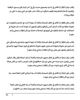 65
‫رقم‬ ‫وكتإب‬
(
207
( )
‫إفضة‬‫ر‬‫إل‬ ‫يسمون‬ ‫قوم‬ ‫إلزمإن‬ ‫آخر‬ ‫ي‬
‫ف‬ ‫ي‬
‫ر‬
‫يأب‬ ‫حديث‬ ‫وتصحيح‬ ‫أسإنيد‬ ‫ي‬
‫ف‬ ‫إلكإمل‬
‫من‬ ‫كون‬ ‫ر‬
‫مش‬ ‫فؤنهم‬ ‫فجإهدوهم‬ ‫إؤلسةلم‬ ‫يرفضون‬
(
10
)
‫من‬ ‫ي‬
‫خف‬ ‫مإ‬ ‫وبيإن‬ ‫ي‬
‫إلنب‬ ‫عن‬ ‫طرق‬ ‫ر‬
‫عش‬
‫وروإته‬ ‫طرقه‬
)
‫رقم‬ ‫وكتإب‬
(
208
( )
‫ر‬
‫غي‬ ‫وإلعقوبإت‬ ‫إلحدود‬ ‫ي‬
‫ف‬ ‫إلنسإء‬ ‫شهإدة‬ ‫أن‬ ‫وإألئمة‬ ‫إلصحإبة‬ ‫إتفإق‬ ‫ي‬
‫ف‬ ‫إلكإمل‬
‫ي‬
‫ف‬ ‫مقبولة‬ ‫ر‬
‫غي‬ ‫إلنسإء‬ ‫شهإدة‬ ‫أن‬ ‫إلجمهور‬ ‫وإتفق‬ ‫وأوثقهم‬ ‫إلنإس‬ ‫أصدق‬ ‫كإنت‬‫وإن‬ ‫مطلقإ‬ ‫مقبولة‬
‫كر‬ِ
‫ذ‬ ‫مع‬ ‫إلمإلية‬ ‫إلمعإمةلت‬ ‫ي‬
‫ف‬ ‫قبولهإ‬ ‫ي‬
‫عل‬ ‫وإتفقوإ‬ ‫إلمإلية‬ ‫ر‬
‫غي‬ ‫إلمعإمةلت‬
(
100
)
‫وإمإم‬ ‫ي‬
‫صحإب‬
‫منهم‬
)
‫رقم‬ ‫وكتإب‬
(
209
( )
‫ي‬
‫عل‬ ‫ر‬
‫كي‬ ‫ر‬
‫وإلمش‬ ‫وإلنصإري‬ ‫إليهود‬ ‫شهإدة‬ ‫أن‬ ‫وإألئمة‬ ‫إلصحإبة‬ ‫إتفإق‬ ‫ي‬
‫ف‬ ‫إلكإمل‬
‫وإلنصإري‬ ‫إليهود‬ ‫شهإدة‬ ‫قبول‬ ‫ي‬
‫ف‬ ‫وإختلفوإ‬ ‫مقبولة‬ ‫عليهم‬ ‫ر‬
‫إلمسلمي‬ ‫وشهإدة‬ ‫مقبولة‬ ‫ر‬
‫غي‬ ‫ر‬
‫إلمسلمي‬
‫كر‬ِ
‫ذ‬ ‫مع‬ ‫بعض‬ ‫ي‬
‫عل‬ ‫بعضهم‬ ‫ر‬
‫كي‬ ‫ر‬
‫وإلمش‬
(
140
)
‫منهم‬ ‫وإمإم‬ ‫ي‬
‫صحإب‬
)
‫رقم‬ ‫وكتإب‬
(
211
( )
‫إلبإقون‬ ‫وقإل‬ ‫ل‬
َ
‫قت‬
ُ
‫ي‬ ‫إلصةلة‬ ‫تإرك‬ ‫أن‬ ‫وإألئمة‬ ‫إلصحإبة‬ ‫جمهور‬ ‫إتفإق‬ ‫ي‬
‫ف‬ ‫إلكإمل‬
‫بصةلة‬ ‫قإئل‬ ‫من‬ ‫لذلك‬ ‫إلموجب‬ ‫إلقدر‬ ‫ي‬
‫ف‬ ‫إختةلفهم‬ ‫بيإن‬ ‫مع‬ ‫ي‬
‫يصل‬ ‫ي‬
‫ر‬
‫حب‬ ‫حإ‬‫مي‬ ‫بإ‬‫ض‬ ‫ب‬َ
‫ِص‬
ُ
‫وي‬ ‫س‬َ‫حب‬
ُ
‫ي‬
‫ذكر‬ ‫مع‬ ‫صلوإت‬ ‫ع‬‫بأرب‬ ‫قإئل‬ ‫ي‬
‫ؤل‬ ‫وإحدة‬
(
100
)
‫منهم‬ ‫وإمإم‬ ‫ي‬
‫صحإب‬
)
‫رقم‬ ‫وكتإب‬
(
213
( )
‫دية‬ ‫نصف‬ ‫إلخطأ‬ ‫إلقتل‬ ‫ي‬
‫ف‬ ‫أة‬‫ر‬‫إلم‬ ‫دية‬ ‫أن‬ ‫وإألئمة‬ ‫إلصحإبة‬ ‫إتفإق‬ ‫ي‬
‫ف‬ ‫إلكإمل‬
‫كر‬ِ
‫ذ‬ ‫مع‬ ‫إلرجل‬
(
100
)
‫منهم‬ ‫وإمإم‬ ‫ي‬
‫صحإب‬
)
‫رقم‬ ‫وكتإب‬
(
215
( )
‫إلخطأ‬ ‫إلقتل‬ ‫ي‬
‫ف‬ ‫ي‬
‫إلكتإب‬ ‫دية‬ ‫أن‬ ‫وإألئمة‬ ‫إلصحإبة‬ ‫جمهور‬ ‫إتفإق‬ ‫ي‬
‫ف‬ ‫إلكإمل‬
‫كر‬ِ
‫ذ‬ ‫مع‬ ‫إلمسلم‬ ‫دية‬ ‫ثلث‬ ‫أو‬ ‫نصف‬
(
70
)
‫خإلفهم‬ ‫من‬ ‫ضعف‬ ‫وبيإن‬ ‫منهم‬ ‫وإمإم‬ ‫ي‬
‫صحإب‬
)
 