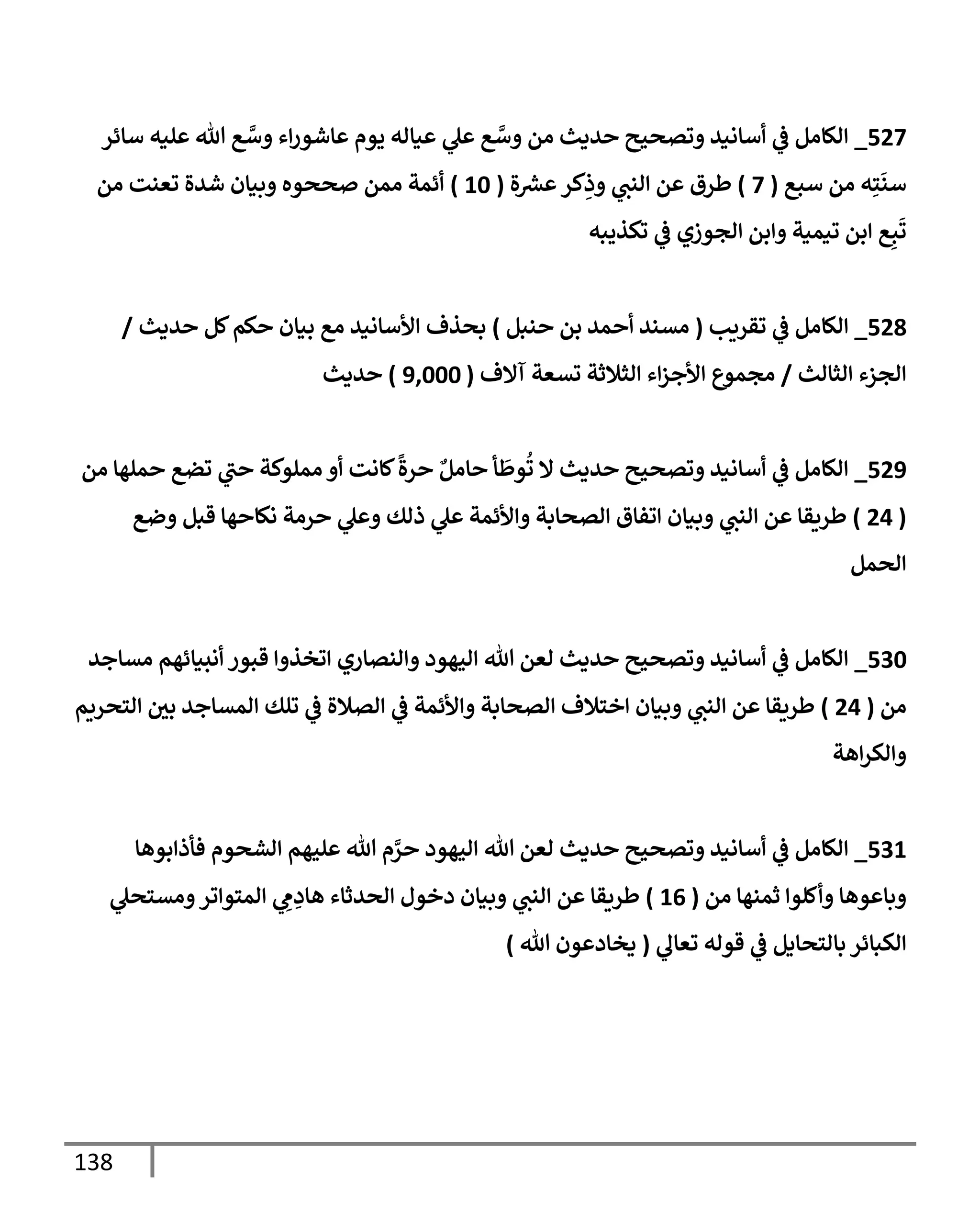 138
527
_
‫سإئر‬ ‫عليه‬ ‫تل‬ ‫ع‬ َّ
‫وس‬ ‫إء‬‫ر‬‫عإشو‬ ‫يوم‬ ‫عيإله‬ ‫ي‬
‫عل‬ ‫ع‬ َّ
‫وس‬ ‫من‬ ‫حديث‬ ‫وتصحيح‬ ‫أسإنيد‬ ‫ي‬
‫ػ‬ ‫إلكإمل‬
‫سبع‬ ‫من‬ ‫ه‬ِ‫ت‬
َ
‫سن‬
(
7
)
‫ة‬ ‫ر‬
‫عش‬‫كر‬ِ
‫وذ‬ ‫ي‬
‫إلنب‬ ‫عن‬ ‫طرق‬
(
10
)
‫من‬ ‫تعنت‬ ‫شدة‬ ‫وبيإن‬ ‫صححوه‬ ‫ممن‬ ‫أئمة‬
‫تكذيبه‬ ‫ي‬
‫ػ‬ ‫إلجوزي‬ ‫وإبن‬ ‫تيمية‬ ‫إبن‬ ‫ع‬ِ‫ب‬
َ
‫ت‬
528
_
‫تقريب‬ ‫ي‬
‫ػ‬ ‫إلكإمل‬
(
‫حنبل‬ ‫بن‬ ‫أحمد‬ ‫مسند‬
)
‫حديث‬ ‫كل‬‫حكم‬ ‫بيإن‬ ‫مع‬ ‫إألسإنيد‬ ‫بحذف‬
/
‫إلثإلث‬ ‫إلجزء‬
/
‫آإلف‬ ‫تسعة‬ ‫إلثةلثة‬ ‫إء‬‫ز‬‫إألج‬ ‫مجموع‬
(
9,000
)
‫حديث‬
529
_
‫من‬ ‫حملهإ‬ ‫تضع‬ ‫ي‬
‫حب‬ ‫مملوكة‬ ‫أو‬ ‫كإنت‬
ً
‫حرة‬ ٌ‫حإمل‬ ‫أ‬
َ
‫وط‬
ُ
‫ت‬ ‫إل‬ ‫حديث‬ ‫وتصحيح‬ ‫أسإنيد‬ ‫ي‬
‫ػ‬ ‫إلكإمل‬
(
24
)
‫وضع‬ ‫قبل‬ ‫نكإحهإ‬ ‫حرمة‬ ‫ي‬
‫وعل‬ ‫ذلك‬ ‫ي‬
‫عل‬ ‫وإألئمة‬ ‫إلصحإبة‬ ‫إتفإق‬ ‫وبيإن‬ ‫ي‬
‫إلنب‬ ‫عن‬ ‫طريقإ‬
‫إلحمل‬
530
_
‫مسإجد‬ ‫أنبيإئهم‬ ‫قبور‬ ‫إتخذوإ‬ ‫وإلنصإري‬ ‫إليهود‬ ‫تل‬ ‫لعن‬ ‫حديث‬ ‫وتصحيح‬ ‫أسإنيد‬ ‫ي‬
‫ػ‬ ‫إلكإمل‬
‫من‬
(
24
)
‫إلتحريم‬ ‫ر‬
‫بي‬ ‫إلمسإجد‬ ‫تلك‬ ‫ي‬
‫ػ‬ ‫إلصةلة‬ ‫ي‬
‫ػ‬ ‫وإألئمة‬ ‫إلصحإبة‬ ‫إختةلف‬ ‫وبيإن‬ ‫ي‬
‫إلنب‬ ‫عن‬ ‫طريقإ‬
‫إهة‬‫ر‬‫وإلك‬
531
_
‫فأذإبوهإ‬ ‫إلشحوم‬ ‫عليهم‬ ‫تل‬ ‫م‬ َّ
‫حر‬ ‫إليهود‬ ‫تل‬ ‫لعن‬ ‫حديث‬ ‫وتصحيح‬ ‫أسإنيد‬ ‫ي‬
‫ػ‬ ‫إلكإمل‬
‫من‬ ‫ثمنهإ‬ ‫وأكلوإ‬ ‫وبإعوهإ‬
(
16
)
‫ي‬
‫ومستحل‬‫إلمتوإتر‬ ‫ي‬ ِ
‫م‬ ِ
‫هإد‬ ‫إلحدثإء‬ ‫دخول‬ ‫وبيإن‬ ‫ي‬
‫إلنب‬ ‫عن‬ ‫طريقإ‬
‫ي‬
‫تعإل‬ ‫قوله‬ ‫ي‬
‫ػ‬ ‫بإلتحإيل‬ ‫إلكبإئر‬
(
‫تل‬ ‫يخإدعون‬
)
 