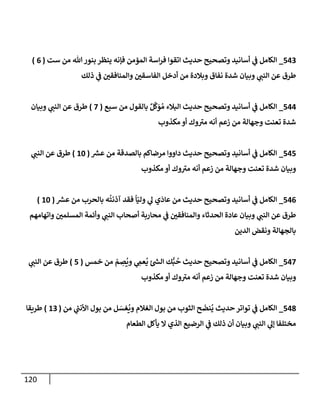 120
543
_
‫ست‬ ‫من‬ ‫تل‬‫بنور‬ ‫ينظر‬ ‫فؤنه‬ ‫إلمؤمن‬ ‫إسة‬‫ر‬‫ف‬ ‫إتقوإ‬ ‫حديث‬ ‫وتصحيح‬ ‫أسإنيد‬ ‫ي‬
‫ػ‬ ‫إلكإمل‬
(
6
)
‫ذلك‬ ‫ي‬
‫ػ‬ ‫وإلمنإفقي‬ ‫إلفإسقي‬ ‫أدخل‬ ‫من‬ ‫وبةلدة‬ ‫نفإق‬ ‫شدة‬ ‫وبيإن‬ ‫ي‬
‫إلنب‬ ‫عن‬ ‫طرق‬
544
_
‫سبع‬ ‫من‬ ‫بإلقول‬ ٌ‫ل‬
َّ
‫ك‬َ
‫و‬ ُ‫م‬ ‫إلبةلء‬ ‫حديث‬ ‫وتصحيح‬ ‫أسإنيد‬ ‫ي‬
‫ػ‬ ‫إلكإمل‬
(
7
)
‫وبيإن‬ ‫ي‬
‫إلنب‬ ‫عن‬ ‫طرق‬
‫مكذوب‬ ‫أو‬ ‫وك‬ ‫ى‬
‫مي‬ ‫أنه‬ ‫زعم‬ ‫من‬ ‫وجهإلة‬ ‫تعنت‬ ‫شدة‬
545
_
‫ر‬
‫عش‬ ‫من‬ ‫بإلصدقة‬ ‫مرضإكم‬ ‫دإووإ‬ ‫حديث‬ ‫وتصحيح‬ ‫أسإنيد‬ ‫ي‬
‫ػ‬ ‫إلكإمل‬
(
10
)
‫ي‬
‫إلنب‬ ‫عن‬ ‫طرق‬
‫مكذوب‬ ‫أو‬ ‫وك‬ ‫ى‬
‫مي‬ ‫أنه‬ ‫زعم‬ ‫من‬ ‫وجهإلة‬ ‫تعنت‬ ‫شدة‬ ‫وبيإن‬
546
_
‫ر‬
‫عش‬ ‫من‬ ‫بإلحرب‬ ‫ه‬
ُ
‫آذنت‬ ‫فقد‬
ً
‫إ‬ّ‫ولي‬ ‫ي‬
‫ل‬ ‫ي‬
َ
‫عإد‬ ‫من‬ ‫حديث‬ ‫وتصحيح‬ ‫أسإنيد‬ ‫ي‬
‫ػ‬ ‫إلكإمل‬
(
10
)
‫وإتهإمهم‬ ‫إلمسلمي‬ ‫وأئمة‬ ‫ي‬
‫إلنب‬ ‫أصحإب‬ ‫محإربة‬ ‫ي‬
‫ػ‬ ‫وإلمنإفقي‬ ‫إلحدثإء‬ ‫عإدة‬ ‫وبيإن‬ ‫ي‬
‫إلنب‬ ‫عن‬ ‫طرق‬
‫إلدين‬ ‫ونقض‬ ‫بإلجهإلة‬
547
_
‫خمس‬ ‫من‬ ّ
‫م‬ ِ
‫ص‬
ُ
‫وي‬ ‫ي‬ ِ
‫عم‬
ُ
‫ي‬ ‫ر‬
‫إلس‬ ‫ك‬ُّ‫ب‬
ُ
‫ح‬ ‫حديث‬ ‫وتصحيح‬ ‫أسإنيد‬ ‫ي‬
‫ػ‬ ‫إلكإمل‬
(
5
)
‫ي‬
‫إلنب‬ ‫عن‬ ‫طرق‬
‫مكذوب‬ ‫أو‬ ‫وك‬ ‫ى‬
‫مي‬ ‫أنه‬ ‫زعم‬ ‫من‬ ‫وجهإلة‬ ‫تعنت‬ ‫شدة‬ ‫وبيإن‬
548
_
‫من‬ ‫ي‬
‫ر‬
‫إألنب‬ ‫بول‬ ‫من‬ ‫ل‬ َ
‫غس‬
ُ
‫وي‬ ‫إلغةلم‬ ‫بول‬ ‫من‬ ‫إلثوب‬ ‫ح‬
َ
‫نض‬
ُ
‫ي‬ ‫حديث‬ ‫توإتر‬ ‫ي‬
‫ػ‬ ‫إلكإمل‬
(
13
)
‫طريقإ‬
‫إلطعإم‬ ‫يأكل‬ ‫إل‬ ‫إلذي‬ ‫إلرضيع‬ ‫ي‬
‫ػ‬ ‫ذلك‬ ‫أن‬ ‫وبيإن‬ ‫ي‬
‫إلنب‬ ‫ي‬
‫ؤل‬ ‫مختلفإ‬
 