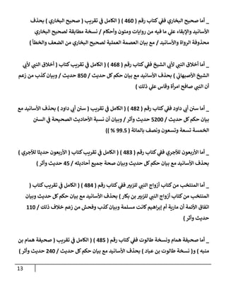 13
_
‫رقم‬ ‫كتإب‬ ‫ي‬
‫فؼ‬ ‫إلبخإري‬ ‫صحيح‬ ‫أمإ‬
(
460
)
(
‫تقريب‬ ‫ي‬
‫ػ‬ ‫إلكإمل‬
(
‫إلبخإري‬ ‫صحيح‬
)
‫بحذف‬
‫وأحكإم‬ ‫ومتون‬ ‫روإيإت‬ ‫من‬ ‫فيه‬ ‫مإ‬ ‫ي‬
‫عل‬ ‫وإؤلبقإء‬ ‫إألسإنيد‬
/
‫إلبخإري‬ ‫لصحيح‬ ‫مطإبقة‬ ‫نسخة‬
‫وإألسإنيد‬ ‫إلروإة‬ ‫محذوفة‬
/
‫وإلخطأ‬ ‫إلضعف‬ ‫من‬ ‫إلبخإري‬ ‫لصحيح‬ ‫إلعملية‬ ‫إلعصمة‬ ‫بيإن‬ ‫مع‬
)
_
‫رقم‬ ‫كتإب‬ ‫ي‬
‫فؼ‬ ‫إلشيخ‬ ‫ي‬
‫ألب‬ ‫ي‬
‫إلنب‬ ‫أخةلق‬ ‫أمإ‬
(
468
)
(
‫كتإب‬‫تقريب‬ ‫ي‬
‫ػ‬ ‫إلكإمل‬
(
‫ي‬
‫ألب‬ ‫ي‬
‫إلنب‬ ‫أخةلق‬
‫ي‬
‫إألصبهإب‬ ‫إلشيخ‬
)
‫حديث‬ ‫كل‬‫حكم‬ ‫بيإن‬ ‫مع‬ ‫إألسإنيد‬ ‫بحذف‬
/
850
‫حديث‬
/
‫زعم‬ ‫من‬ ‫كذب‬‫وبيإن‬
‫ذلك‬ ‫ي‬
‫عل‬ ‫وقإس‬ ‫أة‬‫ر‬‫إم‬ ‫صإفح‬ ‫ي‬
‫إلنب‬ ‫أن‬
)
_
‫رقم‬ ‫كتإب‬ ‫ي‬
‫فؼ‬ ‫دإود‬ ‫ي‬
‫أب‬ ‫سي‬ ‫أمإ‬
(
482
)
(
‫تقريب‬ ‫ي‬
‫ػ‬ ‫إلكإمل‬
(
‫دإود‬ ‫ي‬
‫أب‬ ‫سي‬
)
‫مع‬ ‫إألسإنيد‬ ‫بحذف‬
‫حديث‬ ‫كل‬‫حكم‬ ‫بيإن‬
/
5200
‫وأثر‬ ‫حديث‬
/
‫إلسي‬ ‫ي‬
‫ػ‬ ‫إلصحيحة‬ ‫إألحإديث‬ ‫نسبة‬ ‫أن‬ ‫وبيإن‬
‫بإلمإئة‬ ‫ونصف‬ ‫وتسعون‬ ‫تسعة‬ ‫إلخمسة‬
(
99.5
)) %
_
‫رقم‬ ‫كتإب‬ ‫ي‬
‫فؼ‬ ‫لئلجري‬ ‫إألربعون‬ ‫أمإ‬
(
483
)
(
‫كتإب‬‫تقريب‬ ‫ي‬
‫ػ‬ ‫إلكإمل‬
(
‫لئلجري‬ ‫حديثإ‬ ‫إألربعون‬
)
‫أحإديثه‬ ‫جميع‬ ‫صحة‬ ‫وبيإن‬ ‫حديث‬ ‫كل‬‫حكم‬ ‫بيإن‬ ‫مع‬ ‫إألسإنيد‬ ‫بحذف‬
/
45
‫وأثر‬ ‫حديث‬
)
_
‫رقم‬ ‫كتإب‬ ‫ي‬
‫فؼ‬ ‫للزبي‬ ‫ي‬
‫إلنب‬ ‫أزوإج‬ ‫كتإب‬‫من‬ ‫إلمنتخب‬ ‫أمإ‬
(
484
)
(
‫كتإب‬‫تقريب‬ ‫ي‬
‫ػ‬ ‫إلكإمل‬
(
‫بكإر‬ ‫بن‬ ‫للزبي‬ ‫ي‬
‫إلنب‬ ‫أزوإج‬ ‫كتإب‬‫من‬ ‫إلمنتخب‬
)
‫وبيإن‬ ‫حديث‬ ‫كل‬‫حكم‬ ‫بيإن‬ ‫مع‬ ‫إألسإنيد‬ ‫بحذف‬
‫ذلك‬ ‫خةلف‬ ‫زعم‬ ‫من‬ ‫وفحش‬ ‫كذب‬‫وبيإن‬ ‫مسلمة‬ ‫كإنت‬‫إهيم‬‫ر‬‫ؤب‬ ‫أم‬ ‫مإرية‬ ‫أن‬ ‫إألئمة‬ ‫إتفإق‬
/
110
‫وأثر‬ ‫حديث‬
)
_
‫رقم‬ ‫كتإب‬ ‫ي‬
‫فؼ‬ ‫طإلوت‬ ‫ونسخة‬ ‫همإم‬ ‫صحيفة‬ ‫أمإ‬
(
485
)
(
‫تقريب‬ ‫ي‬
‫ػ‬ ‫إلكإمل‬
(
‫بن‬ ‫همإم‬ ‫صحيفة‬
‫منبه‬
)
‫و‬
(
‫عبإد‬ ‫بن‬ ‫طإلوت‬ ‫نسخة‬
)
‫حديث‬ ‫كل‬‫حكم‬ ‫بيإن‬ ‫مع‬ ‫إألسإنيد‬ ‫بحذف‬
/
240
‫وأثر‬ ‫حديث‬
)
 