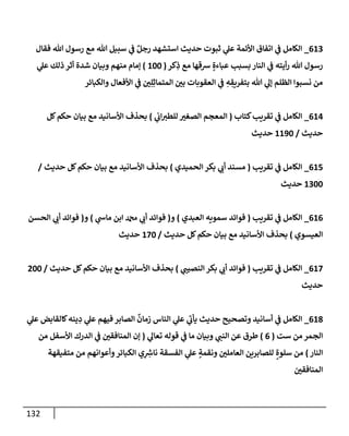 132
613
_
‫فقإل‬ ‫تل‬ ‫رسول‬ ‫مع‬ ‫تل‬ ‫سبيل‬ ‫ي‬
‫ػ‬ ٌ‫رجل‬ ‫إستشهد‬ ‫حديث‬ ‫ثبوت‬ ‫ي‬
‫عل‬ ‫إألئمة‬ ‫إتفإق‬ ‫ي‬
‫ػ‬ ‫إلكإمل‬
‫كر‬ِ
‫ذ‬ ‫مع‬ ‫شقهإ‬ ٍ‫عبإءة‬ ‫بسبب‬ ‫إلنإر‬ ‫ي‬
‫ػ‬ ‫أيته‬‫ر‬ ‫تل‬ ‫رسول‬
(
100
)
‫ي‬
‫عل‬ ‫ذلك‬ ‫أثر‬ ‫شدة‬ ‫وبيإن‬ ‫منهم‬ ‫ؤمإم‬
‫وإلكبإئر‬ ‫إألفعإل‬ ‫ي‬
‫ػ‬ ‫ي‬ِ‫ل‬ِ‫إلمتمإث‬ ‫بي‬ ‫إلعقوبإت‬ ‫ي‬
‫ػ‬ ِ
‫ه‬ ِ
‫بتفريق‬ ‫تل‬ ‫ي‬
‫ؤل‬ ‫إلظلم‬ ‫نسبوإ‬ ‫من‬
614
_
‫كتإب‬‫تقريب‬ ‫ي‬
‫ػ‬ ‫إلكإمل‬
(
‫ي‬
‫إب‬‫للطي‬ ‫إلصغي‬ ‫إلمعجم‬
)
‫كل‬‫حكم‬ ‫بيإن‬ ‫مع‬ ‫إألسإنيد‬ ‫بحذف‬
‫حديث‬
/
1190
‫حديث‬
615
_
‫تقريب‬ ‫ي‬
‫ػ‬ ‫إلكإمل‬
(
‫إلحميدي‬ ‫بكر‬ ‫ي‬
‫أب‬ ‫مسند‬
)
‫حديث‬ ‫كل‬‫حكم‬ ‫بيإن‬ ‫مع‬ ‫إألسإنيد‬ ‫بحذف‬
/
1300
‫حديث‬
616
_
‫تقريب‬ ‫ي‬
‫ػ‬ ‫إلكإمل‬
(
‫إلعبدي‬ ‫سمويه‬ ‫فوإئد‬
)
‫و‬
(
‫ي‬
‫مإس‬ ‫إبن‬ ‫دمحم‬ ‫ي‬
‫أب‬ ‫فوإئد‬
)
‫و‬
(
‫إلحسن‬ ‫ي‬
‫أب‬ ‫فوإئد‬
‫إلعيسوي‬
)
‫حديث‬ ‫كل‬‫حكم‬ ‫بيإن‬ ‫مع‬ ‫إألسإنيد‬ ‫بحذف‬
/
170
‫حديث‬
617
_
‫تقريب‬ ‫ي‬
‫ػ‬ ‫إلكإمل‬
(
‫ي‬
‫إلنصيب‬ ‫بكر‬ ‫ي‬
‫أب‬ ‫فوإئد‬
)
‫حديث‬ ‫كل‬‫حكم‬ ‫بيإن‬ ‫مع‬ ‫إألسإنيد‬ ‫بحذف‬
/
200
‫حديث‬
618
_
‫ي‬
‫عل‬ ‫كإلقإبض‬‫ينه‬ ِ
‫د‬ ‫ي‬
‫عل‬ ‫فيهم‬ ‫إلصإبر‬
ٌ
‫زمإن‬ ‫إلنإس‬ ‫ي‬
‫عل‬ ‫ي‬
‫ى‬
‫يأب‬ ‫حديث‬ ‫وتصحيح‬ ‫أسإنيد‬ ‫ي‬
‫ػ‬ ‫إلكإمل‬
‫ست‬ ‫من‬ ‫إلجمر‬
(
6
)
‫ي‬
‫تعإل‬ ‫قوله‬ ‫ي‬
‫ػ‬ ‫مإ‬ ‫وبيإن‬ ‫ي‬
‫إلنب‬ ‫عن‬ ‫طرق‬
(
‫من‬ ‫إألسفل‬ ‫إلدرك‬ ‫ي‬
‫ػ‬ ‫إلمنإفقي‬ ‫ؤن‬
‫إلنإر‬
)
‫متفيقهة‬ ‫من‬ ‫وأعوإنهم‬‫إلكبإئر‬ ‫ي‬ِ ِ
‫ر‬
‫نإش‬ ‫إلفسقة‬ ‫ي‬
‫عل‬ ٍ
‫ونقمة‬ ‫إلعإملي‬ ‫للصإبرين‬ ٍ‫سلوة‬ ‫من‬
‫إلمنإفقي‬
 