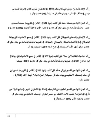 16
_
‫رقم‬ ‫كتإب‬ ‫ي‬
‫فؼ‬ ‫ي‬
‫موس‬ ‫بن‬ ‫ألسد‬ ‫إلزهد‬ ‫أمإ‬
(
499
)
(
‫كتإب‬‫تقريب‬ ‫ي‬
‫ػ‬ ‫إلكإمل‬
(
‫بن‬ ‫ألسد‬ ‫إلزهد‬
‫ي‬
‫موس‬
)
‫حديث‬ ‫كل‬‫حكم‬ ‫بيإن‬ ‫مع‬ ‫إألسإنيد‬ ‫بحذف‬
/
100
‫وأثر‬ ‫حديث‬
)
_
‫رقم‬ ‫كتإب‬ ‫ي‬
‫فؼ‬ ‫أحمد‬ ‫مسند‬ ‫من‬ ‫إألول‬ ‫إلجزء‬ ‫أمإ‬
(
502
)
(
‫تقريب‬ ‫ي‬
‫ػ‬ ‫إلكإمل‬
(
‫بن‬ ‫أحمد‬ ‫مسند‬
‫حنبل‬
)
‫حديث‬ ‫كل‬‫حكم‬ ‫بيإن‬ ‫مع‬ ‫إألسإنيد‬ ‫بحذف‬
/
‫إألول‬ ‫إلجزء‬
/
‫آإلف‬ ‫ثةلثة‬
(
3,000
)
‫حديث‬
)
_
‫رقم‬ ‫كتإب‬ ‫ي‬
‫فؼ‬ ‫ي‬
‫للجورقإب‬ ‫وإلصحإح‬ ‫إألبإطيل‬ ‫أمإ‬
(
506
)
(
‫روإهإ‬ ‫ي‬
‫ى‬
‫إلب‬ ‫إألحإديث‬ ‫جمع‬ ‫ي‬
‫ػ‬ ‫إلكإمل‬
‫ي‬
‫ػ‬ ‫ي‬
‫إلجورقإب‬
(
‫وإلمشإهي‬ ‫وإلصحإح‬‫وإلمنإكي‬ ‫إألبإطيل‬
)
‫كل‬‫حكم‬ ‫بيإن‬ ‫مع‬ ‫إألسإنيد‬ ‫بحذف‬ ‫وتقريبهإ‬
‫إلروإة‬ ‫جرح‬ ‫ي‬
‫ػ‬ ‫إلمتعنتي‬ ‫إألئمة‬ ‫أشهر‬ ‫وبيإن‬ ‫حديث‬
/
560
‫و‬ ‫حديث‬
70
‫أثر‬
)
_
‫رقم‬ ‫كتإب‬ ‫ي‬
‫فؼ‬ ‫حبإن‬ ‫إلبن‬ ‫إلثقإت‬ ‫أحإديث‬ ‫أمإ‬
(
507
)
(
‫روإهإ‬ ‫ي‬
‫ى‬
‫إلب‬ ‫إألحإديث‬ ‫جمع‬ ‫ي‬
‫ػ‬ ‫إلكإمل‬
(
‫إلثقإت‬ ‫ي‬
‫ػ‬ ‫حبإن‬ ‫إبن‬
)
‫حديث‬ ‫كل‬‫حكم‬ ‫بيإن‬ ‫مع‬ ‫إألسإنيد‬ ‫بحذف‬ ‫وتقريبهإ‬
/
370
‫حديث‬
)
_
‫رقم‬ ‫كتإب‬ ‫ي‬
‫فؼ‬ ‫حإتم‬ ‫ي‬
‫أب‬ ‫إبن‬ ‫تفسي‬ ‫من‬ ‫إألول‬ ‫إلجزء‬ ‫أمإ‬
(
513
)
(
‫تقريب‬ ‫ي‬
‫ػ‬ ‫إلكإمل‬
(
‫إبن‬ ‫تفسي‬
‫حإتم‬ ‫ي‬
‫أب‬
)
‫حديث‬ ‫كل‬‫حكم‬ ‫بيإن‬ ‫مع‬ ‫إألسإنيد‬ ‫بحذف‬
/
‫إألول‬ ‫إلجزء‬
/
‫آإلف‬ ‫أربعة‬
(
4,000
)
‫وأثر‬ ‫حديث‬
)
_
‫رقم‬ ‫كتإب‬ ‫ي‬
‫فؼ‬ ‫ي‬‫إلطي‬ ‫تفسي‬ ‫من‬ ‫إألول‬ ‫إلجزء‬ ‫أمإ‬
(
514
)
(
‫تقريب‬ ‫ي‬
‫ػ‬ ‫إلكإمل‬
(
‫عن‬ ‫إلبيإن‬ ‫جإمع‬
‫إلقرآن‬ ‫آي‬ ‫تأويل‬
/
‫ي‬‫إلطي‬ ‫جعفر‬ ‫أبو‬ ‫إألعظم‬ ‫إؤلمإم‬ ‫تفسي‬
)
‫كل‬‫حكم‬ ‫بيإن‬ ‫مع‬ ‫إألسإنيد‬ ‫بحذف‬
‫حديث‬
/
‫إألول‬ ‫إلجزء‬
/
800
‫وأثر‬ ‫حديث‬
)
 