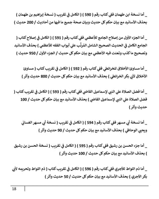 18
_
‫رقم‬ ‫كتإب‬ ‫ي‬
‫فؼ‬ ‫طهمإن‬ ‫إبن‬ ‫نسخة‬ ‫أمإ‬
(
590
)
(
‫تقريب‬ ‫ي‬
‫ػ‬ ‫إلكإمل‬
(
‫طهمإن‬ ‫بن‬ ‫إهيم‬‫ر‬‫ؤب‬ ‫نسخة‬
)
‫أحإديث‬ ‫من‬ ‫فيهإ‬ ‫مإ‬ ‫جميع‬ ‫صحة‬ ‫وبيإن‬ ‫حديث‬ ‫كل‬‫حكم‬ ‫بيإن‬ ‫مع‬ ‫إألسإنيد‬ ‫بحذف‬
/
200
‫حديث‬
)
_
‫رقم‬ ‫كتإب‬ ‫ي‬
‫فؼ‬ ‫ي‬
‫لالعظم‬ ‫إلجإمع‬ ‫ؤصةلح‬ ‫من‬ ‫إألول‬ ‫إلجزء‬ ‫أمإ‬
(
591
)
(
‫كتإب‬‫ؤصةلح‬ ‫ي‬
‫ػ‬ ‫إلكإمل‬
(
‫ي‬
‫لالعظم‬ ‫إلفقه‬ ‫أبوإب‬ ‫ي‬
‫عل‬ ‫ب‬
َّ
‫رت‬ ُ‫إلم‬ ‫إلشإمل‬ ‫إلصحيح‬ ‫إلحديث‬ ‫ي‬
‫ػ‬ ‫إلكإمل‬ ‫إلجإمع‬
)
‫إألسإنيد‬ ‫بحذف‬
‫حديث‬ ‫كل‬‫حكم‬ ‫بيإن‬ ‫مع‬ ‫ي‬
‫إألعظم‬ ‫فيه‬ ‫وتعنت‬ ‫كذب‬‫مإ‬ ‫وتصحيح‬
/
‫إألول‬ ‫إلجزء‬
/
950
‫حديث‬
)
_
‫رقم‬ ‫كتإب‬ ‫ي‬
‫فؼ‬ ‫ي‬
‫إئظ‬‫ر‬‫للخ‬ ‫إألخةلق‬ ‫مسإوئ‬ ‫أمإ‬
(
592
)
(
‫كتإب‬‫تقريب‬ ‫ي‬
‫ػ‬ ‫إلكإمل‬
(
‫مسإوئ‬
‫ي‬
‫إئظ‬‫ر‬‫إلخ‬ ‫بكر‬ ‫ي‬
‫ألب‬ ‫إألخةلق‬
)
‫حديث‬ ‫كل‬‫حكم‬ ‫بيإن‬ ‫مع‬ ‫إألسإنيد‬ ‫بحذف‬
/
800
‫وأثر‬ ‫حديث‬
)
_
‫رقم‬ ‫كتإب‬ ‫ي‬
‫فؼ‬ ‫ي‬
‫إلقإض‬ ‫ؤلسمإعيل‬ ‫ي‬
‫إلنب‬ ‫ي‬
‫عل‬ ‫إلصةلة‬ ‫فضل‬ ‫أمإ‬
(
593
)
(
‫كتإب‬‫تقريب‬ ‫ي‬
‫ػ‬ ‫إلكإمل‬
(
‫ي‬
‫إلقإض‬ ‫ؤلسمإعيل‬ ‫ي‬
‫إلنب‬ ‫ي‬
‫عل‬ ‫إلصةلة‬ ‫فضل‬
)
‫حديث‬ ‫كل‬‫حكم‬ ‫بيإن‬ ‫مع‬ ‫إألسإنيد‬ ‫بحذف‬
/
100
‫وأثر‬ ‫حديث‬
)
_
‫رقم‬ ‫كتإب‬ ‫ي‬
‫فؼ‬ ‫مسهر‬ ‫ي‬
‫أب‬ ‫نسخة‬ ‫أمإ‬
(
594
)
(
‫تقريب‬ ‫ي‬
‫ػ‬ ‫إلكإمل‬
(
‫ي‬
‫إلغسإب‬ ‫مسهر‬ ‫ي‬
‫أب‬ ‫نسخة‬
‫ي‬
‫إلوحإط‬ ‫ي‬
‫ويحب‬
)
‫حديث‬ ‫كل‬‫حكم‬ ‫بيإن‬ ‫مع‬ ‫إألسإنيد‬ ‫بحذف‬
/
90
‫وأثر‬ ‫حديث‬
)
_
‫رقم‬ ‫كتإب‬ ‫ي‬
‫فؼ‬ ‫رشيق‬ ‫بن‬ ‫إلحسن‬ ‫جزء‬ ‫أمإ‬
(
595
)
(
‫تقريب‬ ‫ي‬
‫ػ‬ ‫إلكإمل‬
(
‫رشيق‬ ‫بن‬ ‫إلحسن‬ ‫نسخة‬
)
‫حديث‬ ‫كل‬‫حكم‬ ‫بيإن‬ ‫مع‬ ‫إألسإنيد‬ ‫بحذف‬
/
100
‫وأثر‬ ‫حديث‬
)
_
‫رقم‬ ‫كتإب‬ ‫ي‬
‫فؼ‬ ‫لئلجري‬ ‫إللوإط‬ ‫ذم‬ ‫أمإ‬
(
596
)
(
‫كتإب‬‫تقريب‬ ‫ي‬
‫ػ‬ ‫إلكإمل‬
(
‫ي‬
‫ألب‬ ‫وتحريمه‬ ‫إللوإط‬ ‫ذم‬
‫إآلجري‬ ‫بكر‬
)
‫حديث‬ ‫كل‬‫حكم‬ ‫بيإن‬ ‫مع‬ ‫إألسإنيد‬ ‫بحذف‬
/
50
‫وأثر‬ ‫حديث‬
)
 
