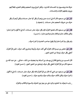 28
‫ورد‬ ‫كمإ‬‫إلحسنإت‬ ‫به‬ ‫ويحسبون‬ ‫منه‬ ‫حرفإ‬
،
‫لهم‬
ً
‫عال‬ ِ‫ف‬ ‫ب‬ َ
‫عر‬ ُ‫إلم‬ ‫ونظم‬ ‫إلمعجم‬ ‫يرون‬ ‫إلبدع‬ ‫وأهل‬
‫وإلحسنإت‬ ‫إآليإت‬ ‫بفعلهم‬ ‫ويرون‬
.
17
_
‫عن‬
‫مسعود‬ ‫إبن‬
‫بكل‬ ‫أن‬ ‫أزعم‬ ‫ولكن‬ ‫حسنإت‬ ‫ر‬
‫عش‬ ‫آية‬ ‫بكل‬ ‫أن‬ ‫يزعم‬ ‫ممن‬ ‫لست‬ ‫ي‬
‫ؤب‬ ‫أمإ‬ ‫قإل‬
‫حسنإت‬ ‫ر‬
‫عش‬ ‫إلمعجم‬ ‫حروف‬ ‫من‬ ‫حرف‬
.
(
‫ضعيف‬
)
18
_
‫عن‬
‫مسعود‬ ‫إبن‬
‫حسنإت‬ ‫ر‬
‫عش‬ ‫حرف‬ ‫بكل‬ ‫فؤن‬ ‫إلقرآن‬ ‫تعلموإ‬ ‫قإل‬
‫أقول‬ ‫إل‬ ‫ي‬
‫ؤب‬ ‫أمإ‬ ،
(
‫إلم‬
)
‫إ‬ ‫ر‬
‫عش‬
‫إ‬ ‫ر‬
‫عش‬ ‫وبإلميم‬ ‫إ‬ ‫ر‬
‫عش‬ ‫وبإلةلم‬ ‫إ‬ ‫ر‬
‫عش‬ ‫بإأللف‬ ‫ولكن‬
.
(
‫حسن‬
)
‫يقل‬ ‫ولم‬
‫ب‬
(
‫إلم‬
)
‫إلحديث‬ ‫صإحب‬ ‫يقول‬ ‫وإل‬ ‫إ‬ ‫ر‬
‫عش‬
(
‫إلم‬
)
‫حرف‬
.
19
_
‫عن‬
‫حرف‬ ‫ألف‬ ‫ين‬ ‫ر‬
‫وعش‬ ‫وأربعة‬ ‫حرف‬ ‫ألف‬ ‫ي‬
‫ألؼ‬ ‫إلقرآن‬ ‫قإل‬ ‫ميشة‬ ‫بن‬ ‫حفص‬
،
‫إلقرآن‬ ‫أ‬‫ر‬‫ق‬ ‫فمن‬
‫إلعي‬ ‫إلحور‬ ‫من‬ ‫زوجة‬ ‫حرف‬ ‫بكل‬ ‫ي‬
‫أعظ‬
.
‫وإضح‬ ‫بن‬ ‫إلمسيب‬ ‫قإل‬
‫ذلك‬ ‫من‬ ‫يعجبك‬ ‫ومإ‬ ‫أسبإط‬ ‫بن‬ ‫يوسف‬ ‫ي‬
‫ل‬ ‫فقإل‬
،
‫ي‬
‫حدثب‬
..
‫بن‬ ‫تل‬ ‫عبد‬ ‫عن‬
‫إلعي‬ ‫إلحور‬ ‫من‬ ‫زوجتي‬ ‫حرف‬ ‫بكل‬ ‫ي‬
‫أعظ‬ ‫إلقرآن‬ ‫أ‬‫ر‬‫ق‬ ‫من‬ ‫قإل‬ ‫مسعود‬
.
(
‫ه‬‫لغي‬ ‫حسن‬
)
20
_
‫عن‬
‫مسعود‬ ‫إبن‬
‫حسنإت‬ ‫ر‬
‫عش‬ ‫حرف‬ ‫بكل‬ ‫فله‬ ‫إلقرآن‬ ‫أ‬‫ر‬‫ق‬ ‫من‬ ‫قإل‬ ‫أنه‬ ‫ي‬
‫إلنب‬ ‫عن‬
،
‫أقول‬ ‫إل‬ ‫ي‬
‫ؤب‬ ‫أمإ‬
(
‫إلم‬
)
‫حرف‬ ‫وإلميم‬ ‫حرف‬ ‫وإإلم‬ ‫حرف‬ ‫إأللف‬ ‫ولكن‬ ‫حرف‬
.
(
‫ه‬‫لغي‬ ‫حسن‬
)
_
‫وإلقرآن‬ ‫وإلكتإب‬ ‫وإلسورة‬ ‫إلحرف‬ ‫بي‬ ‫يمي‬ ‫من‬ ‫عل‬ ‫وإلرد‬ ‫إلمقروء‬ ‫به‬ ‫يعرف‬ ‫مإ‬ ‫بإب‬
 