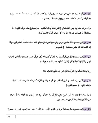 30
25
_
‫عن‬
‫هريرة‬ ‫ي‬
‫أب‬
‫من‬ ‫قإل‬ ‫ي‬
‫إلنب‬ ‫عن‬
‫ومن‬ ‫مضإعفة‬
ً
‫حسنة‬ ‫له‬ ‫بت‬ِ‫ت‬
ُ
‫ك‬‫تل‬ ‫كتإب‬‫من‬ ‫آية‬ ‫ؤل‬ ‫إستمع‬
‫إلقيإمة‬ ‫يوم‬ ‫إ‬‫ر‬‫نو‬ ‫له‬ ‫كإنت‬‫تل‬ ‫كتإب‬‫من‬ ‫آية‬ ‫تةل‬
.
(
‫حسن‬
)
‫تعإل‬ ‫تل‬ ‫يقول‬ ‫آية‬ ‫منه‬ ‫حرف‬ ‫وكل‬
(
‫إلكتإب‬ ‫آيإت‬ ‫تلك‬ ‫إلمر‬
)
،
‫آية‬ ‫إلقرآن‬ ‫حرف‬ ‫يرى‬ ‫وإلمبتدع‬
‫إ‬ ّ‫تإم‬
ً
‫إسمإ‬ ‫وإل‬
ً
‫آية‬ ٍ
‫حرف‬ َّ‫كل‬‫يرى‬ ‫وإل‬ ‫موضوعة‬ ‫كلمة‬‫أو‬ ‫مخلوقة‬
.
26
_
‫عن‬
‫من‬ ‫مإ‬ ‫قإل‬ ‫مسعود‬ ‫إبن‬
‫حرفإ‬ ‫ولكن‬ ‫تإمإ‬ ‫إسمإ‬ ‫لقلت‬ ‫شئت‬ ‫ولو‬ ‫إلقرآن‬ ‫من‬ ‫حرفإ‬ ‫أ‬‫ر‬‫يق‬ ‫مؤمن‬
‫حسنإت‬ ‫ر‬
‫عش‬ ‫له‬ ‫تل‬ ‫كتب‬‫ؤإل‬
.
(
‫ضعيف‬
)
27
_
‫عن‬
‫قإل‬ ‫مسعود‬ ‫إبن‬
‫حسنإت‬ ‫ر‬
‫عش‬ ‫حرف‬ ‫بكل‬ ‫له‬ ‫كتب‬‫إلقرآن‬ ‫من‬ ‫شيئإ‬ ‫أ‬‫ر‬‫ق‬ ‫من‬
،
‫إلحرف‬ ‫ؤن‬ ‫أمإ‬
‫ولكن‬ ‫وإلكلمة‬ ‫بإآلية‬ ‫ليس‬
(
‫إلم‬
)
‫حسنة‬ ‫ثةلثون‬
.
(
‫ضعيف‬
)
_
‫منه‬ ‫إلحرف‬ ‫ي‬
‫ينؼ‬ ‫من‬ ‫عل‬ ‫وإلرد‬ ‫إلقرآن‬ ‫به‬ ‫يعرف‬ ‫مإ‬ ‫بإب‬
28
_
‫عن‬
‫حسنإت‬ ‫ر‬
‫عش‬ ‫له‬ ‫كتب‬‫إلقرآن‬ ‫من‬ ‫حرفإ‬ ‫أ‬‫ر‬‫ق‬ ‫من‬ ‫قإل‬ ‫أنه‬ ‫ي‬
‫إلنب‬ ‫عن‬ ‫مإلك‬ ‫بن‬ ‫أنس‬
،
‫إليإء‬
‫وإلتإء‬
‫وإلوإو‬
.
(
‫ه‬‫لغي‬ ‫حسن‬
)
‫تل‬ ‫رسول‬ ‫عل‬ ‫ويرد‬ ‫إلقرآن‬ ‫من‬ ‫إلحرف‬ ‫ي‬
‫ينؼ‬ ‫إلبدع‬ ‫أهل‬ ‫من‬ ‫بإألخبإر‬ ‫ى‬
‫تسي‬ ‫ومن‬
‫حرفإ‬ ‫أ‬‫ر‬‫ق‬ ‫من‬ ‫قوله‬
‫بإحسإن‬ ‫له‬ ‫إلتإبعي‬ ‫وخإلف‬ ‫إلقرآن‬ ‫من‬
.
29
_
‫عن‬
‫مسعود‬ ‫إبن‬
‫قإل‬
‫إلعي‬ ‫إلحور‬ ‫من‬ ‫زوجتي‬ ‫تل‬ ‫زوجه‬ ‫تل‬ ‫كتإب‬‫من‬ ‫حرفإ‬ ‫أ‬‫ر‬‫ق‬ ‫من‬
.
(
‫حسن‬
)
 
