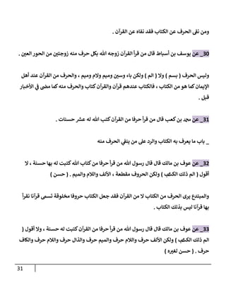 31
‫إلقرآن‬ ‫عن‬ ‫نفإه‬ ‫فقد‬ ‫إلكتإب‬ ‫عن‬ ‫إلحرف‬ ‫نؼ‬ ‫ومن‬
.
30
_
‫عن‬
‫أسبإط‬ ‫بن‬ ‫يوسف‬
‫قإل‬
‫إلعي‬ ‫إلحور‬ ‫من‬ ‫زوجتي‬ ‫منه‬ ‫حرف‬ ‫بكل‬ ‫تل‬ ‫زوجه‬ ‫إلقرآن‬ ‫أ‬‫ر‬‫ق‬ ‫من‬
.
‫إلحرف‬ ‫وليس‬
(
‫بسم‬
)
‫وإل‬
(
‫إلم‬
)
‫وميم‬ ‫وإلم‬ ‫وميم‬ ‫وسي‬ ‫بإء‬ ‫ولكن‬
،
‫أهل‬ ‫عند‬ ‫إلقرآن‬ ‫من‬ ‫وإلحرف‬
‫إلكتإب‬ ‫من‬ ‫هو‬ ‫كمإ‬‫إؤليمإن‬
،
‫إألخبإر‬ ‫ي‬
‫ػ‬ ‫مض‬ ‫كمإ‬‫منه‬ ‫وإلحرف‬ ‫كتإب‬‫وإلقرآن‬ ‫قرآن‬ ‫عندهم‬ ‫فإلكتإب‬
‫قبل‬
.
31
_
‫عن‬
‫حسنإت‬ ‫ر‬
‫عش‬ ‫له‬ ‫تل‬ ‫كتب‬‫إلقرآن‬ ‫من‬ ‫حرفإ‬ ‫أ‬‫ر‬‫ق‬ ‫من‬ ‫قإل‬ ‫كعب‬‫بن‬ ‫دمحم‬
.
_
‫منه‬ ‫إلحرف‬ ‫ي‬
‫ينؼ‬ ‫من‬ ‫عل‬ ‫وإلرد‬ ‫إلكتإب‬ ‫به‬ ‫يعرف‬ ‫مإ‬ ‫بإب‬
32
_
‫عن‬
‫عوف‬
‫قإل‬ ‫قإل‬ ‫مإلك‬ ‫بن‬
‫حسنة‬ ‫بهإ‬ ‫له‬ ‫كتبت‬‫تل‬ ‫كتإب‬‫من‬ ‫حرفإ‬ ‫أ‬‫ر‬‫ق‬ ‫من‬ ‫تل‬ ‫رسول‬
،
‫إل‬
‫أقول‬
(
‫إلكت‬ ‫ذلك‬ ‫إلم‬
‫إ‬
‫ب‬
)
‫مقطعة‬ ‫إلحروف‬ ‫ولكن‬
،
‫وإلميم‬ ‫وإلةلم‬ ‫إأللف‬
.
(
‫حسن‬
)
‫أ‬‫ر‬‫نق‬ ‫قرآنإ‬ ‫تسم‬ ‫مخلوقة‬ ‫حروفإ‬ ‫إلكتإب‬ ‫جعل‬ ‫فقد‬ ‫إلقرآن‬ ‫من‬ ‫إل‬ ‫إلكتإب‬ ‫من‬ ‫إلحرف‬ ‫يرى‬ ‫وإلمبتدع‬
‫إلكتإب‬ ‫بذلك‬ ‫ليس‬ ‫قرآنإ‬ ‫بهإ‬
.
33
_
‫عن‬
‫حسنة‬ ‫له‬ ‫كتبت‬‫إلقرآن‬ ‫من‬ ‫حرفإ‬ ‫أ‬‫ر‬‫ق‬ ‫من‬ ‫تل‬ ‫رسول‬ ‫قإل‬ ‫قإل‬ ‫مإلك‬ ‫بن‬ ‫عوف‬
،
‫أقول‬ ‫وإل‬
(
‫إلكت‬ ‫ذلك‬ ‫إلم‬
‫إ‬
‫ب‬
)
‫وإلكإف‬ ‫حرف‬ ‫وإلةلم‬ ‫حرف‬ ‫وإلذإل‬ ‫حرف‬ ‫وإلميم‬ ‫حرف‬ ‫وإلةلم‬ ‫حرف‬ ‫إأللف‬ ‫ولكن‬
‫حرف‬
.
(
‫ه‬‫لغي‬ ‫حسن‬
)
 