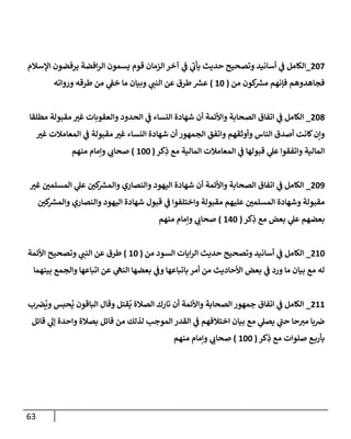 63
207
_
‫إؤلسةلم‬ ‫يرفضون‬ ‫إفضة‬‫ر‬‫إل‬ ‫يسمون‬ ‫قوم‬ ‫إلزمإن‬ ‫آخر‬ ‫ي‬
‫ػ‬ ‫ي‬
‫ى‬
‫يأب‬ ‫حديث‬ ‫وتصحيح‬ ‫أسإنيد‬ ‫ي‬
‫ػ‬ ‫إلكإمل‬
‫من‬ ‫كون‬ ‫ر‬
‫مش‬ ‫فؤنهم‬ ‫فجإهدوهم‬
(
10
)
‫وروإته‬ ‫طرقه‬ ‫من‬ ‫ي‬
‫خؼ‬ ‫مإ‬ ‫وبيإن‬ ‫ي‬
‫إلنب‬ ‫عن‬ ‫طرق‬ ‫ر‬
‫عش‬
208
_
‫مطلقإ‬ ‫مقبولة‬ ‫غي‬ ‫وإلعقوبإت‬ ‫إلحدود‬ ‫ي‬
‫ػ‬ ‫إلنسإء‬ ‫شهإدة‬ ‫أن‬ ‫وإألئمة‬ ‫إلصحإبة‬ ‫إتفإق‬ ‫ي‬
‫ػ‬ ‫إلكإمل‬
‫غي‬ ‫إلمعإمةلت‬ ‫ي‬
‫ػ‬ ‫مقبولة‬ ‫غي‬ ‫إلنسإء‬ ‫شهإدة‬ ‫أن‬ ‫إلجمهور‬ ‫وإتفق‬ ‫وأوثقهم‬ ‫إلنإس‬ ‫أصدق‬ ‫كإنت‬‫وإن‬
‫كر‬ِ
‫ذ‬ ‫مع‬ ‫إلمإلية‬ ‫إلمعإمةلت‬ ‫ي‬
‫ػ‬ ‫قبولهإ‬ ‫ي‬
‫عل‬ ‫وإتفقوإ‬ ‫إلمإلية‬
(
100
)
‫منهم‬ ‫وإمإم‬ ‫ي‬
‫صحإب‬
209
_
‫غي‬ ‫إلمسلمي‬ ‫ي‬
‫عل‬ ‫كي‬ ‫ر‬
‫وإلمش‬ ‫وإلنصإري‬ ‫إليهود‬ ‫شهإدة‬ ‫أن‬ ‫وإألئمة‬ ‫إلصحإبة‬ ‫إتفإق‬ ‫ي‬
‫ػ‬ ‫إلكإمل‬
‫كي‬ ‫ر‬
‫وإلمش‬ ‫وإلنصإري‬ ‫إليهود‬ ‫شهإدة‬ ‫قبول‬ ‫ي‬
‫ػ‬ ‫وإختلفوإ‬ ‫مقبولة‬ ‫عليهم‬ ‫إلمسلمي‬ ‫وشهإدة‬ ‫مقبولة‬
‫كر‬ِ
‫ذ‬ ‫مع‬ ‫بعض‬ ‫ي‬
‫عل‬ ‫بعضهم‬
(
140
)
‫منهم‬ ‫وإمإم‬ ‫ي‬
‫صحإب‬
210
_
‫من‬ ‫إلسود‬ ‫إيإت‬‫ر‬‫إل‬ ‫حديث‬ ‫وتصحيح‬ ‫أسإنيد‬ ‫ي‬
‫ػ‬ ‫إلكإمل‬
(
10
)
‫إألئمة‬ ‫وتصحيح‬ ‫ي‬
‫إلنب‬ ‫عن‬ ‫طرق‬
‫بينهمإ‬ ‫وإلجمع‬ ‫إتبإعهإ‬ ‫عن‬ ‫ي‬
‫إلنه‬ ‫بعضهإ‬ ‫ي‬
‫وػ‬ ‫بإتبإعهإ‬ ‫أمر‬ ‫من‬ ‫إألحإديث‬ ‫بعض‬ ‫ي‬
‫ػ‬ ‫ورد‬ ‫مإ‬ ‫بيإن‬ ‫مع‬ ‫له‬
211
_
‫ب‬‫رص‬
ُ
‫وي‬ ‫حبس‬
ُ
‫ي‬ ‫إلبإقون‬ ‫وقإل‬ ‫قتل‬
ُ
‫ي‬ ‫إلصةلة‬ ‫تإرك‬ ‫أن‬ ‫وإألئمة‬ ‫إلصحإبة‬ ‫جمهور‬ ‫إتفإق‬ ‫ي‬
‫ػ‬ ‫إلكإمل‬
‫قإئل‬ ‫ي‬
‫ؤل‬ ‫وإحدة‬ ‫بصةلة‬ ‫قإئل‬ ‫من‬ ‫لذلك‬ ‫إلموجب‬ ‫إلقدر‬ ‫ي‬
‫ػ‬ ‫إختةلفهم‬ ‫بيإن‬ ‫مع‬ ‫ي‬
‫يصل‬ ‫ي‬
‫ى‬
‫حب‬ ‫حإ‬‫مي‬ ‫بإ‬‫ض‬
‫كر‬ِ
‫ذ‬ ‫مع‬ ‫صلوإت‬ ‫ع‬‫بأرب‬
(
100
)
‫منهم‬ ‫وإمإم‬ ‫ي‬
‫صحإب‬
 