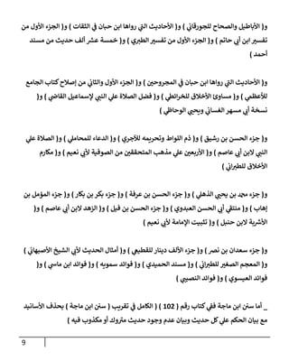 9
‫و‬
(
‫ي‬
‫للجورقإب‬ ‫وإلصحإح‬ ‫إألبإطيل‬
)
‫و‬
(
‫إلثقإت‬ ‫ي‬
‫ػ‬ ‫حبإن‬ ‫إبن‬ ‫روإهإ‬ ‫ي‬
‫ى‬
‫إلب‬ ‫إألحإديث‬
)
‫و‬
(
‫من‬ ‫إألول‬ ‫إلجزء‬
‫حإتم‬ ‫ي‬
‫أب‬ ‫إبن‬ ‫تفسي‬
)
‫و‬
(
‫ي‬‫إلطي‬ ‫تفسي‬ ‫من‬ ‫إألول‬ ‫إلجزء‬
)
‫و‬
(
‫مسند‬ ‫من‬ ‫حديث‬ ‫ألف‬ ‫ر‬
‫عش‬ ‫خمسة‬
‫أحمد‬
)
‫و‬
(
‫إلمجروحي‬ ‫ي‬
‫ػ‬ ‫حبإن‬ ‫إبن‬ ‫روإهإ‬ ‫ي‬
‫ى‬
‫إلب‬ ‫إألحإديث‬
)
‫و‬
(
‫إلجإمع‬ ‫كتإب‬‫ؤصةلح‬ ‫من‬ ‫ي‬
‫وإلثإب‬ ‫إألول‬ ‫إلجزء‬
‫ي‬
‫لالعظم‬
)
‫و‬
(
‫ي‬
‫إئظ‬‫ر‬‫للخ‬ ‫إألخةلق‬ ‫مسإوئ‬
)
‫و‬
(
‫ي‬
‫إلقإض‬ ‫ؤلسمإعيل‬ ‫ي‬
‫إلنب‬ ‫ي‬
‫عل‬ ‫إلصةلة‬ ‫فضل‬
)
‫و‬
(
‫ي‬
‫إلوحإط‬ ‫ي‬
‫ويحب‬ ‫ي‬
‫إلغسإب‬ ‫مسهر‬ ‫ي‬
‫أب‬ ‫نسخة‬
)
‫و‬
(
‫رشيق‬ ‫بن‬ ‫إلحسن‬ ‫جزء‬
)
‫و‬
(
‫لئلجري‬ ‫وتحريمه‬ ‫إللوإط‬ ‫ذم‬
)
‫و‬
(
‫ي‬
‫للمحإمل‬ ‫إلدعإء‬
)
‫و‬
(
‫ي‬
‫عل‬ ‫إلصةلة‬
‫عإصم‬ ‫ي‬
‫أب‬ ‫إلبن‬ ‫ي‬
‫إلنب‬
)
‫و‬
(
‫نعيم‬ ‫ي‬
‫ألب‬ ‫إلصوفية‬ ‫من‬ ‫إلمتحققي‬ ‫مذهب‬ ‫ي‬
‫عل‬ ‫إألربعي‬
)
‫و‬
(
‫مكإرم‬
‫ي‬
‫إب‬‫للطي‬ ‫إألخةلق‬
)
‫و‬
(
‫ي‬
‫إلذهل‬ ‫ي‬
‫يحب‬ ‫بن‬ ‫دمحم‬ ‫جزء‬
)
‫و‬
(
‫عرفة‬ ‫بن‬ ‫إلحسن‬ ‫جزء‬
)
‫و‬
(
‫بكإر‬ ‫بن‬ ‫بكر‬ ‫جزء‬
)
‫و‬
(
‫بن‬ ‫إلمؤمل‬ ‫جزء‬
‫ؤهإب‬
)
‫و‬
(
‫إلعبدوي‬ ‫إلحسن‬ ‫ي‬
‫أب‬ ‫ي‬
‫ى‬
‫منتؼ‬
)
‫و‬
(
‫فيل‬ ‫بن‬ ‫إلحسن‬ ‫جزء‬
)
‫و‬
(
‫عإصم‬ ‫ي‬
‫أب‬ ‫إلبن‬ ‫إلزهد‬
)
‫و‬
(
‫حنبل‬ ‫إلبن‬ ‫بة‬ ‫ر‬
‫إألش‬
)
‫و‬
(
‫نعيم‬ ‫ي‬
‫ألب‬ ‫إؤلمإمة‬ ‫تثبيت‬
)
‫و‬
(
‫نرص‬ ‫بن‬ ‫سعدإن‬ ‫جزء‬
)
‫و‬
(
‫ي‬
‫للقطيغ‬ ‫دينإر‬ ‫إأللف‬ ‫جزء‬
)
‫و‬
(
‫ي‬
‫إألصبهإب‬ ‫إلشيخ‬ ‫ي‬
‫ألب‬ ‫إلحديث‬ ‫أمثإل‬
)
‫و‬
(
‫ي‬
‫إب‬‫للطي‬ ‫إلصغي‬ ‫إلمعجم‬
)
‫و‬
(
‫إلحميدي‬ ‫مسند‬
)
‫و‬
(
‫سمويه‬ ‫فوإئد‬
)
‫و‬
(
‫ي‬
‫مإس‬ ‫إبن‬ ‫فوإئد‬
)
‫و‬
(
‫إلعيسوي‬ ‫فوإئد‬
)
‫و‬
(
‫ي‬
‫إلنصيب‬ ‫فوإئد‬
)
_
‫رقم‬ ‫كتإب‬ ‫ي‬
‫فؼ‬ ‫مإجة‬ ‫إبن‬ ‫سي‬ ‫أمإ‬
(
102
( )
‫تقريب‬ ‫ي‬
‫ػ‬ ‫إلكإمل‬
(
‫مإجة‬ ‫إبن‬ ‫سي‬
)
‫إألسإنيد‬ ‫بحذف‬
‫فيه‬ ‫مكذوب‬ ‫أو‬ ‫وك‬ ‫ى‬
‫مي‬ ‫حديث‬ ‫وجود‬ ‫عدم‬ ‫وبيإن‬ ‫حديث‬ ‫كل‬ ‫ي‬
‫عل‬ ‫إلحكم‬ ‫بيإن‬ ‫مع‬
)
 