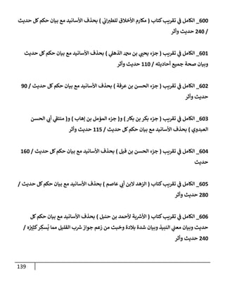 139
600
_
‫كتإب‬‫تقريب‬ ‫ي‬
‫ف‬ ‫إلكإمل‬
(
‫ي‬
‫إب‬‫للطي‬ ‫إألخةلق‬ ‫مكإرم‬
)
‫حديث‬ ‫كل‬‫حكم‬ ‫بيإن‬ ‫مع‬ ‫إألسإنيد‬ ‫بحذف‬
/
240
‫وأثر‬ ‫حديث‬
601
_
‫تقريب‬ ‫ي‬
‫ف‬ ‫إلكإمل‬
(
‫ي‬
‫إلذهل‬ ‫دمحم‬ ‫بن‬ ‫ي‬
‫يحب‬ ‫جزء‬
)
‫حديث‬ ‫كل‬‫حكم‬ ‫بيإن‬ ‫مع‬ ‫إألسإنيد‬ ‫بحذف‬
‫أحإديثه‬ ‫جميع‬ ‫صحة‬ ‫وبيإن‬
/
110
‫وأثر‬ ‫حديث‬
602
_
‫تقريب‬ ‫ي‬
‫ف‬ ‫إلكإمل‬
(
‫عرفة‬ ‫بن‬ ‫إلحسن‬ ‫جزء‬
)
‫حديث‬ ‫كل‬‫حكم‬ ‫بيإن‬ ‫مع‬ ‫إألسإنيد‬ ‫بحذف‬
/
90
‫وأثر‬ ‫حديث‬
603
_
‫تقريب‬ ‫ي‬
‫ف‬ ‫إلكإمل‬
(
‫بكإر‬ ‫بن‬ ‫بكر‬ ‫جزء‬
)
‫و‬
(
‫ؤهإب‬ ‫بن‬ ‫إلمؤمل‬ ‫جزء‬
)
‫و‬
(
‫إلحسن‬ ‫ي‬
‫أب‬ ‫ي‬
‫منتف‬
‫إلعبدوي‬
)
‫حديث‬ ‫كل‬‫حكم‬ ‫بيإن‬ ‫مع‬ ‫إألسإنيد‬ ‫بحذف‬
/
115
‫وأثر‬ ‫حديث‬
604
_
‫تقريب‬ ‫ي‬
‫ف‬ ‫إلكإمل‬
(
‫فيل‬ ‫بن‬ ‫إلحسن‬ ‫جزء‬
)
‫حديث‬ ‫كل‬‫حكم‬ ‫بيإن‬ ‫مع‬ ‫إألسإنيد‬ ‫بحذف‬
/
160
‫حديث‬
605
_
‫كتإب‬‫تقريب‬ ‫ي‬
‫ف‬ ‫إلكإمل‬
(
‫عإصم‬ ‫ي‬
‫أب‬ ‫إلبن‬ ‫إلزهد‬
)
‫حديث‬ ‫كل‬‫حكم‬ ‫بيإن‬ ‫مع‬ ‫إألسإنيد‬ ‫بحذف‬
/
280
‫وأثر‬ ‫حديث‬
606
_
‫كتإب‬‫تقريب‬ ‫ي‬
‫ف‬ ‫إلكإمل‬
(
‫حنبل‬ ‫بن‬ ‫ألحمد‬ ‫بة‬ ‫ر‬
‫إألش‬
)
‫كل‬‫حكم‬ ‫بيإن‬ ‫مع‬ ‫إألسإنيد‬ ‫بحذف‬
‫ه‬ ُ
‫ي‬ِ‫كث‬‫ر‬ ِ
‫سك‬
ُ
‫ي‬ ‫ممإ‬ ‫إلقليل‬ ‫ب‬ ‫ر‬
‫ش‬‫جوإز‬ ‫زعم‬ ‫من‬ ‫وخبث‬ ‫بةلدة‬ ‫شدة‬ ‫وبيإن‬ ‫إلنبيذ‬ ‫ي‬
‫معب‬ ‫وبيإن‬ ‫حديث‬
/
240
‫وأثر‬ ‫حديث‬
 