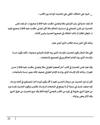 22
__
‫إلكتب‬ ‫بي‬ ‫إلوإحد‬ ‫إلحديث‬ ‫ي‬
‫عل‬ ‫ي‬ ِ
‫كىم‬
ُ
‫ح‬ ‫إختةلف‬ ‫ي‬
‫عل‬ ‫تنبيه‬
:
‫قإئةل‬ ‫عليه‬ ‫حكمت‬ ‫ي‬
‫وتجدب‬ ‫مثةل‬ ‫مذي‬‫إلي‬ ‫سي‬ ‫ي‬
‫ف‬ ‫حديثإ‬ ‫تجد‬ ‫قد‬
(
‫صحيح‬
)
‫نفس‬ ‫تجد‬ ‫ثم‬ ،
‫قإئةل‬ ‫عليه‬ ‫حكمت‬ ‫ي‬
‫تجدب‬ ‫لكن‬ ‫مثةل‬ ‫إلحإكم‬ ‫مستدرك‬ ‫ي‬
‫ف‬ ‫ي‬
‫إلصحإب‬ ‫نفس‬ ‫عن‬ ‫إلحديث‬
(
‫ه‬‫لغي‬ ‫صحيح‬
)
‫كذلك‬‫وليس‬ ‫إلحديث‬ ‫تصحيح‬ ‫ي‬
‫ف‬ ‫إختةلف‬ ‫ذلك‬ ‫أن‬ ‫إلظإن‬ ‫فيظن‬ ،
.
‫عليه‬ ‫أعمل‬ ‫إلذي‬ ‫إلكتإب‬ ‫ؤسنإد‬ ‫أعتي‬ ‫ي‬
‫ألب‬ ‫وذلك‬
.
‫حسنإ‬ ‫يكون‬ ‫لكنه‬ ، ‫صحيحإ‬ ‫مذي‬‫إلي‬ ‫إؤلمإم‬ ‫روإه‬ ‫إلذي‬ ‫بإؤلسنإد‬ ‫إلحديث‬ ‫يكون‬ ‫إلمثإل‬ ‫هذإ‬ ‫ي‬
‫فف‬
‫بإلمتإبعإت‬ ‫للصحيح‬ ‫ي‬
‫ويرف‬ ‫إلحإكم‬ ‫إؤلمإم‬ ‫روإه‬ ‫إلذي‬ ‫بإؤلسنإد‬
.
‫قإئةل‬ ‫عليه‬ ‫حكمت‬ ‫ي‬
‫وتجدب‬ ‫مثةل‬ ‫ي‬
‫إب‬‫إلطي‬ ‫كمعجم‬‫آخر‬ ‫كتإب‬ ‫ي‬
‫ف‬ ‫إلحديث‬ ‫نفس‬ ‫تجد‬ ‫وقد‬
(
‫حسن‬
‫ه‬‫لغي‬
)
‫بإلمتإبعإت‬ ‫حسنإ‬ ‫يصي‬ ‫لكنه‬ ‫ضعيف‬ ‫ي‬
‫إب‬‫إلطي‬ ‫إؤلمإم‬ ‫به‬ ‫روإه‬ ‫إلذي‬ ‫إؤلسنإد‬ ‫ألن‬ ‫وذلك‬ ،
.
‫درجة‬ ‫عن‬ ‫إلحديث‬ ‫نزل‬ ‫ؤن‬ ‫لكن‬
(
‫ه‬‫لغي‬ ‫إلحسن‬
)
‫بإسنإد‬ ‫كتإبه‬ ‫ي‬
‫ف‬ ‫إلمصنفي‬ ‫أحد‬ ‫أورده‬ ‫يكون‬ ‫كأن‬
‫ورد‬ ‫نفسه‬ ‫إلحديث‬ ‫ويكون‬ ‫مكذوب‬ ‫بإسنإد‬ ‫أو‬ ‫إلمتإبعإت‬ ‫ي‬
‫ف‬ ‫يصلح‬ ‫إل‬ ‫أن‬ ‫درجة‬ ‫ي‬
‫ؤل‬ ‫شديد‬ ‫ضعف‬ ‫فيه‬
‫أخري‬ ‫طرق‬ ‫من‬ ‫إلحديث‬ ‫صح‬ ‫وقد‬ ‫قإئةل‬ ‫ه‬ ُ‫ع‬ِ‫تب‬
ُ
‫أ‬ ‫ي‬
‫فتجدب‬ ‫إلكتب‬ ‫من‬ ‫ه‬‫غي‬ ‫ي‬
‫ف‬ ‫مقبولة‬ ‫أخري‬ ‫طرق‬ ‫من‬
‫روإيإته‬ ‫بعض‬ ‫أذكر‬ ‫وقد‬
.
 