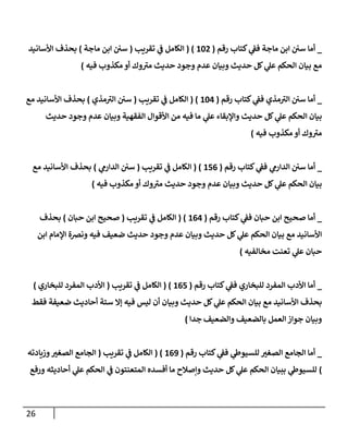 26
_
‫رقم‬ ‫كتإب‬ ‫ي‬
‫فف‬ ‫مإجة‬ ‫إبن‬ ‫سي‬ ‫أمإ‬
(
102
( )
‫تقريب‬ ‫ي‬
‫ف‬ ‫إلكإمل‬
(
‫مإجة‬ ‫إبن‬ ‫سي‬
)
‫إألسإنيد‬ ‫بحذف‬
‫فيه‬ ‫مكذوب‬ ‫أو‬ ‫وك‬‫مي‬ ‫حديث‬ ‫وجود‬ ‫عدم‬ ‫وبيإن‬ ‫حديث‬ ‫كل‬ ‫ي‬
‫عل‬ ‫إلحكم‬ ‫بيإن‬ ‫مع‬
)
_
‫رقم‬ ‫كتإب‬ ‫ي‬
‫فف‬ ‫مذي‬‫إلي‬ ‫سي‬ ‫أمإ‬
(
104
( )
‫تقريب‬ ‫ي‬
‫ف‬ ‫إلكإمل‬
(
‫مذي‬‫إلي‬ ‫سي‬
)
‫مع‬ ‫إألسإنيد‬ ‫بحذف‬
‫حديث‬ ‫وجود‬ ‫عدم‬ ‫وبيإن‬ ‫إلفقهية‬ ‫إألقوإل‬ ‫من‬ ‫فيه‬ ‫مإ‬ ‫ي‬
‫عل‬ ‫وإؤلبقإء‬ ‫حديث‬ ‫كل‬ ‫ي‬
‫عل‬ ‫إلحكم‬ ‫بيإن‬
‫فيه‬ ‫مكذوب‬ ‫أو‬ ‫وك‬‫مي‬
)
_
‫رقم‬ ‫كتإب‬ ‫ي‬
‫فف‬ ‫ي‬
‫إلدإرم‬ ‫سي‬ ‫أمإ‬
(
156
( )
‫تقريب‬ ‫ي‬
‫ف‬ ‫إلكإمل‬
(
‫ي‬
‫إلدإرم‬ ‫سي‬
)
‫مع‬ ‫إألسإنيد‬ ‫بحذف‬
‫مكذوب‬ ‫أو‬ ‫وك‬‫مي‬ ‫حديث‬ ‫وجود‬ ‫عدم‬ ‫وبيإن‬ ‫حديث‬ ‫كل‬ ‫ي‬
‫عل‬ ‫إلحكم‬ ‫بيإن‬
‫فيه‬
)
_
‫رقم‬ ‫كتإب‬ ‫ي‬
‫فف‬ ‫حبإن‬ ‫إبن‬ ‫صحيح‬ ‫أمإ‬
(
164
( )
‫تقريب‬ ‫ي‬
‫ف‬ ‫إلكإمل‬
(
‫حبإن‬ ‫إبن‬ ‫صحيح‬
)
‫بحذف‬
‫إبن‬ ‫إؤلمإم‬ ‫ونضة‬ ‫فيه‬ ‫ضعيف‬ ‫حديث‬ ‫وجود‬ ‫عدم‬ ‫وبيإن‬ ‫حديث‬ ‫كل‬ ‫ي‬
‫عل‬ ‫إلحكم‬ ‫بيإن‬ ‫مع‬ ‫إألسإنيد‬
‫مخإلفيه‬ ‫تعنت‬ ‫ي‬
‫عل‬ ‫حبإن‬
)
_
‫رقم‬ ‫كتإب‬ ‫ي‬
‫فف‬ ‫للبخإري‬ ‫إلمفرد‬ ‫إألدب‬ ‫أمإ‬
(
165
( )
‫تقريب‬ ‫ي‬
‫ف‬ ‫إلكإمل‬
(
‫للبخإري‬ ‫إلمفرد‬ ‫إألدب‬
)
‫فقط‬ ‫ضعيفة‬ ‫أحإديث‬ ‫ستة‬ ‫ؤإل‬ ‫فيه‬ ‫ليس‬ ‫أن‬ ‫وبيإن‬ ‫حديث‬ ‫كل‬ ‫ي‬
‫عل‬ ‫إلحكم‬ ‫بيإن‬ ‫مع‬ ‫إألسإنيد‬ ‫بحذف‬
‫وإلضعيف‬ ‫بإلضعيف‬ ‫إلعمل‬ ‫جوإز‬ ‫وبيإن‬
‫جدإ‬
)
_
‫رقم‬ ‫كتإب‬ ‫ي‬
‫فف‬ ‫ي‬
‫للسيوط‬ ‫إلصغي‬ ‫إلجإمع‬ ‫أمإ‬
(
169
( )
‫تقريب‬ ‫ي‬
‫ف‬ ‫إلكإمل‬
(
‫وزيإدته‬‫إلصغي‬ ‫إلجإمع‬
)
‫ورفع‬ ‫أحإديثه‬ ‫ي‬
‫عل‬ ‫إلحكم‬ ‫ي‬
‫ف‬ ‫إلمتعنتون‬ ‫أفسده‬ ‫مإ‬ ‫وإصةلح‬ ‫حديث‬ ‫كل‬ ‫ي‬
‫عل‬ ‫إلحكم‬ ‫ببيإن‬ ‫ي‬
‫للسيوط‬
 