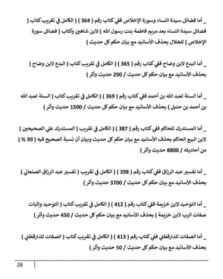 28
_
‫رقم‬ ‫كتإب‬ ‫ي‬
‫فف‬ ‫إؤلخةلص‬ ‫وسورة‬ ‫إلنسإء‬ ‫سيدة‬ ‫فضإئل‬ ‫أمإ‬
(
364
)
(
‫كتإب‬‫تقريب‬ ‫ي‬
‫ف‬ ‫إلكإمل‬
(
‫تل‬ ‫رسول‬ ‫بنت‬ ‫فإطمة‬ ‫مريم‬ ‫بعد‬ ‫إلنسإء‬ ‫سيدة‬ ‫فضإئل‬
)
‫وكتإب‬ ‫شإهي‬ ‫إلبن‬
(
‫سورة‬ ‫فضإئل‬
‫إؤلخةلص‬
)
‫حديث‬ ‫كل‬‫حكم‬ ‫بيإن‬ ‫مع‬ ‫إألسإنيد‬ ‫بحذف‬ ‫للخةلل‬
)
_
‫رقم‬ ‫كتإب‬ ‫ي‬
‫فف‬ ‫وضإح‬ ‫إلبن‬ ‫إلبدع‬ ‫أمإ‬
(
365
)
(
‫كتإب‬‫تقريب‬ ‫ي‬
‫ف‬ ‫إلكإمل‬
(
‫وضإح‬ ‫إلبن‬ ‫إلبدع‬
)
‫حديث‬ ‫كل‬‫حكم‬ ‫بيإن‬ ‫مع‬ ‫إألسإنيد‬ ‫بحذف‬
/
290
‫وأثر‬ ‫حديث‬
)
_
‫رقم‬ ‫كتإب‬ ‫ي‬
‫فف‬ ‫أحمد‬ ‫بن‬ ‫تل‬ ‫لعبد‬ ‫إلسنة‬ ‫أمإ‬
(
369
)
(
‫كتإب‬‫تقريب‬ ‫ي‬
‫ف‬ ‫إلكإمل‬
(
‫تل‬ ‫لعبد‬ ‫إلسنة‬
‫حنبل‬ ‫بن‬ ‫أحمد‬ ‫بن‬
)
‫حديث‬ ‫كل‬‫حكم‬ ‫بيإن‬ ‫مع‬ ‫إألسإنيد‬ ‫بحذف‬
/
1500
‫وأثر‬ ‫حديث‬
)
_
‫رقم‬ ‫كتإب‬ ‫ي‬
‫فف‬ ‫للحإكم‬ ‫إلمستدرك‬ ‫أمإ‬
(
387
)
(
‫تقريب‬ ‫ي‬
‫ف‬ ‫إلكإمل‬
(
‫إلصحيحي‬ ‫ي‬
‫عل‬ ‫إلمستدرك‬
)
‫فيه‬ ‫إلصحيح‬ ‫نسبة‬ ‫أن‬ ‫وبيإن‬ ‫حديث‬ ‫كل‬‫حكم‬ ‫بيإن‬ ‫مع‬ ‫إألسإنيد‬ ‫بحذف‬ ‫إلحإكم‬ ‫إلبيع‬ ‫إلبن‬
(
99
) %
‫أحإديثه‬ ‫من‬
/
8800
‫وأثر‬ ‫حديث‬
)
_
‫رقم‬ ‫كتإب‬ ‫ي‬
‫فف‬ ‫إق‬‫ز‬‫إلر‬ ‫عبد‬‫تفسي‬ ‫أمإ‬
(
398
)
(
‫تقريب‬ ‫ي‬
‫ف‬ ‫إلكإمل‬
(
‫ي‬
‫إلصنعإب‬ ‫إق‬‫ز‬‫إلر‬ ‫عبد‬‫تفسي‬
)
‫حديث‬ ‫كل‬‫حكم‬ ‫بيإن‬ ‫مع‬ ‫إألسإنيد‬ ‫بحذف‬
/
3700
‫وأثر‬ ‫حديث‬
)
_
‫رقم‬ ‫كتإب‬ ‫ي‬
‫فف‬ ‫خزيمة‬ ‫إلبن‬ ‫إلتوحيد‬ ‫أمإ‬
(
412
)
(
‫كتإب‬‫تقريب‬ ‫ي‬
‫ف‬ ‫إلكإمل‬
(
‫وإثبإت‬ ‫إلتوحيد‬
‫خزيمة‬ ‫إلبن‬ ‫إلرب‬ ‫صفإت‬
)
‫حديث‬ ‫كل‬‫حكم‬ ‫بيإن‬ ‫مع‬ ‫إألسإنيد‬ ‫بحذف‬
/
450
‫وأثر‬ ‫حديث‬
)
_
‫رقم‬ ‫كتإب‬ ‫ي‬
‫فف‬ ‫ي‬
‫للدإرقطب‬ ‫إلصفإت‬ ‫أمإ‬
(
413
)
(
‫كتإب‬‫تقريب‬ ‫ي‬
‫ف‬ ‫إلكإمل‬
(
‫ي‬
‫للدإرقطب‬ ‫إلصفإت‬
)
‫حديث‬ ‫كل‬‫حكم‬ ‫بيإن‬ ‫مع‬ ‫إألسإنيد‬ ‫بحذف‬
/
50
‫وأثر‬ ‫حديث‬
)
 