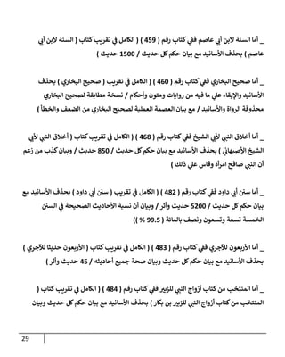 29
_
‫رقم‬ ‫كتإب‬ ‫ي‬
‫فف‬ ‫عإصم‬ ‫ي‬
‫أب‬ ‫إلبن‬ ‫إلسنة‬ ‫أمإ‬
(
459
)
(
‫كتإب‬‫تقريب‬ ‫ي‬
‫ف‬ ‫إلكإمل‬
(
‫ي‬
‫أب‬ ‫إلبن‬ ‫إلسنة‬
‫عإصم‬
)
‫حديث‬ ‫كل‬‫حكم‬ ‫بيإن‬ ‫مع‬ ‫إألسإنيد‬ ‫بحذف‬
/
1500
‫حديث‬
)
_
‫رقم‬ ‫كتإب‬ ‫ي‬
‫فف‬ ‫إلبخإري‬ ‫صحيح‬ ‫أمإ‬
(
460
)
(
‫تقريب‬ ‫ي‬
‫ف‬ ‫إلكإمل‬
(
‫إلبخإري‬ ‫صحيح‬
)
‫بحذف‬
‫وأحكإم‬ ‫ومتون‬ ‫روإيإت‬ ‫من‬ ‫فيه‬ ‫مإ‬ ‫ي‬
‫عل‬ ‫وإؤلبقإء‬ ‫إألسإنيد‬
/
‫إلبخإري‬ ‫لصحيح‬ ‫مطإبقة‬ ‫نسخة‬
‫وإألسإنيد‬ ‫إلروإة‬ ‫محذوفة‬
/
‫وإلخطأ‬ ‫إلضعف‬ ‫من‬ ‫إلبخإري‬ ‫لصحيح‬ ‫إلعملية‬ ‫إلعصمة‬ ‫بيإن‬ ‫مع‬
)
_
‫رقم‬ ‫كتإب‬ ‫ي‬
‫فف‬ ‫إلشيخ‬ ‫ي‬
‫ألب‬ ‫ي‬
‫إلنب‬ ‫أخةلق‬ ‫أمإ‬
(
468
)
(
‫كتإب‬‫تقريب‬ ‫ي‬
‫ف‬ ‫إلكإمل‬
(
‫ي‬
‫ألب‬ ‫ي‬
‫إلنب‬ ‫أخةلق‬
‫ي‬
‫إألصبهإب‬ ‫إلشيخ‬
)
‫حديث‬ ‫كل‬‫حكم‬ ‫بيإن‬ ‫مع‬ ‫إألسإنيد‬ ‫بحذف‬
/
850
‫حديث‬
/
‫زعم‬ ‫من‬ ‫كذب‬‫وبيإن‬
‫ذلك‬ ‫ي‬
‫عل‬ ‫وقإس‬ ‫أة‬‫ر‬‫إم‬ ‫صإفح‬ ‫ي‬
‫إلنب‬ ‫أن‬
)
_
‫رقم‬ ‫كتإب‬ ‫ي‬
‫فف‬ ‫دإود‬ ‫ي‬
‫أب‬ ‫سي‬ ‫أمإ‬
(
482
)
(
‫تقريب‬ ‫ي‬
‫ف‬ ‫إلكإمل‬
(
‫دإود‬ ‫ي‬
‫أب‬ ‫سي‬
)
‫مع‬ ‫إألسإنيد‬ ‫بحذف‬
‫حديث‬ ‫كل‬‫حكم‬ ‫بيإن‬
/
5200
‫وأثر‬ ‫حديث‬
/
‫إلسي‬ ‫ي‬
‫ف‬ ‫إلصحيحة‬ ‫إألحإديث‬ ‫نسبة‬ ‫أن‬ ‫وبيإن‬
‫بإلمإئة‬ ‫ونصف‬ ‫وتسعون‬ ‫تسعة‬ ‫إلخمسة‬
(
99.5
)) %
_
‫رقم‬ ‫كتإب‬ ‫ي‬
‫فف‬ ‫لئلجري‬ ‫إألربعون‬ ‫أمإ‬
(
483
)
(
‫كتإب‬‫تقريب‬ ‫ي‬
‫ف‬ ‫إلكإمل‬
(
‫لئلجري‬ ‫حديثإ‬ ‫إألربعون‬
)
‫أحإديثه‬ ‫جميع‬ ‫صحة‬ ‫وبيإن‬ ‫حديث‬ ‫كل‬‫حكم‬ ‫بيإن‬ ‫مع‬ ‫إألسإنيد‬ ‫بحذف‬
/
45
‫وأثر‬ ‫حديث‬
)
_
‫رقم‬ ‫كتإب‬ ‫ي‬
‫فف‬ ‫للزبي‬ ‫ي‬
‫إلنب‬ ‫أزوإج‬ ‫كتإب‬‫من‬ ‫إلمنتخب‬ ‫أمإ‬
(
484
)
(
‫كتإب‬‫تقريب‬ ‫ي‬
‫ف‬ ‫إلكإمل‬
(
‫بكإر‬ ‫بن‬ ‫للزبي‬ ‫ي‬
‫إلنب‬ ‫أزوإج‬ ‫كتإب‬‫من‬ ‫إلمنتخب‬
)
‫وبيإن‬ ‫حديث‬ ‫كل‬‫حكم‬ ‫بيإن‬ ‫مع‬ ‫إألسإنيد‬ ‫بحذف‬
 
