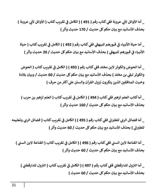 31
_
‫رقم‬ ‫كتإب‬ ‫ي‬
‫فف‬ ‫عروبة‬ ‫ي‬
‫ألب‬ ‫إألوإئل‬ ‫أمإ‬
(
491
)
(
‫كتإب‬‫تقريب‬ ‫ي‬
‫ف‬ ‫إلكإمل‬
(
‫عروبة‬ ‫ي‬
‫ألب‬ ‫إألوإئل‬
)
‫حديث‬ ‫كل‬‫حكم‬ ‫بيإن‬ ‫مع‬ ‫إألسإنيد‬ ‫بحذف‬
/
170
‫وأثر‬ ‫حديث‬
)
_
‫رقم‬ ‫كتإب‬ ‫ي‬
‫فف‬ ‫ي‬
‫للبيهف‬ ‫قبورهم‬ ‫ي‬
‫ف‬ ‫إألنبيإء‬ ‫حيإة‬ ‫أمإ‬
(
492
)
(
‫كتإب‬‫تقريب‬ ‫ي‬
‫ف‬ ‫إلكإمل‬
(
‫حيإة‬
‫ي‬
‫للبيهف‬ ‫قبورهم‬ ‫ي‬
‫ف‬ ‫إألنبيإء‬
)
‫حديث‬ ‫كل‬‫حكم‬ ‫بيإن‬ ‫مع‬ ‫إألسإنيد‬ ‫بحذف‬
/
20
‫وأثر‬ ‫حديث‬
)
_
‫رقم‬ ‫كتإب‬ ‫ي‬
‫فف‬ ‫مخلد‬ ‫إلبن‬‫وإلكوثر‬ ‫إلحوض‬ ‫أمإ‬
(
493
)
(
‫كتإب‬‫تقريب‬ ‫ي‬
‫ف‬ ‫إلكإمل‬
(
‫إلحوض‬
‫مخلد‬ ‫بن‬ ‫ي‬
‫لبف‬ ‫وإلكوثر‬
)
‫حديث‬ ‫كل‬‫حكم‬ ‫بيإن‬ ‫مع‬ ‫إألسإنيد‬ ‫بحذف‬
/
60
‫حديث‬
/
‫بةلدة‬ ‫وبيإن‬
‫حرف‬ ‫من‬ ‫ر‬
‫أكي‬ ‫ي‬
‫عل‬ ‫وإلسي‬ ‫إلقرآن‬ ‫نزول‬ ‫ينكرون‬ ‫إلذين‬ ‫إلمنإفقي‬ ‫وخبث‬
)
_
‫كتإب‬ ‫ي‬
‫فف‬ ‫لزهي‬ ‫إلعلم‬ ‫كتإب‬‫أمإ‬
(
494
)
(
‫كتإب‬‫تقريب‬ ‫ي‬
‫ف‬ ‫إلكإمل‬
(
‫حرب‬ ‫بن‬ ‫لزهي‬ ‫إلعلم‬
)
‫حديث‬ ‫كل‬‫حكم‬ ‫بيإن‬ ‫مع‬ ‫إألسإنيد‬ ‫بحذف‬
/
160
‫وأثر‬ ‫حديث‬
)
_
‫رقم‬ ‫كتإب‬ ‫ي‬
‫فف‬ ‫ي‬
‫إب‬‫للطي‬ ‫ي‬
‫إلرم‬ ‫فضإئل‬ ‫أمإ‬
(
495
)
(
‫كتإب‬‫تقريب‬ ‫ي‬
‫ف‬ ‫إلكإمل‬
(
‫وتعليمه‬ ‫ي‬
‫إلرم‬ ‫فضإئل‬
‫ي‬
‫إب‬‫للطي‬
)
‫حديث‬ ‫كل‬‫حكم‬ ‫بيإن‬ ‫مع‬ ‫إألسإنيد‬ ‫بحذف‬
/
60
‫وأثر‬ ‫حديث‬
)
_
‫رقم‬ ‫كتإب‬ ‫ي‬
‫فف‬ ‫ي‬
‫إلسب‬ ‫إلبن‬ ‫إلقنإعة‬ ‫أمإ‬
(
496
)
(
‫كتإب‬‫تقريب‬ ‫ي‬
‫ف‬ ‫إلكإمل‬
(
‫ي‬
‫إلسب‬ ‫إلبن‬ ‫إلقنإعة‬
)
‫حديث‬ ‫كل‬‫حكم‬ ‫بيإن‬ ‫مع‬ ‫إألسإنيد‬ ‫بحذف‬
/
60
‫وأثر‬ ‫حديث‬
)
_
‫رقم‬ ‫كتإب‬ ‫ي‬
‫فف‬ ‫ي‬
‫للدإرقطب‬ ‫ول‬‫إلي‬ ‫أمإ‬
(
497
)
(
‫كتإب‬‫تقريب‬ ‫ي‬
‫ف‬ ‫إلكإمل‬
(
‫ي‬
‫للدإرقطب‬ ‫ول‬‫إلي‬
)
‫حديث‬ ‫كل‬‫حكم‬ ‫بيإن‬ ‫مع‬ ‫إألسإنيد‬ ‫بحذف‬
/
60
‫حديث‬
)
 