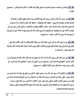 45
27
_
‫عن‬
‫و‬ ‫إلسإبق‬ ‫إلحديث‬ ‫بنحو‬ ‫إلصإمت‬ ‫بن‬ ‫عبإدة‬
‫قإل‬
‫فيه‬
‫كإئن‬‫هو‬ ‫ومإ‬ ‫كإن‬‫مإ‬ ‫فكتب‬
.
(
‫صحيح‬
‫ه‬‫لغي‬
)
28
_
‫عن‬
‫تل‬ ‫رسول‬ ‫ردفت‬ ‫قإل‬ ‫أنه‬ ‫عبإس‬ ‫إبن‬
‫فقإل‬ ‫ظهره‬ ‫خلف‬ ‫بيده‬ ‫فأخلف‬ ‫يومإ‬
‫يإ‬
‫أإل‬ ‫غةلم‬
‫بهن‬ ‫تل‬ ‫ينفعك‬ ‫كلمإت‬‫أعلمك‬
،
‫يحفظك‬ ‫تل‬ ‫إحفظ‬
،
‫أمإمك‬ ‫تجده‬ ‫تل‬ ‫إحفظ‬
،
‫إستعنت‬ ‫ؤذإ‬
‫تل‬ ‫فإسأل‬ ‫سألت‬ ‫وإذإ‬ ‫بإثل‬ ‫فإستعن‬
،
‫ف‬
ُ
‫ح‬ ُّ
‫إلص‬ ‫ت‬ َ‫ع‬ ِ‫ف‬ ُ
‫ور‬ ‫إألقةلم‬ ‫ت‬
َّ
‫جف‬
،
‫لو‬ ‫بيده‬ ‫دمحم‬ ‫نفس‬ ‫وإلذي‬
‫ؤإل‬ ‫ينفعوك‬ ‫لم‬ ‫ينفعوك‬ ‫أن‬ ‫عل‬ ‫إألمة‬ ‫جهدت‬
ٍ
‫ء‬ ‫ي‬
‫ر‬
‫بس‬
‫وك‬‫يض‬ ‫أن‬ ‫عل‬ ‫إألمة‬ ‫جهدت‬ ‫ولو‬ ‫لك‬ ‫تل‬ ‫كتبه‬
‫عليك‬ َ
‫ب‬ِ‫ت‬
ُ
‫ك‬‫قد‬ ‫ء‬ ‫ي‬
‫ر‬
‫بس‬ ‫ؤإل‬ ‫وك‬‫يض‬ ‫لم‬
.
(
‫صحيح‬
)
29
_
‫عن‬
‫إبن‬
‫مسعود‬
‫قإل‬
‫ء‬ ‫ي‬
‫ر‬
‫س‬ َّ‫كل‬‫فكتب‬ ‫إكتب‬ ‫له‬ ‫فقإل‬ ‫إلقلم‬ ‫خلقه‬ ‫من‬ ‫تل‬ ‫خلقه‬ ‫ء‬ ‫ي‬
‫ر‬
‫س‬ ‫أول‬ ‫ؤن‬
ٌ
‫إو‬ َ
‫و‬ ‫وإل‬ ٌ
‫ف‬ِ‫أل‬ ‫يخإلف‬ ‫فةل‬ ‫إلعبإد‬ ‫أعمإل‬ ‫وبي‬ ‫إألول‬ ‫إلكتإب‬ ‫بي‬ ‫فيجمع‬ ‫إلقيإمة‬ ‫يوم‬ ‫ؤل‬ ‫إلدنيإ‬ ‫ي‬
‫ف‬ ‫يكون‬
‫منهمإ‬ ٌ
‫يم‬ ِ
‫م‬ ‫وإل‬
.
(
‫ضعيف‬
)
30
_
‫عن‬
‫إبن‬
ِّ
‫رب‬ ‫يإ‬
ً
‫ضإ‬ِ
‫عر‬ ُ‫م‬ ‫إألرحإم‬
ُ
‫ك‬
َ
‫مل‬ ‫قإل‬ ‫إلنسمة‬ ‫يخلق‬ ‫أن‬ ‫تل‬ ‫إد‬‫ر‬‫أ‬ ‫ؤذإ‬ ‫تل‬ ‫رسول‬ ‫قإل‬ ‫قإل‬ ‫عمر‬
‫أمره‬ ‫ؤليه‬ ‫تل‬ ‫ي‬
‫فيقَص‬ ‫؟‬ ‫ر‬
‫أنب‬ ‫أم‬ ‫أذكر‬
،
‫أمره‬ ‫ؤليه‬ ‫تل‬ ‫ي‬
‫فيقَص‬ ‫؟‬ ‫سعيد‬ ‫أم‬ ‫ي‬
‫أشف‬ ‫رب‬ ‫يإ‬ ‫يقول‬ ‫ثم‬
،
‫ثم‬
‫إ‬
َ
‫ه‬ُ‫ب‬
َ
‫نك‬
ُ
‫ي‬ ‫إلنكبة‬ ‫حب‬ ٍ
‫ق‬
َ
‫َل‬‫هو‬ ‫مإ‬ ‫عينيه‬ ‫بي‬ ‫يكتب‬
.
(
‫صحيح‬
)
31
_
‫عن‬
‫ي‬
‫أب‬
‫من‬ ‫وإلسعيد‬ ‫أمه‬ ‫بطن‬ ‫ي‬
‫ف‬ ‫ي‬
‫شف‬ ‫من‬ ‫ي‬
‫إلشف‬ ‫يقول‬ ‫مسعود‬ ‫بن‬ ‫تل‬ ‫عبد‬ ‫سمع‬ ‫أنه‬ ‫إلطفيل‬
‫ه‬‫بغي‬ ‫وعظ‬
.
‫من‬ ‫بذلك‬ ‫فحدثه‬ ‫إلغفإري‬ ‫أسيد‬ ‫بن‬ ‫حذيفة‬ ‫له‬ ‫يقإل‬ ‫تل‬ ‫رسول‬ ‫أصحإب‬ ‫من‬
ً
‫رجال‬ ‫ي‬
‫فأب‬
‫سمعت‬ ‫ي‬
‫فؤب‬ ‫ذلك‬ ‫من‬ ‫أتعجب‬ ‫له‬ ‫فقإل‬ ‫؟‬ ‫عمل‬‫بغي‬ ٌ‫رجل‬
َ
‫يشف‬ ‫وكيف‬ ‫وقلت‬ ‫مسعود‬ ‫إبن‬ ‫قول‬
‫سمعهإ‬ ‫وخلق‬ ‫إ‬
َ
‫ه‬ َ
‫ر‬ َّ
‫فصو‬
ً
‫كإ‬
َ
‫ل‬ َ‫م‬ ‫ؤليهإ‬ ‫تل‬ ‫بعث‬ ‫ليلة‬ ‫وأربعون‬ ‫إثنإن‬ ‫بإلنطفة‬ َّ
‫مر‬ ‫ؤذإ‬ ‫يقول‬ ‫تل‬ ‫رسول‬
‫ولحمهإ‬ ‫وجلدهإ‬ ‫وبضهإ‬
،
 