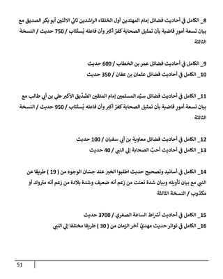 51
8
_
‫مع‬ ‫إلصديق‬ ‫بكر‬ ‫أبو‬ ‫إإلثني‬ ‫ي‬
‫ثإب‬ ‫إشدين‬‫ر‬‫إل‬ ‫إلخلفإء‬ ‫أول‬ ‫إلمهتدين‬ ‫ؤمإم‬ ‫فضإئل‬ ‫أحإديث‬ ‫ي‬
‫ف‬ ‫إلكإمل‬
‫تإب‬
َ
‫ست‬
ُ
‫ي‬ ‫فإعله‬ ‫وأن‬‫أكي‬ ٌ
‫كفر‬‫إلصحإبة‬ ‫تمثيل‬ ‫بأن‬ ‫قإضية‬ ‫ٍر‬
‫أمور‬ ‫تسعة‬ ‫بيإن‬
/
750
‫حديث‬
/
‫إلنسخة‬
‫إلثإلثة‬
9
_
‫إلخطإب‬ ‫بن‬ ‫عمر‬ ‫فضإئل‬ ‫أحإديث‬ ‫ي‬
‫ف‬ ‫إلكإمل‬
/
600
‫حديث‬
10
_
‫عفإن‬ ‫بن‬ ‫عثمإن‬ ‫فضإئل‬ ‫أحإديث‬ ‫ي‬
‫ف‬ ‫إلكإمل‬
/
350
‫حديث‬
11
_
‫مع‬ ‫طإلب‬ ‫ي‬
‫أب‬ ‫بن‬ ‫ي‬
‫عل‬‫إألكي‬ ‫يق‬
ِّ
‫د‬ ِّ
‫إلص‬ ‫إلمتقي‬ ‫ؤمإم‬ ‫إلمسلمي‬ ‫د‬ِّ‫سي‬ ‫فضإئل‬ ‫أحإديث‬ ‫ي‬
‫ف‬ ‫إلكإمل‬
‫تإب‬
َ
‫ست‬
ُ
‫ي‬ ‫فإعله‬ ‫وأن‬‫أكي‬ ٌ
‫كفر‬‫إلصحإبة‬ ‫تمثيل‬ ‫بأن‬ ‫قإضية‬ ‫ٍر‬
‫أمور‬ ‫تسعة‬ ‫بيإن‬
/
950
‫حديث‬
/
‫إلنسخة‬
‫إلثإلثة‬
12
_
‫سفيإن‬ ‫ي‬
‫أب‬ ‫بن‬ ‫معإوية‬ ‫فضإئل‬ ‫أحإديث‬ ‫ي‬
‫ف‬ ‫إلكإمل‬
/
100
‫حديث‬
13
_
‫ي‬
‫إلنب‬ ‫ي‬
‫ؤل‬ ‫إلصحإبة‬ ِّ
‫أحب‬ ‫أحإديث‬ ‫ي‬
‫ف‬ ‫إلكإمل‬
/
40
‫حديث‬
14
_
‫من‬ ‫إلوجوه‬ ‫إن‬ َ
‫س‬ ِ
‫ح‬ ‫عند‬‫إلخي‬ ‫إطلبوإ‬ ‫حديث‬ ‫وتصحيح‬ ‫أسإنيد‬ ‫ي‬
‫ف‬ ‫إلكإمل‬
(
19
)
‫عن‬ ‫طريقإ‬
‫أو‬ ‫وك‬‫مي‬ ‫أنه‬ ‫زعم‬ ‫من‬ ‫بةلدة‬ ‫وشدة‬ ‫ضعيف‬ ‫أنه‬ ‫زعم‬ ‫من‬ ‫تعنت‬ ‫شدة‬ ‫وبيإن‬ ‫تأويله‬ ‫بيإن‬ ‫مع‬ ‫ي‬
‫إلنب‬
‫مكذوب‬
/
‫إلثإلثة‬ ‫إلنسخة‬
15
_
‫إلصغري‬ ‫إلسإعة‬ ‫إط‬ ‫ر‬
‫أش‬ ‫أحإديث‬ ‫ي‬
‫ف‬ ‫إلكإمل‬
/
3700
‫حديث‬
16
_
‫من‬ ‫إلزمإن‬ ‫آخر‬ ِّ
‫مهدي‬ ‫حديث‬ ‫توإتر‬ ‫ي‬
‫ف‬ ‫إلكإمل‬
(
30
)
‫ي‬
‫إلنب‬ ‫ي‬
‫ؤل‬ ‫مختلفإ‬ ‫طريقإ‬
 