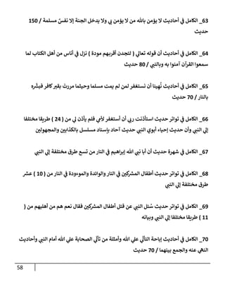 58
63
_
‫مسلمة‬ ٌ
‫نفس‬ ‫ؤإل‬ ‫إلجنة‬ ‫يدخل‬ ‫وإل‬ ‫ي‬
‫ب‬ ‫يؤمن‬ ‫إل‬ ‫من‬ ‫بإثل‬ ‫يؤمن‬ ‫إل‬ ‫أحإديث‬ ‫ي‬
‫ف‬ ‫إلكإمل‬
/
150
‫حديث‬
64
_
‫ي‬
‫تعإل‬ ‫قوله‬ ‫أن‬ ‫أحإديث‬ ‫ي‬
‫ف‬ ‫إلكإمل‬
(
‫مودة‬ ‫هم‬‫أقرب‬ ‫لتجدن‬
)
‫لمإ‬ ‫إلكتإب‬ ‫أهل‬ ‫من‬ ‫أنإس‬ ‫ي‬
‫ف‬ ‫نزل‬
‫ي‬
‫وبإلنب‬ ‫به‬ ‫آمنوإ‬ ‫إلقرآن‬ ‫سمعوإ‬
/
80
‫حديث‬
65
_
‫ه‬
ّ‫ر‬
‫فبش‬ ‫كإفر‬‫بقي‬
َ
‫مررت‬ ‫وحيثمإ‬ ‫مسلمإ‬ ‫يمت‬ ‫لم‬ ‫لمن‬ ‫نستغفر‬ ‫أن‬ ‫ينإ‬ ِ‫ه‬
ُ
‫ن‬ ‫أحإديث‬ ‫ي‬
‫ف‬ ‫إلكإمل‬
‫بإلنإر‬
/
70
‫حديث‬
66
_
‫من‬ ‫ي‬
‫ل‬ ‫يأذن‬ ‫فلم‬ ‫ي‬
‫ألم‬ ‫أستغفر‬ ‫أن‬ ‫ي‬
‫رب‬ ‫إستأذنت‬ ‫حديث‬ ‫توإتر‬ ‫ي‬
‫ف‬ ‫إلكإمل‬
(
24
)
‫مختلفإ‬ ‫طريقإ‬
‫وإلمجهولي‬ ‫بإلكذإبي‬ ‫مسلسل‬ ‫بإسنإد‬ ‫آحإد‬ ‫حديث‬ ‫ي‬
‫إلنب‬ ‫أبوي‬ ‫ؤحيإء‬ ‫حديث‬ ‫وأن‬ ‫ي‬
‫إلنب‬ ‫ي‬
‫ؤل‬
67
_
‫ي‬
‫إلنب‬ ‫ي‬
‫ؤل‬ ‫مختلفة‬ ‫طرق‬ ‫تسع‬ ‫من‬ ‫إلنإر‬ ‫ي‬
‫ف‬ ‫إهيم‬‫ر‬‫ؤب‬ ‫تل‬ ‫ي‬
‫نب‬ ‫أبإ‬ ‫أن‬ ‫حديث‬ ‫شهرة‬ ‫ي‬
‫ف‬ ‫إلكإمل‬
68
_
‫من‬ ‫إلنإر‬ ‫ي‬
‫ف‬ ‫وإلموءودة‬ ‫وإلوإئدة‬‫إلنإر‬ ‫ي‬
‫ف‬ ‫كي‬ ‫ر‬
‫إلمش‬ ‫أطفإل‬ ‫حديث‬ ‫توإتر‬ ‫ي‬
‫ف‬ ‫إلكإمل‬
(
10
)
‫ر‬
‫عش‬
‫ي‬
‫إلنب‬ ‫ي‬
‫ؤل‬ ‫مختلفة‬ ‫طرق‬
69
_
‫من‬ ‫أهليهم‬ ‫من‬ ‫هم‬ ‫نعم‬ ‫فقإل‬ ‫كي‬ ‫ر‬
‫إلمش‬ ‫أطفإل‬ ‫قتل‬ ‫عن‬ ‫ي‬
‫إلنب‬ ‫ئل‬ ُ
‫س‬ ‫حديث‬ ‫توإتر‬ ‫ي‬
‫ف‬ ‫إلكإمل‬
(
11
)
‫وبيإنه‬ ‫ي‬
‫إلنب‬ ‫ي‬
‫ؤل‬ ‫مختلفإ‬ ‫طريقإ‬
70
_
‫وأحإديث‬ ‫ي‬
‫إلنب‬ ‫أمإم‬ ‫تل‬ ‫ي‬
‫عل‬ ‫إلصحإبة‬ ‫ي‬
ّ
‫تأل‬ ‫من‬ ‫وأمثلة‬ ‫تل‬ ‫ي‬
‫عل‬ ‫ي‬
ّ
‫إلتأل‬ ‫ؤبإحة‬ ‫أحإديث‬ ‫ي‬
‫ف‬ ‫إلكإمل‬
‫بينهمإ‬ ‫وإلجمع‬ ‫عنه‬ ‫ي‬
‫إلنه‬
/
70
‫حديث‬
 
