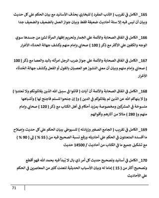 71
165
_
‫تقريب‬ ‫ي‬
‫ف‬ ‫إلكإمل‬
(
‫إلمفرد‬ ‫إألدب‬
)
‫حديث‬ ‫كل‬ ‫ي‬
‫عل‬ ‫إلحكم‬ ‫بيإن‬ ‫مع‬ ‫إألسإنيد‬ ‫بحذف‬ ‫للبخإري‬
‫جدإ‬ ‫وإلضعيف‬ ‫بإلضعيف‬ ‫إلعمل‬ ‫جوإز‬ ‫وبيإن‬ ‫فقط‬ ‫ضعيفة‬ ‫أحإديث‬ ‫ستة‬ ‫ؤإل‬ ‫فيه‬ ‫ليس‬ ‫أن‬ ‫وبيإن‬
166
_
‫سوي‬ ‫جسدهإ‬ ‫من‬ ‫ر‬
‫لس‬ ‫أة‬‫ر‬‫إلم‬ ‫ؤظهإر‬ ‫وتحريم‬‫مإر‬ ِ
‫إلخ‬ ‫ي‬
‫عل‬ ‫وإألئمة‬ ‫إلصحإبة‬ ‫إتفإق‬ ‫ي‬
‫ف‬ ‫إلكإمل‬
‫كر‬ِ
‫ذ‬ ‫مع‬ ‫ر‬
‫إألكي‬ ‫ي‬
‫عل‬ ‫وإلكفي‬ ‫إلوجه‬
(
100
)
‫إر‬‫ر‬‫إألغ‬ ‫إلحدثإء‬ ‫جهإلة‬ ‫وكشف‬ ‫منهم‬ ‫وإمإم‬ ‫ي‬
‫صحإب‬
167
_
‫كر‬ِ
‫ذ‬ ‫مع‬ ‫وإلعصإ‬ ‫بإليد‬ ‫أته‬‫ر‬‫إم‬ ‫إلرجل‬ ‫ب‬‫ض‬‫جوإز‬ ‫ي‬
‫عل‬ ‫وإألئمة‬ ‫إلصحإبة‬ ‫إتفإق‬ ‫ي‬
‫ف‬ ‫إلكإمل‬
(
100
)
‫إء‬
َ
‫دث‬
ُ
‫إلح‬ ‫جهإلة‬ ‫وكشف‬ ‫إلفعل‬ ‫أو‬ ‫بإلقول‬ ‫إلعصيإن‬ ‫هو‬ ‫إلنشوز‬ ‫ي‬
‫معب‬ ‫أن‬ ‫وبيإن‬ ‫منهم‬ ‫وإمإم‬ ‫ي‬
‫صحإب‬
‫إر‬‫ر‬‫إألغ‬
168
_
‫آيإت‬ ‫أن‬ ‫وإألئمة‬ ‫إلصحإبة‬ ‫إتفإق‬ ‫ي‬
‫ف‬ ‫إلكإمل‬
(
‫تعتدوإ‬ ‫وإل‬ ‫يقإتلونكم‬ ‫إلذين‬ ‫تل‬ ‫سبيل‬ ‫ي‬
‫ف‬ ‫قإتلوإ‬
)
‫و‬
(
‫إلدين‬ ‫ي‬
‫ف‬ ‫يقإتلوكم‬ ‫لم‬ ‫إلذين‬ ‫عن‬ ‫تل‬ ‫ينهإكم‬ ‫إل‬
)
‫و‬
(
‫لهإ‬ ‫فإجنح‬ ‫للسلم‬ ‫جنحوإ‬ ‫ؤن‬
)
‫وأشبإههإ‬
‫كر‬ِ
‫ذ‬ ‫مع‬ ‫إلكتإب‬ ‫أهل‬ ‫ي‬
‫ف‬ ‫أحكإم‬ ‫بمزيد‬ ‫ومخصوصة‬ ‫كي‬ ‫ر‬
‫إلمش‬ ‫ي‬
‫ف‬ ‫منسوخة‬
(
120
)
‫وإمإم‬ ‫ي‬
‫صحإب‬
‫و‬ ‫منهم‬
(
280
)
‫وأقوإلهم‬ ‫آثإرهم‬ ‫من‬ ‫مثإإل‬
169
_
‫تقريب‬ ‫ي‬
‫ف‬ ‫إلكإمل‬
(
‫وزيإدته‬‫إلصغي‬ ‫إلجإمع‬
)
‫وإصةلح‬ ‫حديث‬ ‫كل‬ ‫ي‬
‫عل‬ ‫إلحكم‬ ‫ببيإن‬ ‫ي‬
‫للسيوط‬
‫من‬ ‫فيه‬ ‫إلصحيح‬ ‫نسبة‬ ‫ورفع‬ ‫أحإديثه‬ ‫ي‬
‫عل‬ ‫إلحكم‬ ‫ي‬
‫ف‬ ‫إلمتعنتون‬ ‫أفسده‬ ‫مإ‬
(
55
%
)
‫ي‬
‫ؤل‬
(
90
) %
‫أحإديث‬ ‫من‬ ‫إلكتإب‬ ‫ي‬
‫ف‬ ‫مإ‬ ‫جميع‬ ‫تشكيل‬ ‫مع‬
/
14500
‫حديث‬
170
_
‫أقطع‬ ‫فهو‬ ‫تل‬ ‫بحمد‬ ‫فيه‬ ‫بدأ‬
ُ
‫ي‬ ‫إل‬ ‫بإل‬ ‫ذي‬ ‫أمر‬ ‫كل‬‫حديث‬ ‫وتصحيح‬ ‫أسإنيد‬ ‫ي‬
‫ف‬ ‫إلكإمل‬
‫من‬ ‫ر‬
‫أكي‬ ‫وتصحيح‬
(
15
)
‫إلحكم‬ ‫ي‬
‫ف‬ ‫إلمعإضين‬ ‫من‬ ‫كثي‬‫لتعنت‬ ‫إلحديثية‬ ‫إألسبإب‬ ‫وبيإن‬ ‫له‬ ‫ؤمإمإ‬
‫إألحإديث‬ ‫ي‬
‫عل‬
 