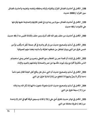 76
198
_
‫فضإئل‬ ‫وأحإديث‬ ‫وتعليمه‬ ‫وتعلمه‬ ‫وحفظه‬ ‫وآيإته‬ ‫وتةلوته‬ ‫إلقرآن‬ ‫فضإئل‬ ‫أحإديث‬ ‫ي‬
‫ف‬ ‫إلكإمل‬
‫إلقرآن‬ ‫سور‬
/
2000
‫حديث‬
199
_
‫إءتهإ‬‫ر‬‫وق‬ ‫عليهإ‬ ‫وإلمدإومة‬ ‫تةلوتهإ‬ ‫فضل‬ ‫ي‬
‫ف‬ ‫ورد‬ ‫ومإ‬ ‫يس‬ ‫سورة‬ ‫فضإئل‬ ‫أحإديث‬ ‫ي‬
‫ف‬ ‫إلكإمل‬
‫إألموإت‬ ‫ي‬
‫عل‬
/
40
‫حديث‬
200
_
‫منإ‬ ‫فليس‬ ‫بإألمإنة‬ ‫حلف‬ ‫ومن‬ ‫ك‬ ‫ر‬
‫أش‬ ‫فقد‬ ‫تل‬ ‫بغي‬ ‫حلف‬ ‫من‬ ‫أحإديث‬ ‫ي‬
‫ف‬ ‫إلكإمل‬
/
40
‫حديث‬
201
_
‫من‬
ً
‫إ‬ّ
‫ر‬
َ
‫ب‬ ‫ب‬ِ‫ت‬
ُ
‫وك‬ ‫له‬ ‫ر‬ ِ
‫ف‬
ُ
‫غ‬ ‫جمعة‬ ‫كل‬ ‫ي‬
‫ف‬ ‫وإلديه‬‫قي‬ ‫إر‬‫ز‬ ‫من‬ ‫حديث‬ ‫وتصحيح‬ ‫أسإنيد‬ ‫ي‬
‫ف‬ ‫إلكإمل‬
‫للصوفية‬ ‫منهم‬ ‫بغضإ‬ ‫وأسإنيده‬ ‫لطرقه‬ ‫فوه‬ ّ‫ضع‬ ‫من‬ ‫تجإهل‬ ‫وبيإن‬ ‫ي‬
‫إلنب‬ ‫عن‬ ‫طرق‬ ‫خمس‬
202
_
‫إستعبدتم‬ ‫ي‬
‫ومب‬ ‫إلعإص‬ ‫بن‬ ‫وعمرو‬ ‫ي‬
‫إلقبط‬ ‫مع‬ ‫إلخطإب‬ ‫بن‬ ‫عمر‬ ‫قصة‬ ‫أن‬ ‫ؤثبإت‬ ‫ي‬
‫ف‬ ‫إلكإمل‬
‫وإؤلمإء‬ ‫بإلعبيد‬ ‫وتعإملهم‬ ‫وإلصحإبة‬‫عمر‬ ‫عن‬ ‫عكسهإ‬ ‫ثبوت‬ ‫بيإن‬ ‫مع‬ ‫كليإ‬‫مكذوبة‬ ‫إلنإس‬
203
_
ً
‫مإ‬
ْ
‫ح‬
َ
‫د‬ ‫نعم‬ ‫فقإل‬ ‫إلجنة‬ ‫أهل‬ ‫ينكح‬ ‫هل‬ ‫ئل‬ ُ
‫س‬ ‫ي‬
‫إلنب‬ ‫أن‬ ‫حديث‬ ‫وتصحيح‬ ‫أسإنيد‬ ‫ي‬
‫ف‬ ‫إلكإمل‬
‫من‬ ‫تنقطع‬ ‫إل‬ ‫وشهوة‬ ُّ‫يمل‬ ‫إل‬‫ر‬
َ
‫ك‬
َ
‫بذ‬ ‫دحمإ‬
(
8
)
‫ي‬
‫إلنب‬ ‫عن‬ ‫طرق‬ ‫ثمإنية‬
204
_
‫وإإله‬ ‫ومإ‬ ‫تل‬‫كر‬ِ
‫ذ‬ ‫ؤإل‬ ‫فيهإ‬ ‫مإ‬ ‫ملعون‬ ‫ملعونة‬ ‫إلدنيإ‬ ‫حديث‬ ‫وتصحيح‬ ‫أسإنيد‬ ‫ي‬
‫ف‬ ‫إلكإمل‬
‫من‬
(
7
)
‫ي‬
‫إلنب‬ ‫عن‬ ‫طرق‬ ‫سبعة‬
205
_
‫ي‬
‫عل‬ ‫ي‬
‫أمب‬ ‫ق‬‫تفي‬ ‫حديث‬ ‫توإتر‬ ‫ي‬
‫ف‬ ‫إلكإمل‬
(
73
)
‫وإحدة‬ ‫ؤإل‬ ‫إلنإر‬ ‫ي‬
‫ف‬ ‫كلهإ‬‫فرقة‬ ‫وسبعي‬ ‫ثةلث‬
‫من‬
(
14
)
‫ي‬
‫إلنب‬ ‫عن‬ ‫مختلفإ‬ ‫طريقإ‬
 