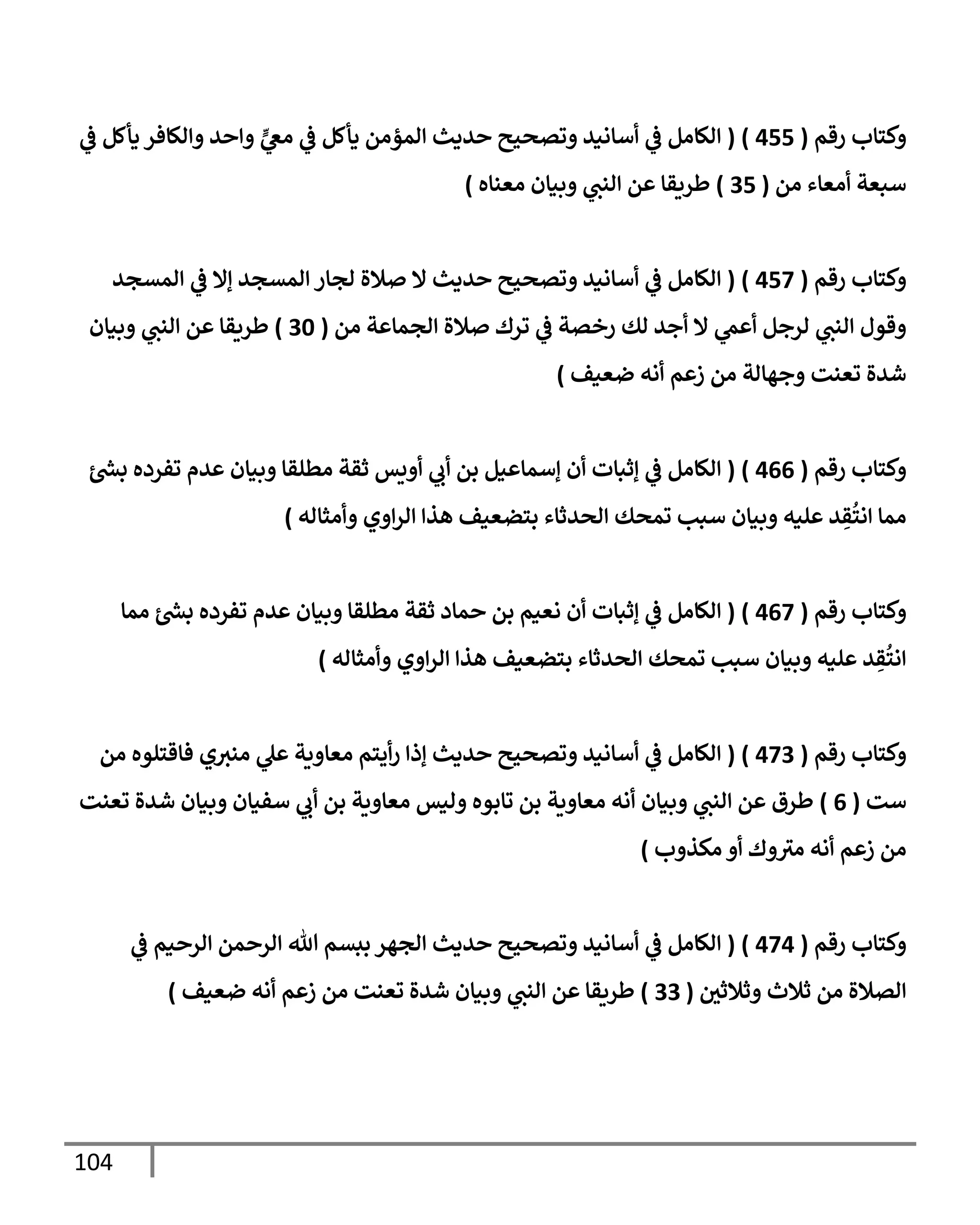 104
‫رقم‬ ‫وكتإب‬
(
455
)
(
‫ي‬
‫ػ‬ ‫يأكل‬ ‫وإلكإفر‬ ‫وإحد‬ ٍّ
‫ي‬
‫مغ‬ ‫ي‬
‫ػ‬ ‫يأكل‬ ‫إلمؤمن‬ ‫حديث‬ ‫وتصحيح‬ ‫أسإنيد‬ ‫ي‬
‫ػ‬ ‫إلكإمل‬
‫من‬ ‫أمعإء‬ ‫سبعة‬
(
35
)
‫معنإه‬ ‫وبيإن‬ ‫ي‬
‫إلنب‬ ‫عن‬ ‫طريقإ‬
)
‫رقم‬ ‫وكتإب‬
(
457
)
(
‫إلمسجد‬ ‫ي‬
‫ػ‬ ‫ؤإل‬ ‫إلمسجد‬ ‫لجإر‬ ‫صةلة‬ ‫إل‬ ‫حديث‬ ‫وتصحيح‬ ‫أسإنيد‬ ‫ي‬
‫ػ‬ ‫إلكإمل‬
‫من‬ ‫إلجمإعة‬ ‫صةلة‬ ‫ترك‬ ‫ي‬
‫ػ‬ ‫رخصة‬ ‫لك‬ ‫أجد‬ ‫إل‬ ‫ي‬
‫أعم‬ ‫لرجل‬ ‫ي‬
‫إلنب‬ ‫وقول‬
(
30
)
‫وبيإن‬ ‫ي‬
‫إلنب‬ ‫عن‬ ‫طريقإ‬
‫ضعيف‬ ‫أنه‬ ‫زعم‬ ‫من‬ ‫وجهإلة‬ ‫تعنت‬ ‫شدة‬
)
‫رقم‬ ‫وكتإب‬
(
466
)
(
‫ر‬
‫بش‬ ‫تفرده‬ ‫عدم‬ ‫وبيإن‬ ‫مطلقإ‬ ‫ثقة‬ ‫أويس‬ ‫ي‬
‫أب‬ ‫بن‬ ‫ؤسمإعيل‬ ‫أن‬ ‫ؤثبإت‬ ‫ي‬
‫ػ‬ ‫إلكإمل‬
‫وأمثإله‬ ‫إوي‬‫ر‬‫إل‬ ‫هذإ‬ ‫بتضعيف‬ ‫إلحدثإء‬ ‫تمحك‬ ‫سبب‬ ‫وبيإن‬ ‫عليه‬ ‫د‬ ِ
‫ق‬
ُ
‫إنت‬ ‫ممإ‬
)
‫رقم‬ ‫وكتإب‬
(
467
)
(
‫ممإ‬ ‫ر‬
‫بش‬ ‫تفرده‬ ‫عدم‬ ‫وبيإن‬ ‫مطلقإ‬ ‫ثقة‬ ‫حمإد‬ ‫بن‬ ‫نعيم‬ ‫أن‬ ‫ؤثبإت‬ ‫ي‬
‫ػ‬ ‫إلكإمل‬
‫وأمثإله‬ ‫إوي‬‫ر‬‫إل‬ ‫هذإ‬ ‫بتضعيف‬ ‫إلحدثإء‬ ‫تمحك‬ ‫سبب‬ ‫وبيإن‬ ‫عليه‬ ‫د‬ ِ
‫ق‬
ُ
‫إنت‬
)
‫رقم‬ ‫وكتإب‬
(
473
)
(
‫من‬ ‫فإقتلوه‬ ‫ي‬‫منث‬ ‫ي‬
‫عل‬ ‫معإوية‬ ‫أيتم‬‫ر‬ ‫ؤذإ‬ ‫حديث‬ ‫وتصحيح‬ ‫أسإنيد‬ ‫ي‬
‫ػ‬ ‫إلكإمل‬
‫ست‬
(
6
)
‫تعنت‬ ‫شدة‬ ‫وبيإن‬ ‫سفيإن‬ ‫ي‬
‫أب‬ ‫بن‬ ‫معإوية‬ ‫وليس‬ ‫تإبوه‬ ‫بن‬ ‫معإوية‬ ‫أنه‬ ‫وبيإن‬ ‫ي‬
‫إلنب‬ ‫عن‬ ‫طرق‬
‫مكذوب‬ ‫أو‬ ‫وك‬‫مث‬ ‫أنه‬ ‫زعم‬ ‫من‬
)
‫رقم‬ ‫وكتإب‬
(
474
)
(
‫ي‬
‫ػ‬ ‫إلرحيم‬ ‫إلرحمن‬ ‫تل‬ ‫ببسم‬ ‫إلجهر‬ ‫حديث‬ ‫وتصحيح‬ ‫أسإنيد‬ ‫ي‬
‫ػ‬ ‫إلكإمل‬
‫وثةلثي‬ ‫ثةلث‬ ‫من‬ ‫إلصةلة‬
(
33
)
‫ضعيف‬ ‫أنه‬ ‫زعم‬ ‫من‬ ‫تعنت‬ ‫شدة‬ ‫وبيإن‬ ‫ي‬
‫إلنب‬ ‫عن‬ ‫طريقإ‬
)
 