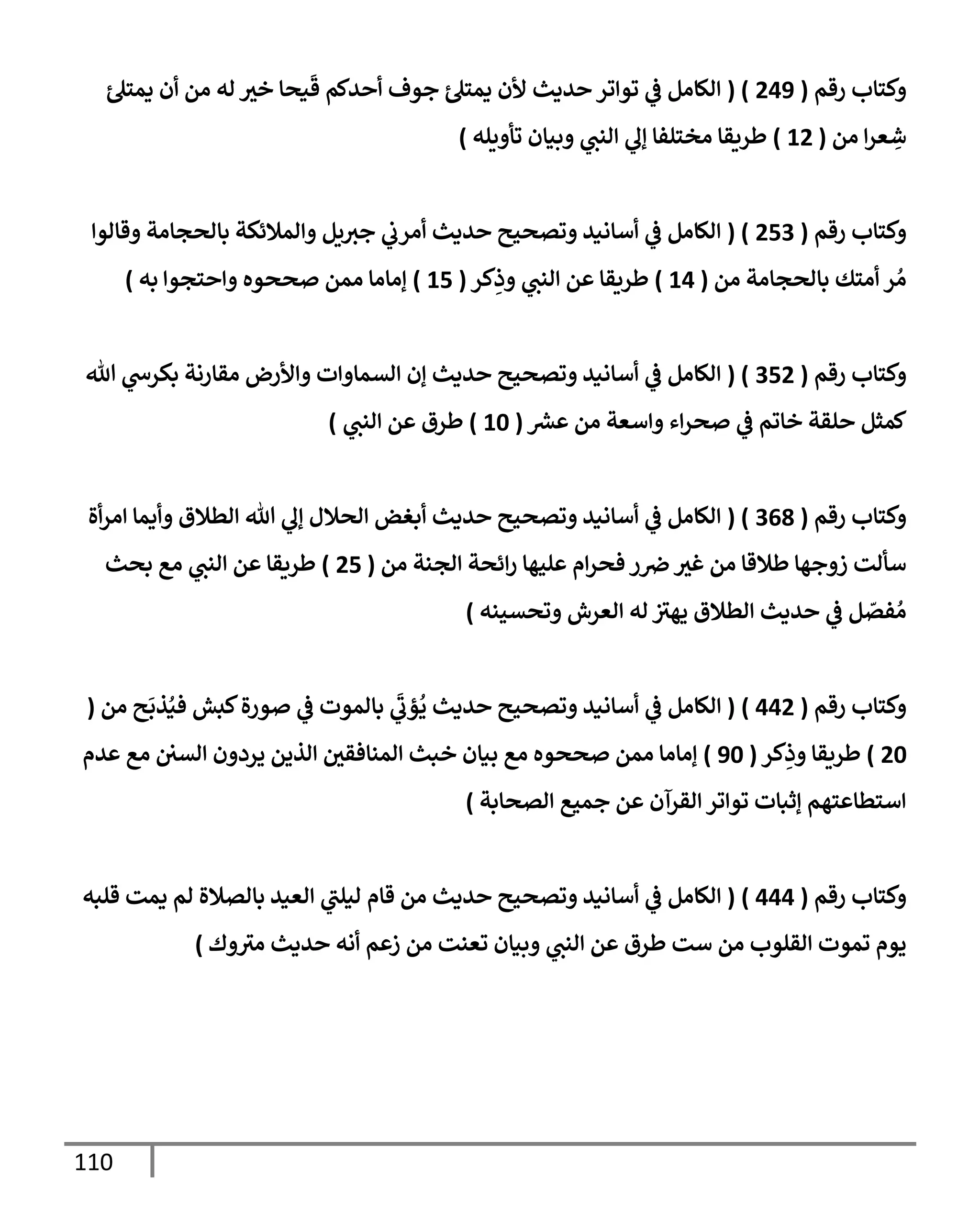 110
‫رقم‬ ‫وكتإب‬
(
249
( )
‫يمتل‬ ‫أن‬ ‫من‬ ‫له‬ ‫خث‬ ‫يحإ‬
َ
‫ق‬ ‫أحدكم‬ ‫جوف‬ ‫يمتل‬ ‫ألن‬ ‫حديث‬ ‫توإتر‬ ‫ي‬
‫ػ‬ ‫إلكإمل‬
‫من‬ ‫إ‬‫ر‬‫ع‬ ِ
‫ش‬
(
12
)
‫تأويله‬ ‫وبيإن‬ ‫ي‬
‫إلنب‬ ‫ي‬
‫ؤف‬ ‫مختلفإ‬ ‫طريقإ‬
)
‫رقم‬ ‫وكتإب‬
(
253
( )
‫وقإلوإ‬ ‫بإلحجإمة‬ ‫وإلمةلئكة‬ ‫يل‬‫جث‬ ‫ي‬
‫أمرب‬ ‫حديث‬ ‫وتصحيح‬ ‫أسإنيد‬ ‫ي‬
‫ػ‬ ‫إلكإمل‬
‫من‬ ‫بإلحجإمة‬ ‫أمتك‬ ‫ر‬ ُ‫م‬
(
14
)
‫كر‬ِ
‫وذ‬ ‫ي‬
‫إلنب‬ ‫عن‬ ‫طريقإ‬
(
15
)
‫وإحتجوإ‬ ‫صححوه‬ ‫ممن‬ ‫ؤمإمإ‬
‫به‬
)
‫رقم‬ ‫وكتإب‬
(
352
( )
‫تل‬ ‫ي‬
‫بكرس‬ ‫مقإرنة‬ ‫وإألرض‬ ‫إلسمإوإت‬ ‫ؤن‬ ‫حديث‬ ‫وتصحيح‬ ‫أسإنيد‬ ‫ي‬
‫ػ‬ ‫إلكإمل‬
‫ر‬
‫عش‬ ‫من‬ ‫وإسعة‬ ‫إء‬‫ر‬‫صح‬ ‫ي‬
‫ػ‬ ‫خإتم‬ ‫حلقة‬ ‫كمثل‬
(
10
)
‫ي‬
‫إلنب‬ ‫عن‬ ‫طرق‬
)
‫رقم‬ ‫وكتإب‬
(
368
( )
‫أة‬‫ر‬‫إم‬ ‫وأيمإ‬ ‫إلطةلق‬ ‫تل‬ ‫ي‬
‫ؤف‬ ‫إلحةلل‬ ‫أبغض‬ ‫حديث‬ ‫وتصحيح‬ ‫أسإنيد‬ ‫ي‬
‫ػ‬ ‫إلكإمل‬
‫من‬ ‫إلجنة‬ ‫إئحة‬‫ر‬ ‫عليهإ‬ ‫إم‬‫ر‬‫فح‬ ‫ر‬‫ِص‬‫غث‬ ‫من‬ ‫طةلقإ‬ ‫زوجهإ‬ ‫سألت‬
(
25
)
‫بحث‬ ‫مع‬ ‫ي‬
‫إلنب‬ ‫عن‬ ‫طريقإ‬
‫وتحسينه‬ ‫إلعرش‬ ‫له‬ ‫يهث‬ ‫إلطةلق‬ ‫حديث‬ ‫ي‬
‫ػ‬ ‫ل‬ ّ
‫فص‬ ُ‫م‬
)
‫رقم‬ ‫وكتإب‬
(
442
)
(
‫من‬ ‫ح‬
َ
‫ذب‬ُ‫في‬ ‫كبش‬‫صورة‬ ‫ي‬
‫ػ‬ ‫بإلموت‬ ‫ي‬
َ
‫ؤب‬
ُ
‫ي‬ ‫حديث‬ ‫وتصحيح‬ ‫أسإنيد‬ ‫ي‬
‫ػ‬ ‫إلكإمل‬
(
20
)
‫كر‬ِ
‫وذ‬ ‫طريقإ‬
(
90
)
‫عدم‬ ‫مع‬ ‫إلسي‬ ‫يردون‬ ‫إلذين‬ ‫إلمنإفقي‬ ‫خبث‬ ‫بيإن‬ ‫مع‬ ‫صححوه‬ ‫ممن‬ ‫ؤمإمإ‬
‫إلصحإبة‬ ‫جميع‬ ‫عن‬ ‫إلقرآن‬ ‫توإتر‬ ‫ؤثبإت‬ ‫إستطإعتهم‬
)
‫رقم‬ ‫وكتإب‬
(
444
)
(
‫قلبه‬ ‫يمت‬ ‫لم‬ ‫بإلصةلة‬ ‫إلعيد‬ ‫ي‬
‫ليلب‬ ‫قإم‬ ‫من‬ ‫حديث‬ ‫وتصحيح‬ ‫أسإنيد‬ ‫ي‬
‫ػ‬ ‫إلكإمل‬
‫وك‬‫مث‬ ‫حديث‬ ‫أنه‬ ‫زعم‬ ‫من‬ ‫تعنت‬ ‫وبيإن‬ ‫ي‬
‫إلنب‬ ‫عن‬ ‫طرق‬ ‫ست‬ ‫من‬ ‫إلقلوب‬ ‫تموت‬ ‫يوم‬
)
 