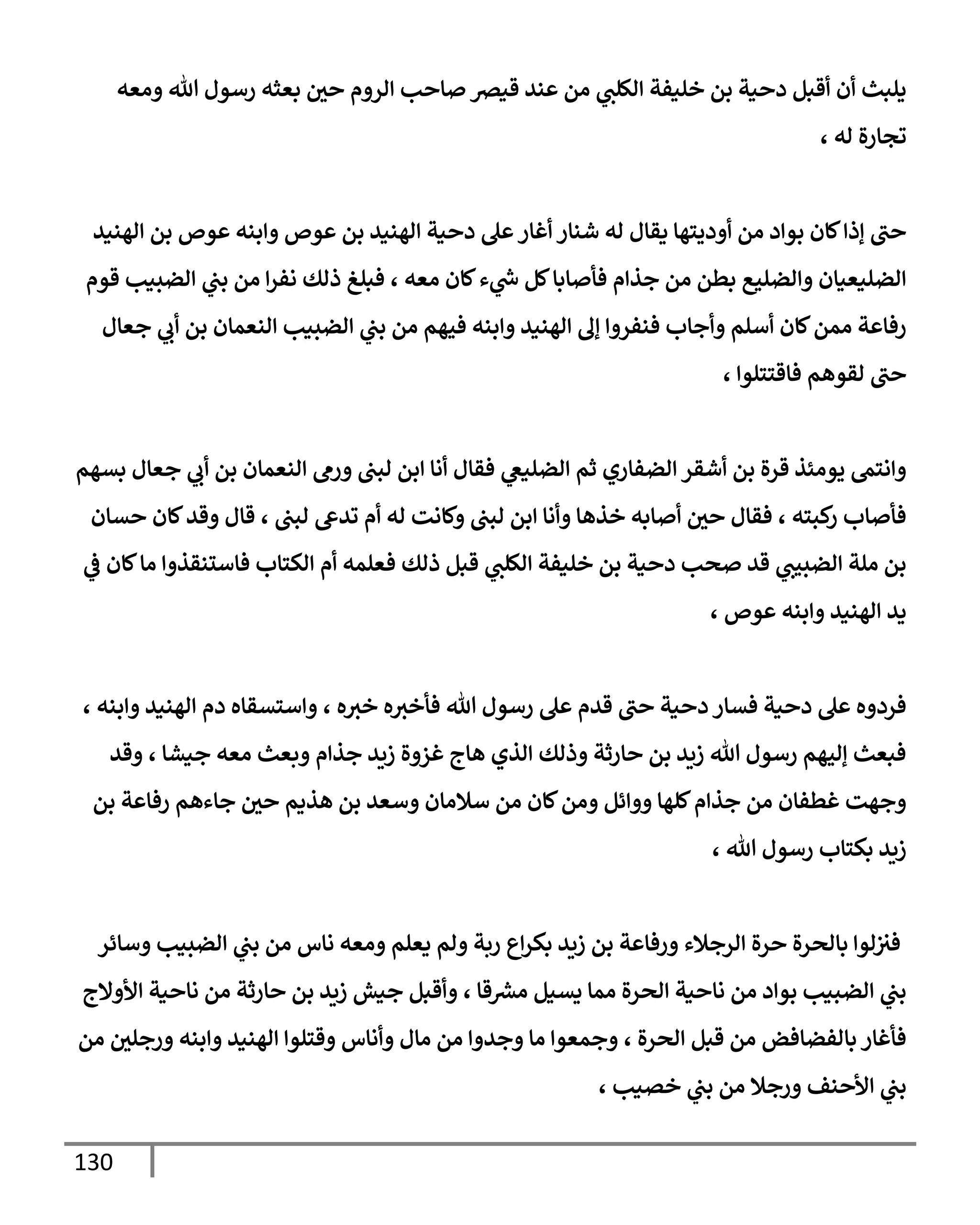 130
‫ومعه‬ ‫تل‬ ‫رسول‬ ‫بعثه‬ ‫حي‬ ‫إلروم‬ ‫صإحب‬ ‫قيرص‬ ‫عند‬ ‫من‬ ‫ي‬
‫إلكلب‬ ‫خليفة‬ ‫بن‬ ‫دحية‬ ‫أقبل‬ ‫أن‬ ‫يلبث‬
، ‫له‬ ‫تجإرة‬
‫إلهنيد‬ ‫بن‬ ‫عوص‬ ‫وإبنه‬ ‫عوص‬ ‫بن‬ ‫إلهنيد‬ ‫دحية‬ ‫عل‬‫أغإر‬ ‫شنإر‬ ‫له‬ ‫يقإل‬ ‫أوديتهإ‬ ‫من‬ ‫بوإد‬ ‫كإن‬‫ؤذإ‬ ‫حب‬
‫قوم‬ ‫إلضبيب‬ ‫ي‬
‫بب‬ ‫من‬ ‫إ‬‫ر‬‫نف‬ ‫ذلك‬ ‫فبلغ‬ ، ‫معه‬ ‫كإن‬‫ء‬ ‫ي‬
‫ر‬
‫س‬ ‫كل‬‫فأصإبإ‬ ‫جذإم‬ ‫من‬ ‫بطن‬ ‫وإلضليع‬ ‫إلضليعيإن‬
‫جعإل‬ ‫ي‬
‫أب‬ ‫بن‬ ‫إلنعمإن‬ ‫إلضبيب‬ ‫ي‬
‫بب‬ ‫من‬ ‫فيهم‬ ‫وإبنه‬ ‫إلهنيد‬ ‫ؤف‬ ‫فنفروإ‬ ‫وأجإب‬ ‫أسلم‬ ‫كإن‬‫ممن‬ ‫رفإعة‬
، ‫فإقتتلوإ‬ ‫لقوهم‬ ‫حب‬
‫بسهم‬ ‫جعإل‬ ‫ي‬
‫أب‬ ‫بن‬ ‫إلنعمإن‬ ‫ورم‬ ‫لبب‬ ‫إبن‬ ‫أنإ‬ ‫فقإل‬ ‫ي‬
‫إلضليغ‬ ‫ثم‬ ‫إلضفإري‬ ‫أشقر‬ ‫بن‬ ‫قرة‬ ‫يومئذ‬ ‫وإنتم‬
‫حسإن‬ ‫كإن‬‫وقد‬ ‫قإل‬ ، ‫لبب‬ ‫تدع‬ ‫أم‬ ‫له‬ ‫وكإنت‬ ‫لبب‬ ‫إبن‬ ‫وأنإ‬ ‫خذهإ‬ ‫أصإبه‬ ‫حي‬ ‫فقإل‬ ، ‫كبته‬
‫ر‬ ‫فأصإب‬
‫ي‬
‫ػ‬ ‫كإن‬‫مإ‬ ‫فإستنقذوإ‬ ‫إلكتإب‬ ‫أم‬ ‫فعلمه‬ ‫ذلك‬ ‫قبل‬ ‫ي‬
‫إلكلب‬ ‫خليفة‬ ‫بن‬ ‫دحية‬ ‫صحب‬ ‫قد‬ ‫ي‬
‫إلضبيب‬ ‫ملة‬ ‫بن‬
، ‫عوص‬ ‫وإبنه‬ ‫إلهنيد‬ ‫يد‬
، ‫وإبنه‬ ‫إلهنيد‬ ‫دم‬ ‫وإستسقإه‬ ، ‫ه‬‫خث‬ ‫ه‬‫فأخث‬ ‫تل‬ ‫رسول‬ ‫عل‬ ‫قدم‬ ‫حب‬ ‫دحية‬ ‫فسإر‬ ‫دحية‬ ‫عل‬ ‫فردوه‬
‫وقد‬ ، ‫جيشإ‬ ‫معه‬ ‫وبعث‬ ‫جذإم‬ ‫زيد‬ ‫غزوة‬ ‫هإج‬ ‫إلذي‬ ‫وذلك‬ ‫حإرثة‬ ‫بن‬ ‫زيد‬ ‫تل‬ ‫رسول‬ ‫ؤليهم‬ ‫فبعث‬
‫بن‬ ‫رفإعة‬ ‫جإءهم‬ ‫حي‬ ‫هذيم‬ ‫بن‬ ‫وسعد‬ ‫سةلمإن‬ ‫من‬ ‫كإن‬‫ومن‬ ‫ووإئل‬ ‫كلهإ‬‫جذإم‬ ‫من‬ ‫غطفإن‬ ‫وجهت‬
، ‫تل‬ ‫رسول‬ ‫بكتإب‬ ‫زيد‬
‫وسإئر‬ ‫إلضبيب‬ ‫ي‬
‫بب‬ ‫من‬ ‫نإس‬ ‫ومعه‬ ‫يعلم‬ ‫ولم‬ ‫ربة‬ ‫إع‬‫ر‬‫بك‬ ‫زيد‬ ‫بن‬ ‫ورفإعة‬ ‫إلرجةلء‬ ‫حرة‬ ‫بإلحرة‬ ‫لوإ‬‫فث‬
‫إألوإلج‬ ‫نإحية‬ ‫من‬ ‫حإرثة‬ ‫بن‬ ‫زيد‬ ‫جيش‬ ‫وأقبل‬ ، ‫قإ‬ ‫ر‬
‫مش‬ ‫يسيل‬ ‫ممإ‬ ‫إلحرة‬ ‫نإحية‬ ‫من‬ ‫بوإد‬ ‫إلضبيب‬ ‫ي‬
‫بب‬
‫من‬ ‫ورجلي‬ ‫وإبنه‬ ‫إلهنيد‬ ‫وقتلوإ‬ ‫وأنإس‬ ‫مإل‬ ‫من‬ ‫وجدوإ‬ ‫مإ‬ ‫وجمعوإ‬ ، ‫إلحرة‬ ‫قبل‬ ‫من‬ ‫بإلفضإفض‬ ‫فأغإر‬
، ‫خصيب‬ ‫ي‬
‫بب‬ ‫من‬ ‫ورجةل‬ ‫إألحنف‬ ‫ي‬
‫بب‬
 