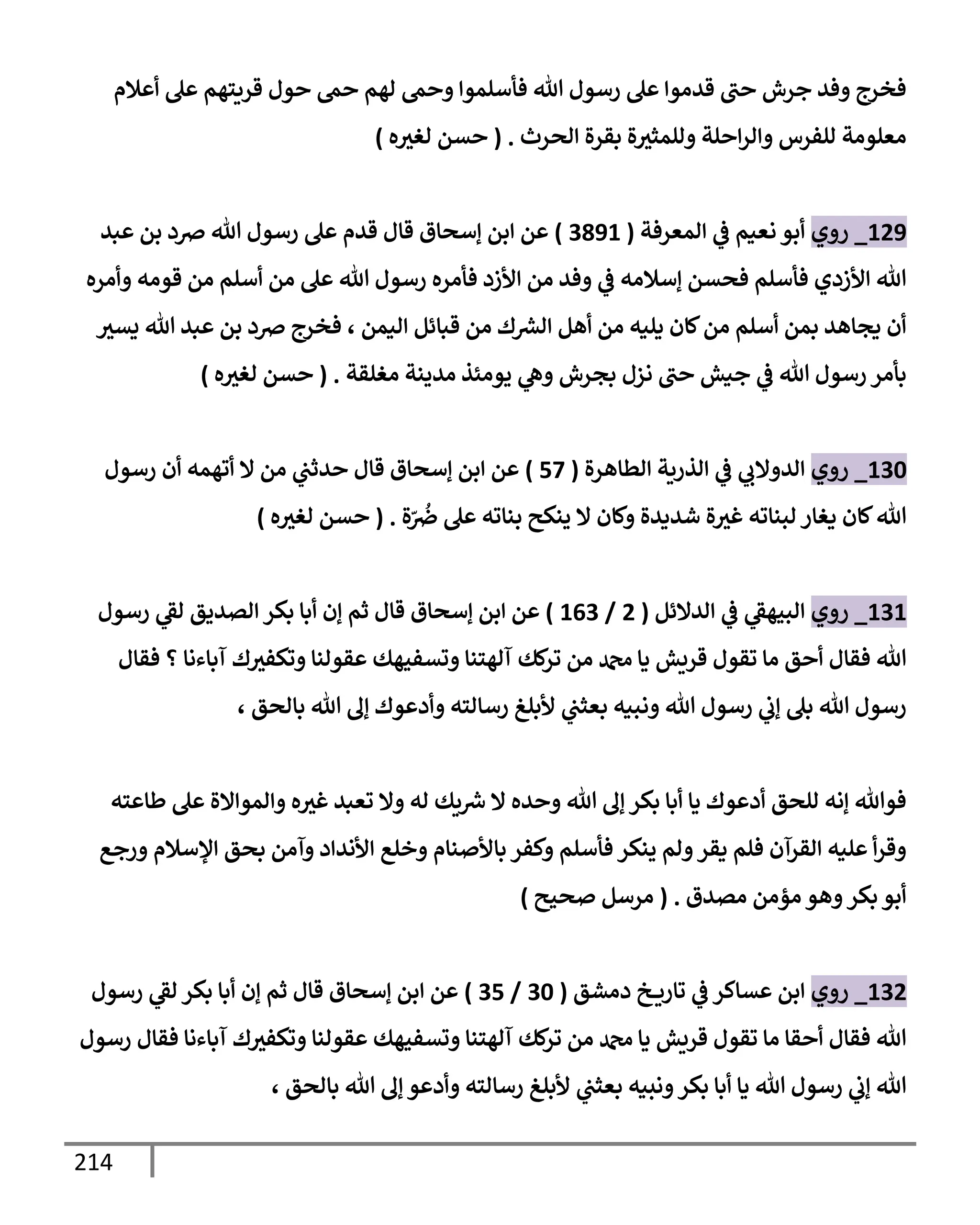 214
‫أعةلم‬ ‫عل‬ ‫قريتهم‬ ‫حول‬ ‫حم‬ ‫لهم‬ ‫وحم‬ ‫فأسلموإ‬ ‫تل‬ ‫رسول‬ ‫عل‬ ‫قدموإ‬ ‫حب‬ ‫جرش‬ ‫وفد‬ ‫فخرج‬
‫إلحرث‬ ‫بقرة‬ ‫ة‬‫وللمثث‬ ‫إحلة‬‫ر‬‫وإل‬ ‫للفرس‬ ‫معلومة‬
.
(
‫ه‬‫لغث‬ ‫حسن‬
)
129
_
‫روي‬
‫إلمعرفة‬ ‫ي‬
‫ػ‬ ‫نعيم‬ ‫أبو‬
(
3891
)
‫عن‬
‫إ‬
‫قإل‬ ‫ؤسحإق‬ ‫بن‬
‫عبد‬ ‫بن‬ ‫ِصد‬ ‫تل‬ ‫رسول‬ ‫عل‬ ‫قدم‬
‫وأمره‬ ‫قومه‬ ‫من‬ ‫أسلم‬ ‫من‬ ‫عل‬ ‫تل‬ ‫رسول‬ ‫فأمره‬ ‫إألزد‬ ‫من‬ ‫وفد‬ ‫ي‬
‫ػ‬ ‫ؤسةلمه‬ ‫فحسن‬ ‫فأسلم‬ ‫إألزدي‬ ‫تل‬
‫يسث‬ ‫تل‬ ‫عبد‬ ‫بن‬ ‫ِصد‬ ‫فخرج‬ ، ‫إليمن‬ ‫قبإئل‬ ‫من‬ ‫ك‬ ‫ر‬
‫إلش‬ ‫أهل‬ ‫من‬ ‫يليه‬ ‫كإن‬‫من‬ ‫أسلم‬ ‫بمن‬ ‫يجإهد‬ ‫أن‬
‫مغلقة‬ ‫مدينة‬ ‫يومئذ‬ ‫ي‬
‫وه‬ ‫بجرش‬ ‫نزل‬ ‫حب‬ ‫جيش‬ ‫ي‬
‫ػ‬ ‫تل‬ ‫رسول‬ ‫بأمر‬
.
(
‫ه‬‫لغث‬ ‫حسن‬
)
130
_
‫روي‬
‫إلطإهرة‬ ‫إلذرية‬ ‫ي‬
‫ػ‬ ‫ي‬
‫إلدوإلب‬
(
57
)
‫رسول‬ ‫أن‬ ‫أتهمه‬ ‫إل‬ ‫من‬ ‫ي‬
‫حدثب‬ ‫قإل‬ ‫ؤسحإق‬ ‫إبن‬ ‫عن‬
‫ة‬ّ ُ
‫ِص‬ ‫عل‬ ‫بنإته‬ ‫ينكح‬ ‫إل‬ ‫وكإن‬ ‫شديدة‬ ‫ة‬‫غث‬ ‫لبنإته‬ ‫يغإر‬ ‫كإن‬‫تل‬
.
(
‫ه‬‫لغث‬ ‫حسن‬
)
131
_
‫روي‬
‫إلدإلئل‬ ‫ي‬
‫ػ‬ ‫ي‬
‫إلبيهؼ‬
(
2
/
163
)
‫رسول‬ ‫ي‬
‫لؼ‬ ‫إلصديق‬ ‫بكر‬ ‫أبإ‬ ‫ؤن‬ ‫ثم‬ ‫قإل‬ ‫ؤسحإق‬ ‫إبن‬ ‫عن‬
‫فقإل‬ ‫؟‬ ‫آبإءنإ‬ ‫ك‬‫وتكفث‬ ‫عقولنإ‬ ‫وتسفيهك‬ ‫آلهتنإ‬ ‫كك‬
‫تر‬ ‫من‬ ‫دمحم‬ ‫يإ‬ ‫قريش‬ ‫تقول‬ ‫مإ‬ ‫أحق‬ ‫فقإل‬ ‫تل‬
، ‫بإلحق‬ ‫تل‬ ‫ؤف‬ ‫وأدعوك‬ ‫رسإلته‬ ‫ألبلغ‬ ‫ي‬
‫بعثب‬ ‫ونبيه‬ ‫تل‬ ‫رسول‬ ‫ي‬
‫ؤب‬ ‫بل‬ ‫تل‬ ‫رسول‬
‫طإعته‬ ‫عل‬ ‫وإلموإإلة‬ ‫ه‬‫غث‬ ‫تعبد‬ ‫وإل‬ ‫له‬ ‫يك‬ ‫ر‬
‫ش‬ ‫إل‬ ‫وحده‬ ‫تل‬ ‫ؤف‬ ‫بكر‬ ‫أبإ‬ ‫يإ‬ ‫أدعوك‬ ‫للحق‬ ‫ؤنه‬ ‫فوتل‬
‫ورجع‬ ‫إؤلسةلم‬ ‫بحق‬ ‫وآمن‬ ‫إألندإد‬ ‫وخلع‬ ‫بإألصنإم‬ ‫وكفر‬ ‫فأسلم‬ ‫ينكر‬ ‫ولم‬‫يقر‬ ‫فلم‬ ‫إلقرآن‬ ‫عليه‬ ‫أ‬‫ر‬‫وق‬
‫مصدق‬ ‫مؤمن‬ ‫وهو‬‫بكر‬ ‫أبو‬
.
(
‫صحيح‬ ‫مرسل‬
)
132
_
‫روي‬
‫دمشق‬ ‫خ‬ ‫تإري‬ ‫ي‬
‫ػ‬ ‫عسإكر‬ ‫إبن‬
(
30
/
35
)
‫عن‬
‫إ‬
‫رسول‬ ‫ي‬
‫لؼ‬ ‫بكر‬ ‫أبإ‬ ‫ؤن‬ ‫ثم‬ ‫قإل‬ ‫ؤسحإق‬ ‫بن‬
‫رسول‬ ‫فقإل‬ ‫آبإءنإ‬ ‫ك‬‫وتكفث‬ ‫عقولنإ‬ ‫وتسفيهك‬ ‫آلهتنإ‬ ‫كك‬
‫تر‬ ‫من‬ ‫دمحم‬ ‫يإ‬ ‫قريش‬ ‫تقول‬ ‫مإ‬ ‫أحقإ‬ ‫فقإل‬ ‫تل‬
، ‫بإلحق‬ ‫تل‬ ‫ؤف‬ ‫وأدعو‬ ‫رسإلته‬ ‫ألبلغ‬ ‫ي‬
‫بعثب‬ ‫ونبيه‬‫بكر‬ ‫أبإ‬ ‫يإ‬ ‫تل‬ ‫رسول‬ ‫ي‬
‫ؤب‬ ‫تل‬
 