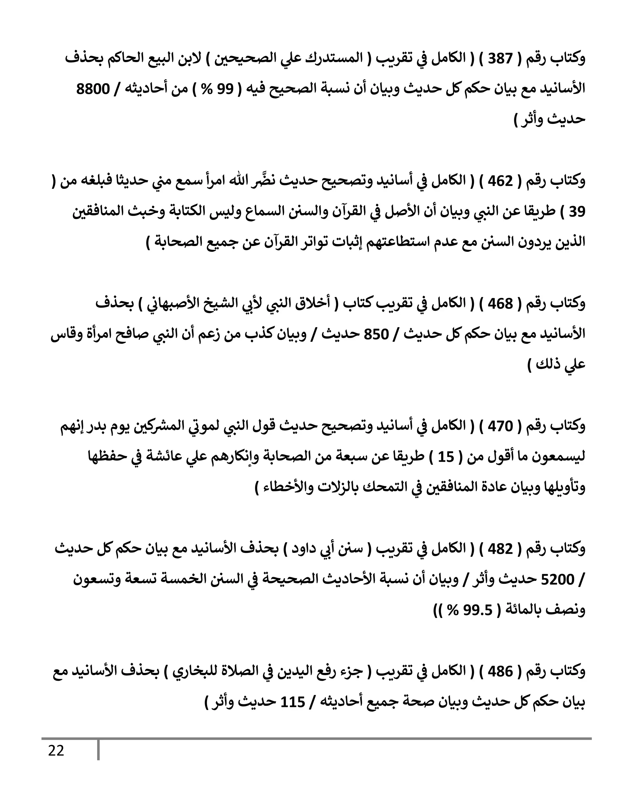 22
‫رقم‬ ‫وكتإب‬
(
387
( )
‫تقريب‬ ‫ي‬
‫ػ‬ ‫إلكإمل‬
(
‫إلصحيحي‬ ‫ي‬
‫عل‬ ‫إلمستدرك‬
)
‫بحذف‬ ‫إلحإكم‬ ‫إلبيع‬ ‫إلبن‬
‫فيه‬ ‫إلصحيح‬ ‫نسبة‬ ‫أن‬ ‫وبيإن‬ ‫حديث‬ ‫كل‬‫حكم‬ ‫بيإن‬ ‫مع‬ ‫إألسإنيد‬
(
99
%
)
‫أحإديثه‬ ‫من‬
/
8800
‫حديث‬
‫وأثر‬
)
‫رقم‬ ‫وكتإب‬
(
462
)
(
‫من‬ ‫فبلغه‬ ‫حديثإ‬ ‫ي‬
‫مب‬ ‫سمع‬ ‫أ‬‫ر‬‫إم‬ ‫تل‬
َّ
‫نرص‬ ‫حديث‬ ‫وتصحيح‬ ‫أسإنيد‬ ‫ي‬
‫ػ‬ ‫إلكإمل‬
(
39
)
‫إلمنإفقي‬ ‫وخبث‬ ‫إلكتإبة‬ ‫وليس‬ ‫إلسمإع‬ ‫وإلسي‬ ‫إلقرآن‬ ‫ي‬
‫ػ‬ ‫إألصل‬ ‫أن‬ ‫وبيإن‬ ‫ي‬
‫إلنب‬ ‫عن‬ ‫طريقإ‬
‫إلصحإبة‬ ‫جميع‬ ‫عن‬ ‫إلقرآن‬ ‫توإتر‬ ‫ؤثبإت‬ ‫إستطإعتهم‬ ‫عدم‬ ‫مع‬ ‫إلسي‬ ‫يردون‬ ‫إلذين‬
)
‫رقم‬ ‫وكتإب‬
(
468
)
(
‫كتإب‬‫تقريب‬ ‫ي‬
‫ػ‬ ‫إلكإمل‬
(
‫ي‬
‫إألصبهإب‬ ‫إلشيخ‬ ‫ي‬
‫ألب‬ ‫ي‬
‫إلنب‬ ‫أخةلق‬
)
‫بحذف‬
‫حديث‬ ‫كل‬‫حكم‬ ‫بيإن‬ ‫مع‬ ‫إألسإنيد‬
/
850
‫حديث‬
/
‫وقإس‬ ‫أة‬‫ر‬‫إم‬ ‫صإفح‬ ‫ي‬
‫إلنب‬ ‫أن‬ ‫زعم‬ ‫من‬ ‫كذب‬‫وبيإن‬
‫ذلك‬ ‫ي‬
‫عل‬
)
‫رقم‬ ‫وكتإب‬
(
470
)
(
‫ؤنهم‬ ‫بدر‬ ‫يوم‬ ‫كي‬ ‫ر‬
‫إلمش‬ ‫ي‬
‫لموب‬ ‫ي‬
‫إلنب‬ ‫قول‬ ‫حديث‬ ‫وتصحيح‬ ‫أسإنيد‬ ‫ي‬
‫ػ‬ ‫إلكإمل‬
‫من‬ ‫أقول‬ ‫مإ‬ ‫ليسمعون‬
(
15
)
‫حفظهإ‬ ‫ي‬
‫ػ‬ ‫عإئشة‬ ‫ي‬
‫عل‬ ‫وإنكإرهم‬ ‫إلصحإبة‬ ‫من‬ ‫سبعة‬ ‫عن‬ ‫طريقإ‬
‫وإألخطإء‬ ‫بإلزإلت‬ ‫إلتمحك‬ ‫ي‬
‫ػ‬ ‫إلمنإفقي‬ ‫عإدة‬ ‫وبيإن‬ ‫وتأويلهإ‬
)
‫رقم‬ ‫وكتإب‬
(
482
)
(
‫تقريب‬ ‫ي‬
‫ػ‬ ‫إلكإمل‬
(
‫دإود‬ ‫ي‬
‫أب‬ ‫سي‬
)
‫حديث‬ ‫كل‬‫حكم‬ ‫بيإن‬ ‫مع‬ ‫إألسإنيد‬ ‫بحذف‬
/
5200
‫وأثر‬ ‫حديث‬
/
‫وتسعون‬ ‫تسعة‬ ‫إلخمسة‬ ‫إلسي‬ ‫ي‬
‫ػ‬ ‫إلصحيحة‬ ‫إألحإديث‬ ‫نسبة‬ ‫أن‬ ‫وبيإن‬
‫بإلمإئة‬ ‫ونصف‬
(
99.5
)) %
‫رقم‬ ‫وكتإب‬
(
486
)
(
‫تقريب‬ ‫ي‬
‫ػ‬ ‫إلكإمل‬
(
‫للبخإري‬ ‫إلصةلة‬ ‫ي‬
‫ػ‬ ‫إليدين‬ ‫رفع‬ ‫جزء‬
)
‫مع‬ ‫إألسإنيد‬ ‫بحذف‬
‫أحإديثه‬ ‫جميع‬ ‫صحة‬ ‫وبيإن‬ ‫حديث‬ ‫كل‬‫حكم‬ ‫بيإن‬
/
115
‫وأثر‬ ‫حديث‬
)
 